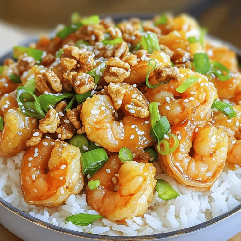 To make honey walnut shrimp, gather these key items: - 1 lb large shrimp, peeled and deveined - 1 cup walnuts - 1/2 cup mayonnaise - 1/4 cup honey - 1 tablespoon lemon juice - 1 teaspoon soy sauce - 1 cup cornstarch - Salt and pepper to taste - Oil for frying These ingredients work together to create the sweet and creamy sauce that coats the shrimp. For added flavor, consider these seasonings: - A pinch of garlic powder - A dash of cayenne pepper for heat These seasonings can make your dish pop with flavor and excite your taste buds. To make your dish look even more appealing, try these garnishes: - Green onions, sliced - Sesame seeds These simple touches not only enhance the look but also add extra taste and texture. Start by boiling water in a small saucepan. Add 1 cup of walnuts. Boil them for 2 to 3 minutes. This helps remove bitterness. Drain the walnuts and place them in a dry pan. Toast them over medium heat until they turn golden and smell nice. This step adds crunch and flavor. Set the walnuts aside to cool. Grab a bowl and add 1/2 cup of mayonnaise. Next, pour in 1/4 cup of honey. Add 1 tablespoon of lemon juice and 1 teaspoon of soy sauce. Whisk these ingredients together until they blend well. This sauce gives the dish its sweet and creamy taste. Take 1 pound of large shrimp, peeled and deveined. Pat them dry with paper towels to remove moisture. Season the shrimp with salt and pepper. Then, dredge each shrimp in 1 cup of cornstarch. Shake off any extra cornstarch. This creates a crispy coating when fried. Heat oil in a large skillet or wok over medium-high heat. The oil should cover the bottom of the pan. Once it's hot, add the shrimp in batches. Fry each batch for about 2 to 3 minutes per side until they are golden brown. Use a slotted spoon to remove them and place them on a paper towel-lined plate. This helps drain the excess oil. In a large mixing bowl, toss the fried shrimp with the honey sauce. Make sure all the shrimp are coated well. Then, add the toasted walnuts and gently mix them in. This step brings together all the flavors in the dish. To serve, place the honey walnut shrimp on a large dish. Drizzle extra sauce over the top for added flavor. Garnish with sliced green onions and a sprinkle of sesame seeds. This adds color and a nice crunch. Serve it over fluffy rice or alongside steamed broccoli for a complete meal. To get that perfect taste, focus on fresh shrimp. Buy large shrimp for a nice bite. Use high-quality mayonnaise for the sauce. A mix of honey and lemon juice brings bright flavors. For a richer taste, add a bit more soy sauce. Adjust honey to make it sweeter or less sweet, based on your liking. Toss the shrimp in the sauce just before serving to keep them crisp. Frying shrimp can be tricky. Start with dry shrimp; this helps them fry well. Coat them evenly in cornstarch and shake off the extra. Use enough oil in the pan to keep the shrimp afloat. Heat the oil until it shimmers; this means it's ready. Fry shrimp in small batches to avoid steaming. Cook each side for about 2-3 minutes until golden brown. Drain them on paper towels to remove excess oil. You can switch walnuts for cashews or almonds for a new flavor. If you want a bit of heat, add a pinch of red pepper flakes to the sauce. For a lighter version, swap mayonnaise with Greek yogurt. You can also use shrimp with the shells on for more flavor. If you want a twist, try adding pineapple chunks with the sauce. This gives a sweet and tangy touch, making the dish even more delightful! {{image_2}} You can switch shrimp for other proteins. Chicken is a great choice. Use boneless chicken breast or thigh. Cut it into bite-sized pieces. Beef is another option. Thinly slice flank steak and follow the same steps. Tofu is perfect for a vegetarian version. Press and cube firm tofu. This way, you can enjoy a tasty meal regardless of your diet. The sauce in this dish is key. You can change it up for fun. For a spicy kick, add Sriracha or chili paste. This will give your dish a zesty flavor. Want it sweeter? Increase the honey to suit your taste. You can also use Greek yogurt instead of mayonnaise. This makes the sauce lighter but still creamy. If you want a lighter meal, try these tips. Use air frying instead of deep frying. It gives a crispy texture without the extra oil. You can also swap walnuts for almonds or pecans. They both add a nice crunch. Using less honey can cut down on sugar too. This way, you still enjoy flavor without extra calories. To store your honey walnut shrimp, let it cool first. Place it in an airtight container. The shrimp stays fresh in the fridge for up to three days. Keep the sauce separate to prevent sogginess. This way, it will taste great when you reheat it. To reheat, use a skillet over medium heat. Add a splash of water or oil to keep it moist. Cook until heated through, about 5 minutes. You can also reheat in the microwave. Use a microwave-safe dish and cover it. Heat for 1-2 minutes, stirring halfway. If you want to freeze it, do so without the sauce. Place the shrimp in a freezer-safe bag. It will last up to three months. To thaw, move it to the fridge overnight. Reheat it after thawing for the best taste. I recommend using large shrimp for this dish. They hold up well during cooking and have a great texture. You can use shrimp that is peeled and deveined to save time. Fresh shrimp is best, but frozen shrimp works too. Just make sure to thaw it fully before cooking. Yes, you can prep the sauce and nuts ahead of time. Store the sauce in the fridge for up to two days. Keep the walnuts in an airtight container at room temperature. Cook the shrimp just before serving to keep them crispy. This dish pairs well with fluffy rice or steamed vegetables. I love serving it over jasmine rice. You can also add a side of broccoli or snap peas for color and crunch. A fresh salad would be great too! To keep the shrimp crispy, place them on a wire rack after frying. This allows air to circulate around them. Avoid stacking them on a plate, as this can make them soggy. Serve immediately after coating in sauce for the best crunch. In this post, we covered key ingredients to make honey walnut shrimp. You learned how to prepare walnuts, make a sauce, and fry shrimp perfectly. We shared tips for great flavors and offered healthier options. Remember to store leftovers properly for the best taste later. With these steps and variations, you can enjoy a delicious dish any time. Now, grab your ingredients and get cooking!