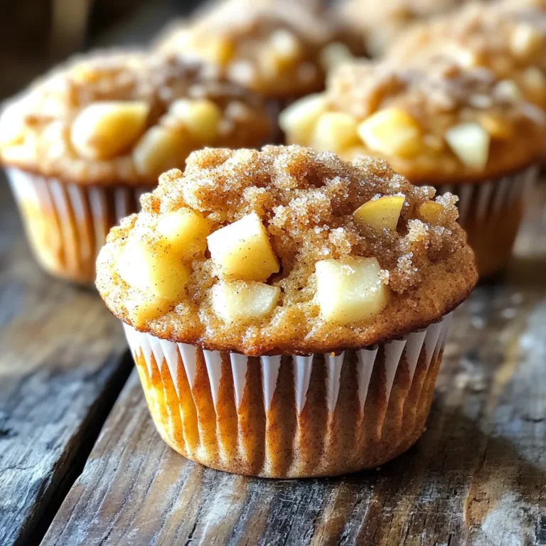 To make these tasty muffins, gather the following: - 2 cups all-purpose flour - 1 cup brown sugar, packed - 1/2 cup granulated sugar - 1 tablespoon baking powder - 1/2 teaspoon baking soda - 1/2 teaspoon salt - 1 teaspoon ground cinnamon - 1/2 teaspoon ground nutmeg - 1/2 cup unsalted butter, melted - 1 large egg - 1 cup buttermilk (or milk + 1 tablespoon vinegar) - 1 teaspoon vanilla extract - 2 cups apples, peeled, cored, and chopped (about 2 medium apples) - 1/4 cup chopped walnuts or pecans (optional) - Extra brown sugar for topping Enhance your muffins with these options: - Chopped walnuts or pecans for crunch - A pinch of ginger for warmth - Dried cranberries for a tart kick You can swap ingredients if needed: - Use whole wheat flour instead of all-purpose flour for a healthier option. - Substitute coconut oil for butter for a dairy-free choice. - Replace brown sugar with coconut sugar for a different flavor. - Use almond milk or soy milk instead of buttermilk for a vegan version. These ingredients will create a rich and flavorful muffin that is moist and satisfying. Start by preheating your oven to 350°F (175°C). This step helps the muffins bake evenly. While the oven heats, line your muffin tin with paper liners. If you don’t have liners, lightly grease the tin with a bit of butter or oil. This will keep the muffins from sticking. In a large bowl, add 2 cups of all-purpose flour. Then, add 1 cup of packed brown sugar and ½ cup of granulated sugar. Next, mix in 1 tablespoon of baking powder, ½ teaspoon of baking soda, ½ teaspoon of salt, 1 teaspoon of ground cinnamon, and ½ teaspoon of ground nutmeg. Whisk these ingredients together until they are well combined. This step is key to getting a good rise and flavor. In a separate bowl, pour in ½ cup of melted unsalted butter. Crack in 1 large egg and add 1 cup of buttermilk. If you don’t have buttermilk, mix 1 tablespoon of vinegar with regular milk. Finally, add 1 teaspoon of vanilla extract. Whisk these ingredients together until they are smooth and fully blended. Slowly pour the wet mixture into the dry ingredients. Use a spatula or a wooden spoon to stir gently. Mix until just combined; you don’t want to overmix. Overmixing can make your muffins tough. Now, fold in 2 cups of chopped apples and ¼ cup of chopped walnuts or pecans if you like. Use a spoon to distribute the apples and nuts evenly in the batter. Then, scoop the batter into your prepared muffin tin. Fill each cup about ¾ full. This allows room for the muffins to rise. Sprinkle a little extra brown sugar on top of each muffin for a sweet, crunchy topping. Place the muffin tin in the preheated oven and bake for 20 to 25 minutes. To check if they're done, insert a toothpick into the center of a muffin. If it comes out clean, your muffins are ready. Once baked, let them cool for 5 minutes in the tin before moving them to a wire rack to cool completely. Enjoy the delightful aroma filling your kitchen! To get the best muffin texture, follow these simple steps. First, measure your flour correctly. Use the spoon-and-level method to avoid packing it down. Too much flour makes muffins dry. Mixing the batter should be gentle. Overmixing can lead to tough muffins. Aim for just combined ingredients. Finally, fill your muffin cups to about 3/4 full. This allows room for rising while keeping them moist. Adding spices makes your muffins taste amazing. Ground cinnamon is a must for warmth. Nutmeg adds a nice touch of sweetness. You can also try adding ginger for a bit of spice. Experiment with different amounts to find your favorite flavor blend. Spices not only enhance taste but also make your kitchen smell delightful while baking. Using fresh apples gives your muffins a great texture and flavor. Choose firm apples like Granny Smith or Honeycrisp for the best results. If you use canned apples, drain them well to avoid extra moisture. Fresh apples add crunch, while canned apples can make muffins softer. Both work, but fresh apples are my top choice for that just-picked taste. {{image_2}} You can make these muffins even more tasty by adding nuts or dried fruits. Try using walnuts or pecans for a nice crunch. You can also add raisins or dried cranberries for extra sweetness. Just fold in about 1/4 cup of your choice into the batter. This small change can make a big difference in flavor. To make gluten-free muffins, swap the all-purpose flour with a gluten-free blend. Check the blend for a good rise. For a vegan option, replace the egg with a flax egg or applesauce. Use plant-based milk instead of buttermilk. These swaps help you keep the delicious taste while fitting your diet. Toppings can take your muffins to the next level. Try adding a crumb topping made from flour, brown sugar, and butter. You can also sprinkle oats for a nutty flavor. A drizzle of honey or maple syrup adds a sweet finish. Get creative and find a topping you love! To keep your Bakery-Style Brown Sugar Apple Muffins fresh, store them in an airtight container. This prevents them from drying out or becoming stale. Place a paper towel in the container to absorb any moisture. This helps keep your muffins soft and fluffy. Want to save your muffins for later? You can freeze them! First, let the muffins cool completely. Wrap each muffin in plastic wrap. Then, place them in a freezer-safe bag. They will stay good for up to three months. When ready to enjoy, simply take one out and reheat it in the microwave for about 30 seconds. You can also bake them at 350°F until warmed through. These muffins are best enjoyed fresh, but they can last a few days. At room temperature, they stay fresh for about 2 to 3 days. If you keep them in the fridge, they can last up to a week. Always check for any signs of spoilage before eating. If they seem dry or hard, it’s time to toss them. Enjoying them at their best will make every bite delicious! Yes, you can use white sugar instead of brown sugar. It will change the flavor. You can also mix both sugars for a nice balance. Coconut sugar is another option, but it may alter the muffin's texture and taste. You can make your own buttermilk easily. Just mix one cup of milk with one tablespoon of vinegar. Let it sit for five minutes. This will give you a similar taste and texture. The best way to check is with a toothpick. Insert it into the center of a muffin. If it comes out clean, your muffins are ready. They should also be golden brown on top. Yes, you can add more apples if you like. Just make sure the batter is not too wet. Extra apples will add moisture and flavor, so adjust other ingredients if needed. Absolutely! You can use a mini muffin tin instead. Just reduce the baking time to about 12-15 minutes. Check with a toothpick to see if they are done. In this blog post, we covered all you need to bake muffins. We discussed essential and optional ingredients, plus tasty substitutions. You learned step-by-step instructions for prepping, mixing, and baking. I shared tips for texture and flavor and detailed storage methods to keep muffins fresh. Finally, we explored variations to make your muffins unique. With these insights, you can easily bake delicious muffins that suit your taste and needs. Enjoy the process, and have fun creating!