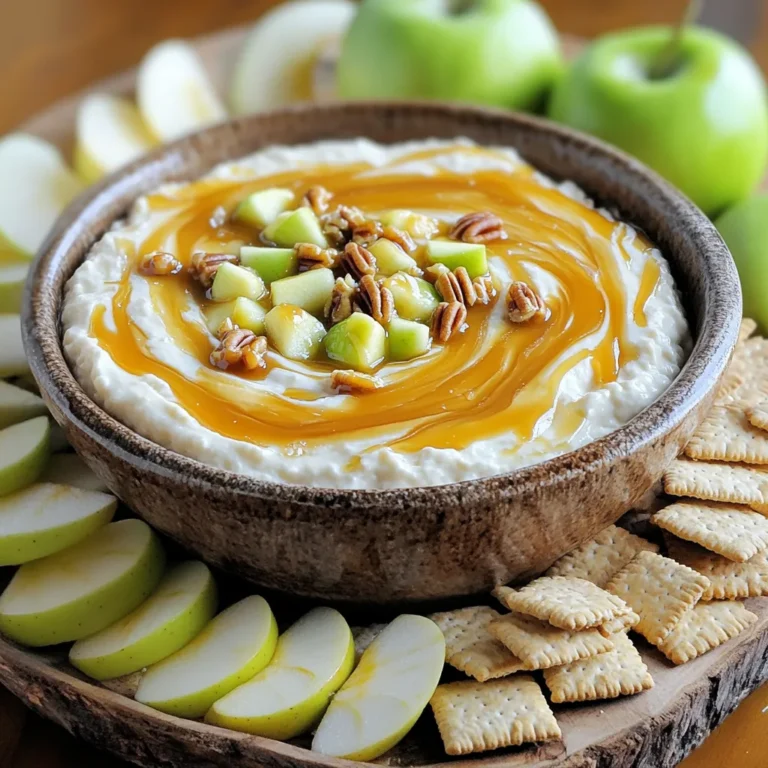 To make this caramel apple cheesecake dip, you need: - 1 package (8 oz) cream cheese, softened - 1/2 cup powdered sugar - 1/2 cup sour cream - 1 teaspoon vanilla extract - 1/2 teaspoon ground cinnamon - 1 large apple, diced (like Granny Smith or Honeycrisp) - 1/4 cup caramel sauce (store-bought or homemade) - 1/4 cup chopped nuts (pecans or walnuts) Each ingredient plays a key role in the flavor and texture of the dip. The cream cheese adds a rich creaminess. The powdered sugar adds sweetness, balancing the tanginess of the sour cream. Vanilla extract gives a nice warm note. Ground cinnamon adds a hint of spice, enhancing the apple flavor. The diced apple brings freshness, while the caramel sauce adds sweetness and a lovely sticky texture. Finally, chopped nuts provide crunch. For dipping, I recommend using: - Graham crackers - Sliced apples - Pretzel sticks These options add variety and fun. You can mix and match to find your favorite. Each one pairs well with the dip's creamy texture and sweet flavor. To start making the dip, grab a medium bowl. Beat the softened cream cheese with an electric mixer until it’s smooth and creamy. This step is key to a nice texture. Next, add the powdered sugar, sour cream, vanilla extract, and ground cinnamon to the bowl. Mix everything on low speed until it’s well combined and fluffy. This gives your dip a sweet and creamy base. Now it’s time to add in the fun stuff! Gently fold in the diced apple. I like using Granny Smith or Honeycrisp apples for their crispness and flavor. Make sure they are evenly spread throughout the mix. Then, drizzle the caramel sauce over the top of the mixture. Use a spatula to swirl it slightly. This creates a lovely marbled effect that looks great. Finally, sprinkle the chopped nuts over the top. This adds a nice crunch to every bite. Transfer the cheesecake dip to a serving bowl. You can serve it right away or chill it in the fridge for up to 2 hours. If you decide to chill it, remember to give it a quick stir before serving. For a fun touch, arrange graham crackers and apple slices around the dip on a platter. You can also drizzle some extra caramel sauce around the dip for a beautiful presentation. Enjoy this treat with family and friends! To get a creamy dip, use softened cream cheese. Beat it well until smooth. Mixing in sour cream makes it fluffy. Don’t overmix once you add the apples. This keeps the dip thick and rich. For a deeper taste, try adding more cinnamon. You can also use different extracts, like almond. Mixing in a little lemon juice brightens the flavor. For extra sweetness, drizzle more caramel sauce on top. Serve the dip in a large bowl. Arrange graham crackers and apple slices around it. Drizzle extra caramel sauce over the top. A sprinkle of cinnamon adds a nice touch. You can even use caramel apples for a fun twist! {{image_2}} You can change the fruit in this dip based on the season. In fall, try using diced pears or even dried cranberries for a unique twist. In summer, fresh berries like strawberries or blueberries add a burst of flavor. Each fruit brings its own taste and texture, making the dip fun and fresh all year long. Nuts add crunch and flavor. Pecans and walnuts work great, but you can also experiment. Try almonds for a light taste or hazelnuts for a rich flavor. You can even skip the nuts if you prefer a smoother dip. Just remember, the choice of nuts can change the whole vibe of your dish. If you want a healthier option, swap out the powdered sugar. Maple syrup or honey can sweeten the dip nicely. You can even use stevia or monk fruit for a low-calorie choice. Adjust the amount to your taste, but be careful! Too much sweetener might change the texture. To keep your caramel apple cheesecake dip fresh, store it in an airtight container. This prevents air from making it dry or change the taste. If you used graham crackers, keep them in a separate bag. This way, they stay crunchy. The dip can last for up to three days in the fridge. After that, it may lose its creamy taste and texture. When you take it out, check for any changes in smell or look. If it seems off, it's best to throw it away. You don’t need to heat this dip. It's best served cold or at room temperature. If you want it a bit softer, let it sit out for about 15 minutes before serving. Stir it gently to bring back that creamy texture. Enjoy it with fresh apple slices or crackers for dipping! Yes, you can make this dip ahead of time. Prepare it and store it in the fridge. It stays fresh for up to two hours before serving. If you chill it longer, stir it again for a smooth texture. This dip is great for parties, so prepping ahead helps you enjoy the fun. I love using Granny Smith or Honeycrisp apples. Granny Smith adds a nice tartness, while Honeycrisp offers sweetness and crunch. Both types hold their shape well when diced. You can mix different apples for a fun twist. The contrast in flavors makes the dip even tastier! Making this dip gluten-free is easy! All the ingredients are naturally gluten-free. Just choose gluten-free graham crackers for dipping. Fresh apple slices are also a great option. This way, everyone can enjoy this delightful treat without worry. In this article, we covered how to make a tasty caramel apple dip. We discussed the essential ingredients and their measurements. You learned step-by-step instructions and helpful tips for the best flavor and texture. We explored fun variations and storage guidelines. This dip is great for any occasion. Now you can impress your friends and family with your skills! Enjoy your delicious creation and have fun sharing it.