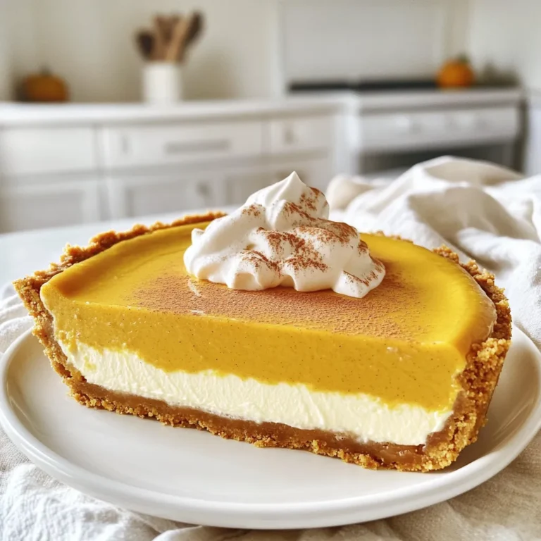 For a delicious Pumpkin Pie Hybrid Cheesecake, you will need: - 1 ½ cups graham cracker crumbs - ⅓ cup unsalted butter, melted - 2 tablespoons sugar - 16 oz cream cheese, softened - 1 cup pure pumpkin puree - 1 cup sugar (divided) - 3 large eggs - 1 teaspoon vanilla extract - 1 teaspoon ground cinnamon - ½ teaspoon ground nutmeg - ½ teaspoon ground ginger - ¼ teaspoon salt - 1 cup sour cream These ingredients create a rich and creamy cheesecake that has the warm flavors of pumpkin pie. The cream cheese blends perfectly with the spices and pumpkin, making each bite truly special. To dress up your cheesecake, consider these tasty garnishes: - Whipped cream - Ground cinnamon - Chopped nuts, such as pecans or walnuts - Caramel sauce - Dark chocolate shavings These garnishes add flavor and a beautiful touch to your dessert. You can mix and match to find your favorite combination! If you need to make changes, here are some great swaps: - Use coconut oil instead of unsalted butter for a dairy-free option. - Swap the sugar for a sugar substitute if you want a low-sugar version. - Use Greek yogurt instead of sour cream for added protein. - For gluten-free, use gluten-free graham crackers. These substitutions keep the taste and texture while fitting your needs. Enjoy making this cheesecake your own! Start by preheating your oven to 325°F (160°C). In a mixing bowl, combine 1 ½ cups of graham cracker crumbs, ⅓ cup of melted unsalted butter, and 2 tablespoons of sugar. Stir the mixture until it looks like wet sand. Press it firmly into the bottom and slightly up the sides of a 9-inch springform pan. This forms the crust. Bake it for 10 minutes, then take it out and let it cool. In a large mixing bowl, beat together 16 oz of softened cream cheese and 1 cup of sugar until smooth. Next, add 1 cup of pure pumpkin puree, 3 large eggs, 1 teaspoon of vanilla extract, 1 teaspoon of ground cinnamon, ½ teaspoon of ground nutmeg, ½ teaspoon of ground ginger, and ¼ teaspoon of salt. Mix everything until it is fully combined and smooth. Gently fold in 1 cup of sour cream into the pumpkin mixture. This adds creaminess to your cheesecake. Then, pour the pumpkin filling over the cooled crust in the springform pan. Use a spatula to spread it evenly. Bake the cheesecake for about 50-60 minutes. The center should be set but still slightly jiggly. It will firm up while cooling. Once baked, turn off the oven and let the cheesecake cool inside for 1 hour. This helps prevent cracks. After that, take it out and refrigerate for at least 4 hours, or better yet, overnight. Before serving, you can add whipped cream or a dusting of cinnamon on top. Carefully release the sides of the springform pan and slice the cheesecake into wedges. Enjoy your delightful creation! To keep your cheesecake smooth and crack-free, follow these steps. First, bake your cheesecake in a water bath. This helps keep the heat even. Place your springform pan in a larger pan filled with hot water. Second, avoid overmixing the filling. Mix just until smooth. Overmixing can add too much air, which causes cracks. Lastly, let your cheesecake cool slowly in the oven. After baking, turn off the oven and leave the door ajar. This gradual cooling helps prevent sudden temperature changes. Baking time is key for a great cheesecake. Bake at 325°F (160°C) for 50-60 minutes. Check for doneness by looking for a slightly jiggly center. The edges should be set, but the middle can still wiggle a bit. If it looks too firm, it may be overbaked. Remember, it will firm up while cooling. Always set a timer to avoid overbaking. Each oven is different, so check your cheesecake a bit early if unsure. To keep your cheesecake fresh, store it in the fridge. Use an airtight container or cover it with plastic wrap. This prevents it from drying out. Your cheesecake will stay good for about five days in the fridge. If you want to keep it longer, consider freezing it. Wrap each slice tightly in plastic wrap and then in foil. This way, it can last up to three months. When you’re ready to enjoy it, let it thaw in the fridge overnight. {{image_2}} You can make your Pumpkin Pie Hybrid Cheesecake even better with fun flavors. Try adding chocolate or maple syrup to the filling. A swirl of caramel on top adds a sweet touch. You can also mix in chopped nuts for added crunch. Want a spicy kick? Add a pinch of cayenne pepper or some cloves. Each choice will change the flavor, making it unique and tasty. If you need a gluten-free dessert, you can easily adjust this recipe. Use gluten-free graham crackers for the crust. You can find these in most grocery stores. Check the labels to ensure they are gluten-free. This way, everyone can enjoy a slice without worry. The rest of the ingredients are naturally gluten-free, so you are good to go! Not a fan of graham crackers? You can try other crusts. A cookie crust made from crushed ginger snaps or Oreo cookies works well. You can also use a nut crust made from almonds or pecans. For a lighter option, consider a crust made from oats. Each crust will change the taste and texture, giving you new ways to enjoy this cheesecake. Store your pumpkin pie hybrid cheesecake in the fridge. Cover it tightly with plastic wrap or foil. This keeps it fresh for up to five days. The cool air helps maintain its creamy texture. Always slice pieces as needed to avoid air exposure. You can freeze leftovers for later enjoyment. First, wrap the cheesecake tightly in plastic wrap. Then, place it in an airtight container or freezer bag. It will keep well for up to three months. Thaw it in the fridge overnight before serving. This helps preserve its texture. To reheat, place slices on a microwave-safe plate. Heat them for 15-30 seconds at low power. This warms the cheesecake without cooking it further. You can also enjoy it cold, as the flavors shine through. If you prefer, add fresh whipped cream just before serving. Yes, you can make this cheesecake ahead of time. It tastes great after chilling. I suggest making it a day before your event. This gives the flavors time to meld. Just keep it covered in the fridge until you are ready to serve. If you need a substitute for sour cream, try using Greek yogurt. It works well and has a similar texture. You can also use cream cheese for a richer taste. Just remember to adjust the flavor a bit, as these options may change the taste slightly. To check if your cheesecake is done, look for a slight jiggle in the center. The edges should be set while the middle looks a bit soft. It will firm up as it cools. Use a toothpick to test; if it comes out clean from the edges, it’s ready! You can use a different size pan, but baking times will change. If you use a smaller pan, the cheesecake will need less time. For a larger pan, it may need more time. Always keep an eye on it while baking to avoid overcooking. In this post, we explored essential ingredients, step-by-step instructions, and helpful tips for your cheesecake. You learned how to prevent cracks, store leftovers, and try fun flavor variations. Remember, making cheesecake is about balance and patience. Follow these steps for a delicious dessert. With practice, your cheesecake will impress everyone. Enjoy your baking journey!