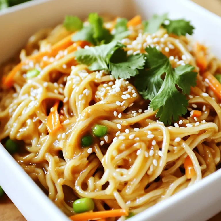 - 8 oz spaghetti or noodles of your choice - 1/4 cup sesame oil - 1/4 cup soy sauce - 2 tablespoons rice vinegar - 2 tablespoons honey or maple syrup - 1 tablespoon fresh ginger, minced - 2 cloves garlic, minced - 1/4 teaspoon red pepper flakes - 1/4 cup green onions, sliced - 1/2 cup shredded carrots - 2 tablespoons sesame seeds (for garnish) - Fresh cilantro for garnish (optional) In this easy recipe, I focus on simple, fresh ingredients. The combination of spaghetti or your favorite noodles with sesame oil creates a rich taste. I love using low-sodium soy sauce to keep it balanced. Rice vinegar adds a nice tang, while honey or maple syrup gives a hint of sweetness. Fresh ginger and minced garlic bring depth to the flavor. I like to add red pepper flakes for a little heat. Adjust it as you wish for your taste. For garnishes, green onions and shredded carrots add both color and crunch. Don't forget sesame seeds for a nutty touch. If you enjoy cilantro, it makes a fresh addition too. These ingredients come together to make a dish that is better than takeout! - Bring a large pot of salted water to a boil. - Cook the spaghetti or noodles until al dente. - Drain and rinse under cold water. Cooking the noodles is the first step. The salted water helps to flavor the noodles. Al dente means the noodles will be firm but not hard. Rinsing them under cold water stops the cooking. This step helps keep the noodles from sticking together. - Whisk together sesame oil, soy sauce, rice vinegar, honey or maple syrup, ginger, garlic, and peanut butter. - Add red pepper flakes for heat. Now, you prepare the sauce. Whisking the ingredients together creates a smooth mix. The sesame oil gives a nutty flavor, while soy sauce adds saltiness. Rice vinegar adds a bit of tang. Honey or maple syrup brings sweetness. The ginger and garlic add freshness. If you like spice, don’t forget the red pepper flakes! - Toss the cooked noodles in the sauce. - Mix in green onions and shredded carrots. - Let sit for 10 minutes to absorb flavors. Next, toss the noodles in the sauce. Make sure every noodle gets coated. Then, add the green onions and carrots. They add color and crunch. Let everything sit for 10 minutes. This helps the noodles soak in all the great flavors. Now, you have a tasty dish ready to enjoy! - Use low-sodium soy sauce for balance. This choice keeps the dish tasty without being too salty. - Let the noodles sit for ten minutes after mixing. This step helps them soak up all the good flavors. - Stir the noodles well to coat them evenly with the sauce. This ensures every bite is full of flavor. - Adjust cooking time based on the type of noodles you use. Different noodles cook at different rates. - Garnish the dish with sesame seeds and fresh cilantro. These add a nice touch and make it look great. - Serve the noodles warm or at room temperature. Both options taste amazing and are easy to enjoy. {{image_2}} Looking to change up your sesame noodles? You can add grilled chicken or tofu for a protein boost. Grilled chicken gives a smoky flavor. Tofu makes it plant-based and light. You can also add shrimp for a seafood twist. Just cook the shrimp until they turn pink and toss them in! Want more crunch in your dish? Try bell peppers and snap peas. They add color and texture. Cucumber is also a great choice; it keeps things fresh. Broccoli can work well too. Just steam it lightly before adding to the noodles. For a richer taste, use different nut butters like almond or cashew. Each brings its unique flavor profile. You can also squeeze lime juice into the mix. This adds a nice citrusy twist that brightens the dish. After enjoying your sesame noodles, let them cool completely. This step stops the cooking process. Storing hot noodles can lead to sogginess. Place the cooled noodles in air-tight containers. This keeps them fresh and tasty. You can store them in the fridge for up to three days. To reheat, I recommend using a skillet. Add a splash of water to help steam the noodles. Stir gently until heated through. If you're in a hurry, you can use the microwave. Cover the noodles with a damp paper towel. This keeps the moisture in and prevents drying out. Heat in short intervals, checking often. I do not recommend freezing sesame noodles for long-term storage. Freezing can change the texture and flavor. If you must freeze them, eat within a few days for the best quality. Enjoy your noodles fresh for the best taste! Yes, gluten-free spaghetti or rice noodles work well. They give the same tasty flavor. Many brands offer great options. They cook just like regular noodles. You can enjoy this dish gluten-free with no problem. Increase red pepper flakes or add sriracha to taste. Start with a little spice. You can always add more if needed. Mix in the heat until it feels right for you. This way, you can make it your own! Pair with salad, spring rolls, or grilled meats for a complete meal. A fresh salad adds crunch and brightness. Spring rolls bring a tasty bite. Grilled meats offer protein and flavor. These sides make your meal feel special! This blog post covered how to make delicious sesame noodles. You learned about the main ingredients and flavor enhancers that will boost taste. I shared step-by-step instructions to guide you through cooking. Tips and tricks were included to help achieve a restaurant-quality dish. You can even modify the recipe with proteins and vegetables to fit your taste. Remember, these noodles shine best when served fresh. Enjoy making this dish and delighting your family and friends!