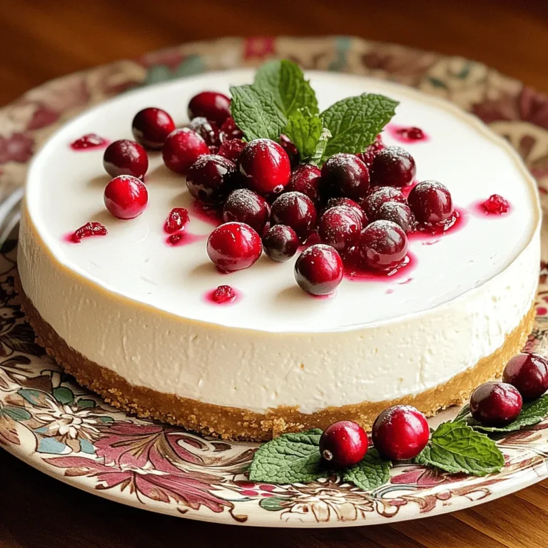 To make the White Chocolate Cranberry Cheesecake, you need these ingredients: - 1 ½ cups graham cracker crumbs - ½ cup unsalted butter, melted - 1 tablespoon sugar - 16 oz cream cheese, softened - 1 cup white chocolate chips, melted - ¾ cup powdered sugar - ½ cup sour cream - 2 large eggs - 1 teaspoon vanilla extract - 1 cup fresh or dried cranberries - Zest of 1 orange - Pinch of salt You can change some ingredients if needed. Here are a few ideas: - For graham cracker crumbs, use crushed cookies or nuts if you prefer. - Instead of unsalted butter, you can use coconut oil for a dairy-free option. - If you want a lighter cheesecake, swap sour cream for Greek yogurt. - You can use almond extract instead of vanilla for a different flavor. - Dried cranberries can replace fresh ones if you cannot find them. Using fresh ingredients makes a big difference in taste. Fresh cranberries add a burst of flavor. They also provide a nice contrast to the sweetness of white chocolate. Fresh cream cheese gives the cheesecake a rich and creamy texture. Always check the sell-by dates on your ingredients. This ensures you get the best results when you bake. Fresh ingredients help elevate the dish, making it more enjoyable. Start by preheating your oven to 325°F (160°C). Next, grab a bowl and mix together 1 ½ cups of graham cracker crumbs, ½ cup of melted unsalted butter, and 1 tablespoon of sugar. This mixture should feel like wet sand. Press it firmly into the bottom of a 9-inch springform pan. Make sure it is even and flat. Bake the crust for 10 minutes, then take it out and let it cool. In a large bowl, beat 16 oz of softened cream cheese with an electric mixer. Mix until it is smooth and creamy. Now, add 1 cup of melted white chocolate chips, ¾ cup of powdered sugar, ½ cup of sour cream, 2 large eggs, 1 teaspoon of vanilla extract, and the zest of 1 orange. Blend well until everything combines smoothly. Gently fold in 1 cup of fresh or dried cranberries and a pinch of salt. Do this carefully so you do not crush the cranberries. Pour the cheesecake filling over your cooled crust. Spread it out evenly. Bake it in your preheated oven for 50 to 60 minutes. The edges should firm up, but the center can still jiggle a bit. Turn off the oven and crack the door open. Let the cheesecake cool slowly for about 1 hour inside. After that, let it cool to room temperature. Refrigerate it for at least 4 hours, or overnight, so it can set completely. When ready, carefully remove the cheesecake from the springform pan. You can decorate it with extra cranberries or a drizzle of white chocolate before you serve it. When making white chocolate cranberry cheesecake, avoid overmixing the cream cheese. This can make your cheesecake too dense. Also, don’t skip cooling the crust before adding the filling. A warm crust can cause the filling to cook unevenly. Lastly, remember to fold in the cranberries gently. Crushing them can turn your cheesecake pink. To get the best texture, use room temperature cream cheese. Cold cream cheese will not blend smoothly. When adding eggs, mix just until combined. Overmixing can lead to cracks. Also, let the cheesecake cool slowly in the oven. This helps prevent cracks on the top. Lastly, chilling it overnight helps set the flavors and texture. For a beautiful presentation, slice the cheesecake with a hot knife. This gives clean edges and looks nicer. Serve each slice on a decorative plate. Add fresh cranberries and mint leaves for color. A drizzle of melted white chocolate makes it extra special. You can also use a sprinkle of orange zest on top for a pop of color. {{image_2}} You can have fun with flavors in this cheesecake. Try adding different fruits to mix it up. For instance, raspberries add a nice tartness that balances the sweet white chocolate. Blueberries give a mild sweetness that pairs well with the cranberry. If you want a tropical twist, consider using diced mango or pineapple. Each fruit brings its own unique taste, making your cheesecake special every time. If you need a gluten-free crust, swap graham cracker crumbs for gluten-free options. You can use ground almonds or gluten-free cookies. Just combine with melted butter and sugar, like in the original recipe. This way, you can enjoy the cheesecake without worrying about gluten. You can make a vegan version of this cheesecake too. Start by using vegan cream cheese instead of regular cream cheese. For the eggs, try flaxseed meal mixed with water as a binding agent. Use coconut cream instead of sour cream for a rich flavor. Replace white chocolate chips with dairy-free chocolate chips. These changes keep the dessert delicious while making it plant-based. To keep your cheesecake fresh, always cover it well. Use plastic wrap or foil to seal it. This prevents it from drying out and keeps it tasty. You can store it in the fridge. Place it on a plate or in an airtight container. This way, it stays cold and fresh. When stored properly, your cheesecake lasts about five days in the fridge. If you notice any changes in smell or texture, it is best to throw it away. Always check for freshness before serving. Remember, the longer it sits, the more it can lose its yummy taste. You can freeze your cheesecake for up to three months. First, make sure it is completely cool. Wrap it tightly in plastic wrap and then in foil. This keeps it safe from freezer burn. When you are ready to eat, thaw it in the fridge overnight. Do not thaw it at room temperature. This method helps keep its smooth texture and flavor. Yes, you can use frozen cranberries. Just thaw them and drain excess water. Frozen cranberries may be a little softer, but they still taste great. They add a nice tartness to the cheesecake. If you use dried cranberries, they will be sweeter and chewier. You can choose based on your taste. You can serve this cheesecake with a few tasty sides. Here are some ideas: - Whipped cream for a light touch. - Fresh cranberries for a pop of color. - A drizzle of white chocolate for extra sweetness. - Mint leaves for freshness and a nice look. These add-ons make your dessert more fun and fancy. Yes, you can make this cheesecake ahead of time! It tastes even better after chilling overnight. Just let it cool, then cover it well. Store it in the fridge until you are ready to serve. This makes it a great option for parties or gatherings. You can enjoy more time with your guests and less time in the kitchen. This post covered everything you need to make a great cheesecake. We talked about important ingredients and their substitutes. You learned how to prepare the crust and filling, plus baking and cooling tips. I shared tricks to avoid common mistakes and how to present your cheesecake well. We've also explored fun flavor variations and storage methods. In conclusion, using fresh ingredients and following the steps closely makes a huge difference. Enjoy your cheesecake-making journey!