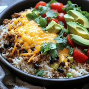 - 1 cup long-grain white rice - 1 lb ground turkey (or beef) - 1 can (15 oz) black beans, rinsed and drained - 1 can (14 oz) diced tomatoes with green chilies - 1 cup corn kernels (fresh or frozen) - 1 medium onion, diced - 2 cloves garlic, minced - 1 tablespoon taco seasoning - 2 cups vegetable or chicken broth - 1 tablespoon olive oil - Salt and pepper to taste - 1 cup shredded cheddar cheese - Fresh cilantro - Avocado slices The main ingredients form the hearty base of this dish. Long-grain white rice gives a nice texture. Ground turkey is lean and tasty. Black beans add protein and fiber. Diced tomatoes with green chilies bring a bit of spice. Corn adds sweetness and color. The seasonings and other ingredients pack in flavor. Onion and garlic create a savory aroma. Taco seasoning gives that classic taco taste. Broth keeps everything moist. Olive oil helps cook the onion and garlic well. Cheddar cheese adds creaminess and richness when melted. For optional garnishes, fresh cilantro brightens each bite. Avocado slices add creaminess and a cool touch. Feel free to mix and match according to your taste. This dish is all about making it your own! 1. Sautéing onion and garlic Start by heating 1 tablespoon of olive oil in a large skillet over medium heat. Add 1 medium diced onion and 2 minced garlic cloves. Cook them for 3-4 minutes until the onion turns soft and clear. This makes the base for great flavor. 2. Cooking ground turkey until browned Next, add 1 pound of ground turkey to the skillet. Use a spatula to break it up. Cook it for about 5-7 minutes until it is browned. Season with salt, pepper, and 1 tablespoon of taco seasoning. This step adds depth to the dish. 1. Adding rice, beans, and tomatoes Now, stir in 1 cup of long-grain white rice, 1 can of black beans (rinsed and drained), and 1 can of diced tomatoes with green chilies. Mix everything well to combine the flavors. 2. Incorporating broth and corn Next, pour in 2 cups of vegetable or chicken broth and add 1 cup of corn kernels. This will help the rice cook and absorb all the delicious flavors of the dish. 1. Bringing to boil and simmering Bring the mixture to a light boil. Then, reduce the heat to low. Cover the skillet and let it simmer for about 20-25 minutes. This will cook the rice and let it soak up the broth. 2. Melting cheese and serving Once the rice is soft and most of the liquid is gone, sprinkle 1 cup of shredded cheddar cheese on top. Cover the skillet again for 5 minutes. This will melt the cheese nicely. Afterward, remove it from heat, let it sit for a few minutes, and then serve. Enjoy with fresh cilantro and avocado slices! - Best practices for cooking rice: Always rinse the rice first. Rinsing removes excess starch, leading to fluffier rice. Use the right water-to-rice ratio. For long-grain white rice, it’s usually 2 cups of water for every cup of rice. This ensures even cooking and avoids sticky rice. - Adjusting seasoning for taste: Taste your dish before serving. If it needs more flavor, add a bit more taco seasoning or salt. You can also squeeze some lime juice for a fresh twist. This small step can make your meal pop. - Using pre-cooked proteins: If you're short on time, try using pre-cooked chicken or beef. This cuts down your cooking time significantly. Just add it in when you mix the other ingredients. - Substituting canned ingredients: Canned beans and tomatoes are your best friends. They save time and still pack a lot of flavor. Just rinse the beans, and they’re ready to go! - Additional spices to consider: Want to spice things up? Add cumin or smoked paprika for a deeper flavor. A pinch of cayenne pepper can also bring heat without overpowering the dish. - Suggestions for fresh herbs: Fresh herbs can elevate your skillet. Try adding chopped cilantro or parsley just before serving. They add a burst of freshness and color, making your meal look as good as it tastes. {{image_2}} You can easily switch out the ground turkey in this dish. Ground chicken or beef works great too. Both options provide a rich taste. If you want a vegetarian meal, try lentils. They add protein and fiber. Cooked lentils blend well with the other ingredients. Not a fan of long-grain white rice? You can use brown rice instead. It adds a nice nutty flavor and is healthier. Quinoa is another fantastic choice. It cooks quickly and is gluten-free. For a low-carb option, try cauliflower rice. It will give you the same great taste with fewer carbs. Want to spice things up? Add some chopped jalapeños for heat. They pair well with the other flavors. You can also change the cheese on top. Try pepper jack for a kick or use a creamy mozzarella. Each option adds a unique twist to the meal. To keep your One Pot Taco Rice Skillet fresh, store it in the fridge. Use airtight containers to prevent spills and smells. Let the dish cool down first. This helps keep the texture and taste. You can reheat leftovers in the microwave or on the stovetop. For the microwave, place the rice in a bowl and cover it. Heat in short bursts, stirring in between. On the stovetop, add a splash of broth and heat over low. This keeps the rice moist and tasty. To freeze, let the dish cool completely. Then, transfer it to freezer-safe bags or containers. Remove as much air as possible. When you’re ready to eat, thaw it in the fridge overnight. Reheat using the stovetop for best results. One Pot Taco Rice Skillet lasts about 3 to 4 days in the fridge. Store it in an airtight container. This keeps your meal fresh and tasty. When you heat it up, the flavors mix well. Just make sure it’s heated thoroughly before eating. If you see any signs of spoilage, it’s best to toss it out. Yes, you can make this dish ahead of time. It’s great for meal prep. Cook it fully, then cool it down before storing. You can keep it in the fridge for up to 4 days. If you want to save time during the week, prepare the rice and meat in advance. Just add the other ingredients when you’re ready to eat. This way, you can enjoy a quick meal without much fuss. Yes, you can make this recipe gluten-free. Use gluten-free taco seasoning instead of regular. Make sure to check the broth too, as some may contain gluten. Canned tomatoes and beans are usually gluten-free, but it’s good to double-check labels. With these simple swaps, you can enjoy a delicious and safe meal that fits your diet. This blog post guides you through making a tasty one-pot taco rice skillet. We covered the main ingredients, step-by-step instructions, helpful tips, delicious variations, and storage info. Whether you're a beginner or a pro, this dish is simple and satisfying. You can personalize it to suit your taste. Remember, meal prep can save time during busy weeks. Enjoy making this hearty meal and get creative with flavors! Your kitchen will become a go-to spot for delicious, easy cooking.