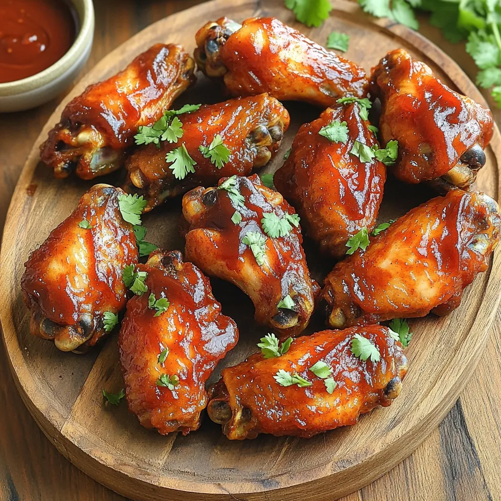 - 2 pounds chicken wings - 1 tablespoon baking powder - 1 teaspoon garlic powder - 1 teaspoon onion powder - 1 teaspoon smoked paprika - 1 teaspoon salt - ½ teaspoon black pepper - 1 cup BBQ sauce - Fresh cilantro (for garnish) Gathering the right ingredients matters for making the best crispy BBQ chicken wings. I always start with fresh chicken wings. This ensures great flavor and texture. You will need two pounds of wings for a tasty batch. Next, we add baking powder. It helps the wings get that crispy skin we all love. Garlic powder and onion powder add depth to the flavor. Smoked paprika gives a nice smoky taste. Salt and black pepper enhance all the flavors. Lastly, pick your BBQ sauce. You can use your favorite brand or try a homemade version. Don’t forget fresh cilantro for garnish. It adds a pop of color and flavor. With these ingredients, you are ready to create a delightful treat! Rinse the chicken wings under cold water. This step helps remove any residue. After rinsing, pat them dry with paper towels. Drying the wings well is key for crispy skin. Any moisture will lead to sogginess. In a large bowl, mix the baking powder, garlic powder, onion powder, smoked paprika, salt, and black pepper. This mix gives the wings a nice flavor. Add the dry wings to the bowl. Toss them well until the wings are fully coated. Each wing should be covered in seasoning for the best taste. Next, preheat your air fryer to 400°F (200°C) for five minutes. This step is vital for crispiness. Place the seasoned wings in the air fryer basket in a single layer. Avoid overcrowding the basket. If you have many wings, cook in batches. Cook for 25 to 30 minutes, turning the wings halfway through. This ensures they cook evenly. Once the wings are crispy, transfer them to a large bowl. Pour your favorite BBQ sauce over the wings. Toss them until fully coated in the sauce. This adds a sweet and smoky flavor. Return the sauced wings to the air fryer for another 5 to 7 minutes. This final cook helps caramelize the sauce. After cooking, let the wings rest for a couple of minutes. Garnish them with chopped fresh cilantro for a nice touch. Serve with extra BBQ sauce on the side for dipping. Enjoy these delicious wings with friends and family! To get crispy wings, you must dry them well. Moisture makes wings soggy. After rinsing, use paper towels to pat them dry. This step is key. Once dry, space the wings in the air fryer basket. Avoid crowding them. Proper air flow is vital for a crispy finish. Choosing the right BBQ sauce can elevate your wings. You can use store-bought sauces, but homemade is often better. If you want a unique flavor, try making your sauce. A mix of ketchup, honey, and spices can create a delicious blend. Adjust sweetness and spice to your taste. If you have a lot of wings, cook them in batches. This way, each wing gets enough heat. Place them in a single layer, and don’t rush. When the first batch is done, keep them warm in the oven. This method ensures you serve hot, crispy wings every time. {{image_2}} You can easily switch up the flavors of your wings. For a spicy kick, add cayenne pepper or hot sauce to your seasoning mix. If you prefer sweet wings, try honey or a sweet BBQ sauce. For a smoky taste, use chipotle powder instead of smoked paprika. These tweaks can change the whole vibe of your dish. If you don't have an air fryer, don’t worry. You can grill wings for a nice char. Just preheat your grill to medium heat. Cook the wings for about 20-25 minutes, flipping often, until they are crispy. Baking is another option. Preheat your oven to 425°F (220°C). Place wings on a baking sheet and bake for 40-45 minutes, turning halfway through. Both methods can yield tasty results. Wings are great on their own, but sides can make them even better. Serve them with celery sticks and carrot sticks for a crunchy contrast. A creamy ranch or blue cheese dressing works well for dipping. You can also pair wings with coleslaw or potato wedges for a hearty meal. These sides add fun and flavor to your wing experience. To keep your leftover wings fresh, follow these tips: - Refrigeration: Store the wings in an airtight container. This helps keep them moist and tasty. They can stay in the fridge for up to three days. - Freezing: If you want to save wings for longer, freeze them. Place the cooled wings in a freezer bag. Squeeze out the air and seal it tightly. You can freeze them for up to three months. When you want to enjoy your wings again, keep them crispy with these methods: - Air Fryer: Preheat the air fryer to 375°F (190°C). Place the wings in a single layer and heat for about 10 minutes. This method helps regain their crispiness. - Oven: Preheat your oven to 400°F (200°C). Spread the wings on a baking sheet. Bake for about 15 minutes, flipping halfway through. This helps keep them crunchy. Using these storage and reheating tips will make your wings taste great, even the next day! For chicken wings, cook them for 25-30 minutes at 400°F. The size of the wings matters. Bigger wings may take longer. Always check that they are crispy and cooked through. Yes, you can use frozen wings. Cook them for 30-35 minutes at 400°F. Make sure to check for doneness. You might need to increase the cook time depending on your air fryer. Mix baking powder, garlic powder, onion powder, smoked paprika, salt, and black pepper. This blend gives wings great taste. Feel free to add your favorite spices for extra kick. To serve more people, simply double the ingredients. For 8 servings, use 4 pounds of wings and adjust seasonings accordingly. Keep the cooking time similar, checking for crispiness and doneness. In summary, this guide covers how to make tasty air-fried chicken wings. We discussed ingredients, step-by-step instructions, and tips to ensure crispiness. I shared flavor variations and cooking methods, plus storage and reheating tips. Chicken wings are fun and versatile. You can easily adapt them to your taste. Now, it’s time for you to enjoy your delicious wings!