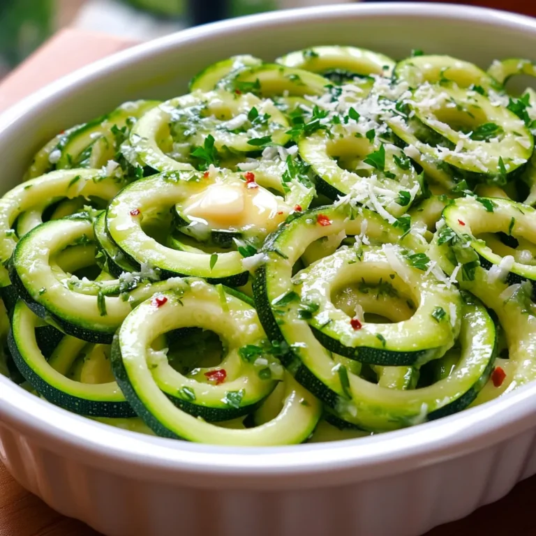 - 4 medium zucchinis, spiralized - 4 tablespoons unsalted butter - 5 cloves garlic, minced - 1/2 teaspoon red pepper flakes (adjust to taste) - Salt and pepper to taste Zucchinis are the star here. They are fresh, green, and full of water. They give the dish a nice texture. Spiralizing them turns them into fun noodles. You can use a spiralizer or a vegetable peeler if you don't have one. Next, we have unsalted butter. It adds richness. The butter melts and mixes with garlic to create a tasty sauce. Garlic is key in this dish. I use five cloves for a bold flavor. Mince it well for the best taste. Red pepper flakes add a hint of heat. Adjust these to your liking. Salt and pepper round out the flavors. - 1/4 cup freshly grated Parmesan cheese (optional for garnish) - Fresh parsley, chopped (for garnish) For garnishes, Parmesan cheese adds a creamy touch. It gives a lovely salty flavor. You can skip it for a lighter dish. Fresh parsley adds color and freshness. It also enhances the dish's look. Adding these garnishes is optional, but they make the dish shine. You can play with them based on your taste. Enjoy your meal with these simple yet flavorful ingredients! Spiralizing with a Spiralizer To make zucchini noodles, you will need four medium zucchinis. Use a spiralizer to turn them into long, noodle shapes. This tool makes it easy and fun to create uniform noodles. Just place the zucchini in the spiralizer and twist. In just a minute, you will have a bowl of fresh noodles ready to cook. Alternative Methods (using a Vegetable Peeler) If you don’t have a spiralizer, don’t worry! You can still make zucchini noodles with a vegetable peeler. Hold the zucchini firmly and run the peeler down its length. You will create thin strips that look like noodles. This method may take a bit longer, but it works just as well. Melting the Butter and Sautéing Garlic Now, let’s make the garlic butter sauce. In a large skillet, add four tablespoons of unsalted butter. Heat the skillet over medium heat. Once the butter melts and starts to bubble, add five cloves of minced garlic. Sauté the garlic for about one to two minutes. It should smell amazing, but be careful not to let it brown. Adding Red Pepper Flakes Next, sprinkle in half a teaspoon of red pepper flakes. Adjust the amount to your taste. Stir the mixture well. The butter will take on a lovely garlic flavor with a hint of spice. This step adds warmth to the dish. Tossing Noodles with Sauce It’s time to combine everything! Add the spiralized zucchini noodles to the skillet. Toss them gently in the garlic butter sauce. Make sure all the noodles are well-coated. Cook the noodles for about three to four minutes. They should be tender but still firm, which is called al dente. Seasoning and Serving Suggestions Once cooked, season the noodles with salt and pepper to taste. Remove the skillet from heat. To serve, transfer the noodles to a bowl or plate. If you like, sprinkle freshly grated Parmesan cheese on top. Don’t forget to add some chopped parsley for a pop of color. Enjoy your delicious garlic butter zucchini noodles! When picking zucchinis, look for ones that are firm and smooth. Choose medium-sized ones. They are often sweeter and less watery. Fresh zucchinis have a bright color. Avoid those with soft spots or blemishes. Cook the zucchini noodles for about 3 to 4 minutes. This keeps them tender yet firm. Check for al dente by tasting a noodle. They should have a slight bite, not mushy. You want the noodles to hold their shape and not get soggy. You can boost the flavor with herbs and spices. Try adding fresh basil or oregano for a twist. Lemon zest also adds a nice brightness. If you like heat, increase the red pepper flakes. Experimenting with flavors makes each dish unique and fun. {{image_2}} You can boost your Garlic Butter Zucchini Noodles by adding proteins. Grilled chicken or shrimp works great. Just cook the protein separately, then mix it in with the noodles. This adds flavor and keeps you full. Plus, it makes the dish even more tasty! To make this dish vegan, swap out the butter for plant-based butter. Also, use nutritional yeast instead of Parmesan cheese. This gives a nice cheesy flavor without any dairy. You still get all the yummy taste, but it's totally plant-based. It's a great option for anyone who wants to enjoy this meal without animal products. Want to add more nutrition? Toss in some bell peppers or spinach. Sauté them with the garlic for a colorful touch. Both add great flavor and crunch. You can even experiment with other veggies you like. This keeps the dish fresh and exciting every time you make it! To store your leftover garlic butter zucchini noodles, first let them cool. Place them in an airtight container. They will last in the fridge for up to three days. Make sure to seal the container well to keep them fresh. Remember, the longer they sit, the softer they get. You can freeze zucchini noodles, but they may lose some texture. If you want to freeze them, follow these steps: - Cook the noodles only for one to two minutes. - Let them cool completely. - Place them in a freezer-safe bag, removing as much air as you can. - They can last in the freezer for up to two months. To reheat your zucchini noodles, I recommend these methods: - Use a skillet over medium heat. Add a little butter for flavor. - Stir gently for about three to four minutes. This helps keep them tender. - You can also use the microwave. Heat in short bursts, stirring in between. This keeps the texture nice. Zucchini noodles can last about 3 to 4 days in the fridge. To keep them fresh, store the noodles in an airtight container. Avoid washing them before storing, as excess moisture can cause them to become soggy. If you notice any sliminess or off smells, it’s best to discard them. Yes, you can make garlic butter zucchini noodles ahead of time. Cook them, then cool them down. Store them in the fridge for up to 2 days. When you’re ready to eat, reheat them gently in a skillet over low heat. Add a little butter to keep them from drying out. If you need a garlic substitute, try using shallots or onion. These options add flavor without the strong taste of garlic. For a milder flavor, use garlic powder. Start with a small amount and adjust to taste. You can also try herbs like thyme or oregano for added depth. This blog post covered how to make garlic butter zucchini noodles. We explored key ingredients like zucchinis, butter, and garlic, along with optional garnishes such as Parmesan cheese and parsley. I provided step-by-step instructions for preparing, cooking, and assembling your dish. Tips helped with texture and flavor, while variations allowed for protein or vegan options. Finally, we discussed storage and reheating methods. Enjoy creating a delicious and healthy meal with ease!
