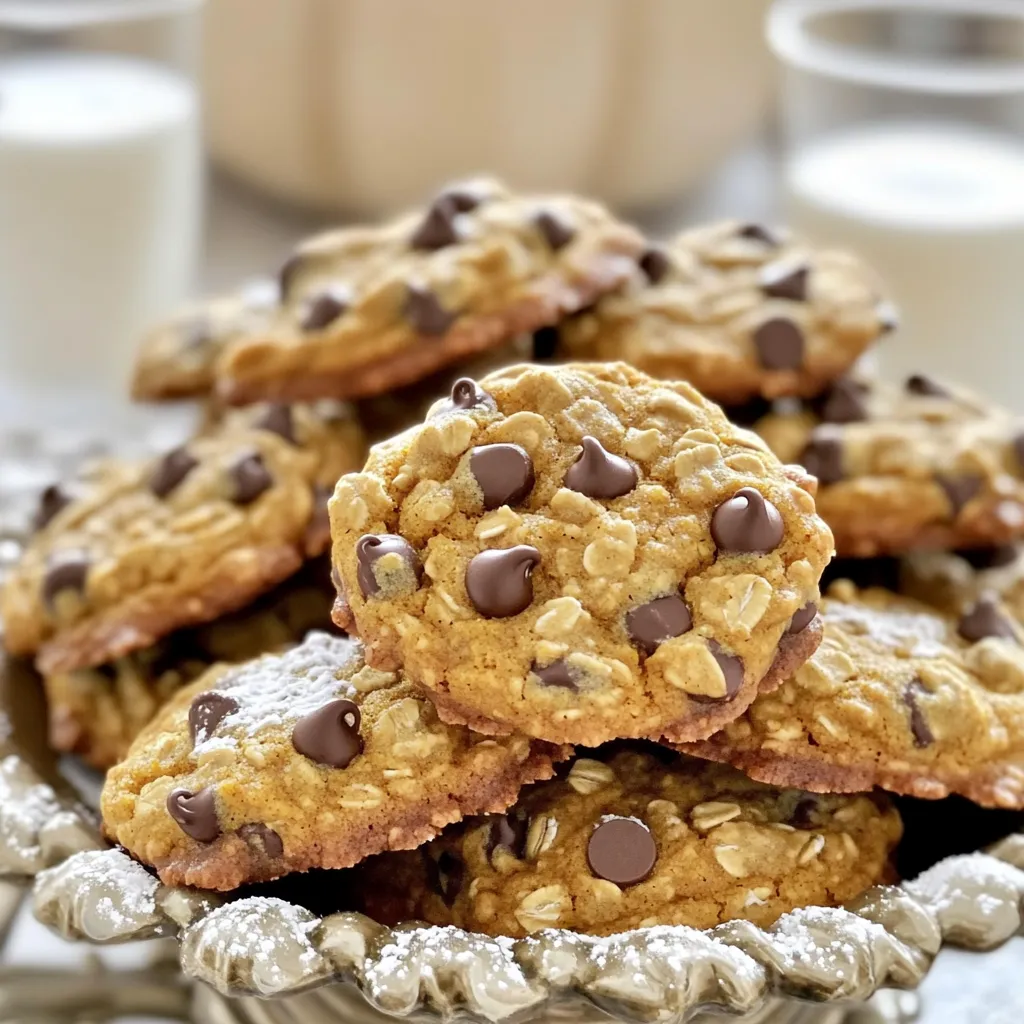 To make these delightful pumpkin oatmeal chocolate chip cookies, gather the following: - 1 cup canned pumpkin puree - 1/2 cup brown sugar, packed - 1/4 cup granulated sugar - 1/2 cup unsalted butter, softened - 1 large egg - 1 teaspoon vanilla extract - 1 teaspoon ground cinnamon - 1/2 teaspoon ground nutmeg - 1/4 teaspoon salt - 1/2 teaspoon baking soda - 1 1/2 cups rolled oats - 1 cup all-purpose flour - 1 cup semi-sweet chocolate chips You can swap some ingredients if needed. Here are some ideas: - Use coconut oil instead of butter for a dairy-free option. - Replace brown sugar with coconut sugar for a healthier choice. - If you’re out of eggs, use 1/4 cup unsweetened applesauce as a binder. - For a gluten-free version, try almond flour instead of all-purpose flour. You’ll need a few basic tools to make these cookies: - Large mixing bowl - Measuring cups and spoons - Whisk or electric mixer - Baking sheet - Parchment paper - Cookie scoop or tablespoon - Wire rack for cooling These tools help keep your baking smooth and fun. Enjoy the process! Start by preheating your oven to 350°F (175°C). This helps the cookies bake evenly. Next, line a baking sheet with parchment paper. This keeps the cookies from sticking and makes cleanup easy. In a large mixing bowl, cream together the softened butter, brown sugar, and granulated sugar. Mix until the mixture is light and fluffy. This step adds air to the dough. Then, add the canned pumpkin puree, large egg, and vanilla extract. Beat these together until smooth. In another bowl, whisk together the ground cinnamon, nutmeg, salt, baking soda, oats, and all-purpose flour. This combines the dry ingredients well. Gradually fold the dry mix into the wet mix. Do this gently to avoid overmixing, which can make the cookies tough. Finally, stir in the chocolate chips evenly. Using a tablespoon or cookie scoop, drop rounded balls of dough onto the prepared baking sheet. Make sure to space them about 2 inches apart. This allows room for spreading. Bake in the preheated oven for 12-15 minutes. Look for lightly golden edges to know they’re done. After baking, remove the cookies from the oven. Let them cool on the baking sheet for 5 minutes. Then, transfer the cookies to a wire rack to cool completely. This helps them set and keeps them soft. Enjoy your delightful treats! To get the best cookie texture, mix your butter and sugars well. This step adds air and makes your cookies light. Use room temperature butter for easy mixing. When adding the pumpkin puree and egg, mix just until combined. You want a moist dough, not a cake batter. After you add the dry ingredients, fold gently. This keeps the cookies chewy and soft. A common mistake is overmixing the dough. This can make your cookies tough. Another mistake is not measuring your flour correctly. Too much flour will lead to dry cookies. Always spoon the flour into your measuring cup, then level it off. Lastly, don’t skip chilling the dough if it's too soft. Chilling helps the cookies hold their shape. Use a set of dry measuring cups for solids like flour and oats. For sticky ingredients like pumpkin puree, use a liquid measuring cup. Always check your ingredients for freshness. Old baking soda can affect the rise of your cookies. When measuring brown sugar, pack it into the cup firmly. This ensures you use the right amount for sweetness. {{image_2}} You can make these cookies even better by adding fun mix-ins. Try adding nuts like walnuts or pecans for crunch. Dried fruits, such as cranberries or raisins, can give a nice sweetness. You can also swap some chocolate chips for white chocolate or peanut butter chips. This way, you can create a cookie that fits your taste. If you want to make these cookies gluten-free, you can easily do that. Just replace the all-purpose flour with a gluten-free blend. Make sure the blend has xanthan gum to help with texture. You can also use almond flour or oat flour, but the taste will change a bit. Always check the oats, as some may have gluten. To boost the fall flavors, you can try adding spices. A dash of ginger or allspice can add warmth. You can also add a splash of maple syrup for a sweet twist. For a festive touch, sprinkle some pumpkin seeds on top before baking. These small changes can make your cookies shine with seasonal joy! To keep your pumpkin oatmeal chocolate chip cookies fresh, store them in an airtight container. This helps keep moisture in and prevents them from getting hard. Place parchment paper between layers if you stack them. They can last up to a week at room temperature. Freezing is a great way to save extra cookies. Start by letting the cookies cool completely. Then, place them in a single layer on a baking sheet. Freeze for about an hour until firm. After that, move them to a freezer-safe bag or container. They will stay fresh for about three months in the freezer. To reheat your cookies, preheat your oven to 350°F (175°C). Place the cookies on a baking sheet for about 5-7 minutes. This method keeps them soft and warm. You can also use the microwave for a quick fix. Heat them for about 10-15 seconds. Just be careful not to overdo it! Yes, you can use fresh pumpkin. First, cook it until soft. Then, puree it until smooth. Fresh pumpkin adds a nice flavor and texture. Just make sure to remove excess water. This ensures your cookies don't turn out too wet. To make your cookies chewy, try these tips. Use more brown sugar than white sugar. Brown sugar has more moisture. You can also add an extra egg yolk. This adds richness and chewiness. Bake the cookies just until the edges are set. This keeps the center soft. If your dough feels sticky, don't worry! You can add a bit more flour, one tablespoon at a time. Mix until it firms up a bit. You can also chill the dough for 30 minutes. This helps it firm up and makes it easier to scoop. You learned about key ingredients and how to use them. We covered mixing and baking steps. You also discovered tips for perfect cookies and variations for all tastes. Storing and reheating methods keep cookies fresh longer. Remember, baking is fun and easy when you follow these steps. Experiment with flavors and enjoy your creations! Happy baking!