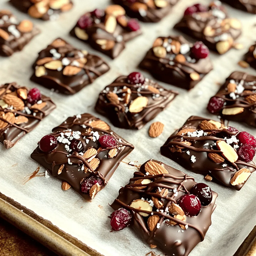 To make No-Bake Chocolate Almond Cranberry Clusters, you need: - 1 cup dark chocolate chips - 1/2 cup raw almonds, roughly chopped - 1/2 cup dried cranberries - 1/4 cup rolled oats - 1 tablespoon coconut oil - Sea salt, for sprinkling You will need a few simple tools: - Microwave-safe bowl - Baking sheet - Parchment paper - Spoon or cookie scoop - Spatula for mixing Choosing good ingredients makes a big difference. Here are some tips: - Dark chocolate: Pick high-quality chocolate chips. Look for at least 60% cocoa for rich flavor. - Almonds: Use raw almonds for a crunchy bite. Avoid salted or roasted types. - Cranberries: Select unsweetened dried cranberries. This keeps the clusters from being too sweet. - Oats: Use rolled oats for texture. Do not use instant oats, as they may not hold up well. - Coconut oil: Opt for cold-pressed organic coconut oil. This adds a nice flavor and helps the chocolate melt smoothly. These simple tips help you create tasty clusters that everyone will love. Start by gathering all your ingredients. You need dark chocolate chips, almonds, cranberries, oats, and coconut oil. First, line a baking sheet with parchment paper. This keeps the clusters from sticking. Set the baking sheet aside while you prepare the rest. Next, grab a microwave-safe bowl. Add one cup of dark chocolate chips and one tablespoon of coconut oil. The oil helps the chocolate melt smoothly. Microwave this mix in 30-second intervals. Stir the chocolate after each interval. Keep microwaving until it is fully melted and smooth. This part is key to your clusters’ texture. Once the chocolate is melted, take the bowl out. Add the chopped almonds, dried cranberries, and rolled oats to the chocolate. Stir until everything is well coated in the chocolate. Use a tablespoon or cookie scoop to drop clusters onto the lined baking sheet. Aim for about 12 clusters total. After shaping, sprinkle a little sea salt on top. This adds a nice flavor contrast. Place the baking sheet in the refrigerator for about 30 minutes. This will help the chocolate harden. Enjoy your clusters cold or at room temperature! To make the best no-bake clusters, start with quality chocolate. I love using dark chocolate chips for rich flavor. Melt them slowly, so they don't burn. Stir in coconut oil; it helps the chocolate stay smooth. Blend in your almonds, cranberries, and oats. Make sure each piece is well coated for the best taste. When forming clusters, use a cookie scoop for even shapes. This makes them look nice and helps with portion control. These clusters are great for any snack time. You can serve them on a nice plate or in a fun bowl. Try adding a sprinkle of sea salt on top for a yummy twist. For a party, pair them with fresh fruit. They also go well with a scoop of vanilla ice cream. If you're packing snacks, put them in a small bag for easy eating on the go. One common mistake is rushing the chocolate melting. Always melt in short bursts. If you overheat it, the chocolate can become thick and hard. Another mistake is not using parchment paper. It helps keep the clusters from sticking to the tray. Lastly, don't forget the sea salt! A little sprinkle adds a burst of flavor that makes each bite special. {{image_2}} You can swap out dark chocolate chips for semi-sweet or milk chocolate. This change can make the clusters sweeter and softer. If you want a nut-free version, try using sunflower seeds instead of almonds. You can also replace dried cranberries with raisins or chopped dates for a different taste. To enhance the flavor, you can add a pinch of cinnamon or vanilla extract. Both add depth without being too strong. For a crunchy twist, add some crushed pretzels or puffed rice. This adds texture and a fun crunch to every bite. These clusters are great on their own, but you can also serve them with yogurt or ice cream. They make a fantastic topping for a smoothie bowl. You can even package them as gifts by placing them in cute bags tied with ribbons. This way, you share the joy of these tasty treats. To keep your No-Bake Chocolate Almond Cranberry Clusters fresh, store them in an airtight container. This will keep them safe from moisture and strong smells in your fridge. I like to use a glass container with a tight lid. You can also layer clusters with parchment paper. This prevents them from sticking together. Make sure to keep them in the fridge for best results. These sweet treats can last up to two weeks if stored well. If you follow the storage tips, they will stay tasty and fresh. After a week, check for any changes in texture or smell. If they seem off, it’s best to toss them. You can freeze these clusters for up to three months. To freeze, place them in a single layer on a baking sheet for about an hour. Once frozen, transfer them to a freezer-safe bag. When you want to enjoy them, take out just what you need. Let them thaw in the fridge for a few hours. Avoid thawing at room temperature, as this can make them sticky. Yes, you can use different nuts. Pecans, walnuts, or cashews work well. Just chop them into small pieces. Each nut adds its own flavor and crunch. Feel free to mix and match for fun. To make these clusters vegan, use dairy-free chocolate chips. Many brands offer great options. Also, check the coconut oil to ensure it is pure. This way, you can enjoy a tasty treat without any animal products. If the chocolate doesn't melt smoothly, try these tips. First, ensure your bowl is dry. Water can cause chocolate to seize. Next, microwave in short bursts. Stir often to help it melt evenly. If it still clumps, add a tiny bit of coconut oil. This helps create a smooth texture. This article covered everything you need to make tasty chocolate clusters. We explored ingredients, tools, and quality tips. You learned step-by-step instructions and important tips to perfect your clusters. Variations and storage tips gave you ideas to keep them fresh. Remember that cooking is a fun journey. Enjoy experimenting and make these clusters your own! Happy cooking!