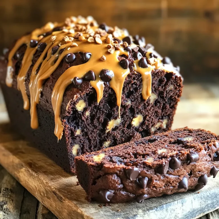 To make this tasty chocolate peanut butter banana bread, gather these items: - 3 ripe bananas, mashed - 1/3 cup melted coconut oil - 1/2 cup creamy peanut butter - 1/2 cup brown sugar - 1 large egg, beaten - 1 teaspoon vanilla extract - 1 teaspoon baking soda - 1/4 teaspoon salt - 1 cup all-purpose flour - 1/2 cup cocoa powder - 1/2 cup semi-sweet chocolate chips - 1/4 cup chopped toasted peanuts (optional, for added crunch) You can make your banana bread even better with these extras: - Chopped nuts, like walnuts or pecans, add crunch. - A pinch of cinnamon gives a warm spice note. - Swapping in dark chocolate chips can enhance richness. If you need to change some items, here are some swaps: - Use applesauce instead of coconut oil for fewer calories. - Swap brown sugar with honey for a lighter sweetness. - Omit the egg and use flaxseed meal mixed with water for vegan options. - Gluten-free flour can replace all-purpose flour for a gluten-free treat. These ingredients make your chocolate peanut butter banana bread both simple to prepare and delightfully rich in flavor. Start by preheating your oven to 350°F (175°C). Grease a 9x5 inch loaf pan or line it with parchment paper. In a large bowl, mash three ripe bananas until smooth. Then, add 1/3 cup of melted coconut oil. Mix them well together. Next, stir in 1/2 cup of creamy peanut butter and 1/2 cup of brown sugar. Add one large beaten egg and 1 teaspoon of vanilla extract. Mix everything until it is smooth and creamy. Now, sprinkle 1 teaspoon of baking soda and 1/4 teaspoon of salt over the banana mixture. Stir to combine these dry ingredients. Gently fold in 1 cup of all-purpose flour and 1/2 cup of cocoa powder. Make sure not to overmix. Finally, fold in 1/2 cup of semi-sweet chocolate chips and, if you want, 1/4 cup of chopped toasted peanuts for a crunchy texture. Pour the batter into the prepared loaf pan. Spread it evenly with a spatula. Place the pan in your preheated oven and bake for 50-60 minutes. Check if it is done by inserting a toothpick into the center. If it comes out clean, your banana bread is ready! Once baked, let the banana bread cool in the pan for about 10 minutes. Then, transfer it to a wire rack to cool completely. For serving, cut slices of the banana bread warm. You can drizzle some melted peanut butter on top. A sprinkle of cocoa nibs adds a nice touch too. Enjoy this delicious treat! Sometimes, the banana bread may come out too dry. To fix this, add a bit more mashed banana. This will add moisture. If it’s too wet, reduce the banana or flour slightly. If your bread sinks in the middle, it might be due to overmixing the batter. Mix just until combined for the best rise. For a soft and moist texture, use very ripe bananas. They should be brown and spotty. Adding melted coconut oil keeps the bread tender. Make sure to fold in the flour gently. Overmixing can lead to a tough loaf. Let the bread cool completely for the best flavor and texture. You can add 1/4 cup of chopped nuts for extra crunch. Walnuts or pecans work well. Consider adding a pinch of cinnamon or nutmeg for warmth. A splash of espresso powder can deepen the chocolate flavor. You can also mix in extra chocolate chips for a richer taste. {{image_2}} If you want to make this treat nut-free, simply swap the peanut butter. Use sun butter or soy nut butter. These options give a similar taste without nuts. They work well with the bananas and cocoa. Your bread will still be rich and tasty! For a gluten-free version, replace all-purpose flour with a gluten-free blend. Look for a blend that has xanthan gum. This helps mimic the texture of regular flour. Your bread will still rise and be soft. Just be sure to check labels for safe ingredients. You can add spices for extra flavor. Cinnamon or nutmeg makes a warm taste. Try adding a pinch of each to the batter. You can also mix in a splash of coffee for a deeper flavor. If you like a little crunch, add chopped dark chocolate or a dash of espresso powder. Each twist gives your banana bread a fun new twist! To keep your banana bread fresh, wrap it tightly in plastic wrap. You can also place it in an airtight container. Store it at room temperature for up to three days. If you want to keep it longer, the fridge is a good option, but it may dry out a bit. Freezing banana bread is easy! Slice it first for quick snacks later. Wrap each slice in plastic wrap and then place them in a freezer bag. Label the bag with the date. You can freeze it for up to three months. When you want to enjoy it, simply take out a slice and let it thaw. To reheat banana bread, use a microwave or oven. If using a microwave, heat a slice for 10-15 seconds. For the oven, preheat it to 350°F (175°C) and warm the bread for about 10 minutes. This brings back that fresh-baked taste, making it even more delicious! Yes, you can use frozen bananas. Just thaw them before mashing. Frozen bananas work well because they are soft and sweet. They add more moisture to the bread, making it extra delicious. To check if the banana bread is done, insert a toothpick in the center. If it comes out clean, the bread is ready. You can also look for a golden-brown color on the top. The edges should pull away from the pan slightly. You can serve banana bread warm with more peanut butter drizzled on top. Try it with a scoop of vanilla ice cream for a treat. A sprinkle of cocoa nibs adds extra crunch and flavor. Enjoy it with a hot cup of coffee or cold milk. In this blog post, we explored banana bread from start to finish. You learned about key ingredients, how to make the batter, and bake it perfectly. We also shared tips to fix common issues and cool it down right. With variations for different needs and storage advice, you can enjoy banana bread anytime. Remember, use frozen bananas if needed, and test for doneness with a toothpick. With these insights, you can create delicious banana bread that everyone will love. Enjoy your baking journey!