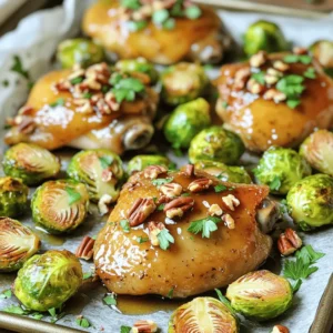 - 4 boneless, skinless chicken thighs - 2 cups Brussels sprouts, halved - 1/4 cup pure maple syrup - 3 tablespoons Dijon mustard - 2 tablespoons olive oil - 2 cloves garlic, minced - 1 teaspoon dried thyme - Salt and pepper to taste - Fresh parsley for garnish - Chopped pecans (optional) The main ingredients in this recipe focus on chicken and Brussels sprouts. The chicken thighs keep the dish juicy and tender. Halved Brussels sprouts add a lovely crunch. The maple syrup brings a sweet touch that balances the savory flavors. For flavor enhancers, Dijon mustard adds depth. Olive oil keeps everything moist, while garlic packs a punch. Together, they create a rich glaze that coats the chicken and Brussels sprouts perfectly. In terms of seasonings, thyme gives a nice herb taste. Salt and pepper enhance all the flavors. Fresh parsley adds color when serving. If you like a little crunch, sprinkle on chopped pecans. They add a delightful texture to each bite. - Preheat oven to 400°F (200°C). - Line a baking sheet with parchment paper. Start by preheating your oven. This step ensures even cooking. Next, grab a baking sheet. Lining it with parchment paper makes cleanup easier. It also helps with sticking. - Whisk together maple syrup, Dijon mustard, olive oil, garlic, thyme, salt, and pepper. In a bowl, combine your glaze ingredients. Use pure maple syrup for the best flavor. Add Dijon mustard for a nice tang. Mix in olive oil to give it richness. Minced garlic adds a lovely aroma. Dried thyme brings earthiness. Don’t forget salt and pepper for taste. Whisk until everything blends well. - Coat chicken thighs with half of the glaze. - Toss Brussels sprouts with the remaining glaze. Now, take your chicken thighs. Place them on the lined baking sheet. Pour half of your maple-Dijon glaze over them. Make sure to coat them well. In a separate bowl, take your halved Brussels sprouts. Toss them with the leftover glaze. This will give them great flavor. - Arrange chicken and Brussels sprouts on the baking sheet. - Add pecans if using. - Bake and check for doneness. Spread the Brussels sprouts around the chicken on the baking sheet. This spacing helps them cook evenly. If you like, sprinkle chopped pecans on top for crunch. Now, place the sheet in your preheated oven. Bake for 25-30 minutes. Check that the chicken reaches 165°F (75°C). The Brussels sprouts should be tender and slightly caramelized. - Use high-quality maple syrup for the best taste. - Adjust the amount of Dijon mustard to control the tanginess. Maple syrup brings a rich sweetness that pairs well with the mustard's bite. Choosing pure maple syrup enhances the dish's overall flavor. If you like more tang, add extra Dijon mustard. This small change can really brighten the chicken. - Ensure even spacing on the baking sheet for proper cooking. - Use an instant-read thermometer to check chicken doneness. Spacing the chicken and Brussels sprouts prevents steaming. This helps the veggies caramelize nicely. The instant-read thermometer shows when the chicken reaches 165°F (75°C), ensuring it is safe to eat. - Serve directly from the sheet pan for a casual feel. - Drizzle pan juices over the dish for extra flavor. Serving from the pan is easy and looks great on the table. Pouring the pan juices over the chicken and veggies adds more moisture and taste. You can also garnish with fresh parsley to make it pop! {{image_2}} You can swap out chicken for turkey or tofu. Turkey is leaner and still juicy. Tofu offers a great vegetarian choice. Just press the tofu to remove extra water before cooking. This will help it soak up the glaze better. Feel free to mix in other veggies. Carrots add sweetness, while sweet potatoes bring creaminess. Green beans add a nice crunch, too. You can use any of these as fun ways to change the dish. To change the taste, try different mustards. Honey mustard adds sweetness, while spicy mustard gives a kick. You can also add fresh herbs like rosemary or thyme. This adds freshness and depth to the dish. To store your leftovers, let the dish cool first. Place the chicken and Brussels sprouts in an airtight container. This helps keep them fresh. You can store them in the fridge for up to four days. If you want to enjoy the dish later, don’t forget to label the container with the date. If you want to freeze your meal, use freezer-safe bags or containers. Make sure to remove as much air as possible. This helps prevent freezer burn. You can freeze the chicken and Brussels sprouts for up to three months. When you are ready to eat, thaw in the fridge overnight. Reheat in the oven at 350°F (175°C) until heated through. In the fridge, your leftovers will last about four days. In the freezer, they can stay good for three months. Always check for any off smells or changes in color before eating. If anything looks or smells bad, it's best to throw it away. Yes, you can use chicken breasts. They cook faster than thighs. You should adjust the cooking time to about 20-25 minutes. Always check for doneness to be safe. This dish pairs well with several sides. Try mashed potatoes for creaminess. A light salad adds freshness. You can also serve it with rice for a hearty meal. Use a meat thermometer to check the chicken. It should reach 165°F (75°C). If you don’t have a thermometer, cut into the chicken. It should be white and juices should run clear. This blog post covered a tasty sheet pan meal with chicken thighs and Brussels sprouts. I shared key ingredients, the maple-Dijon glaze, and step-by-step cooking instructions. You also learned helpful tips and variations to make it your own. This dish is easy to prepare and makes for a quick weeknight dinner. Remember, you can use different proteins and veggies to suit your taste. Enjoy this simple yet delicious meal for your next family gathering.