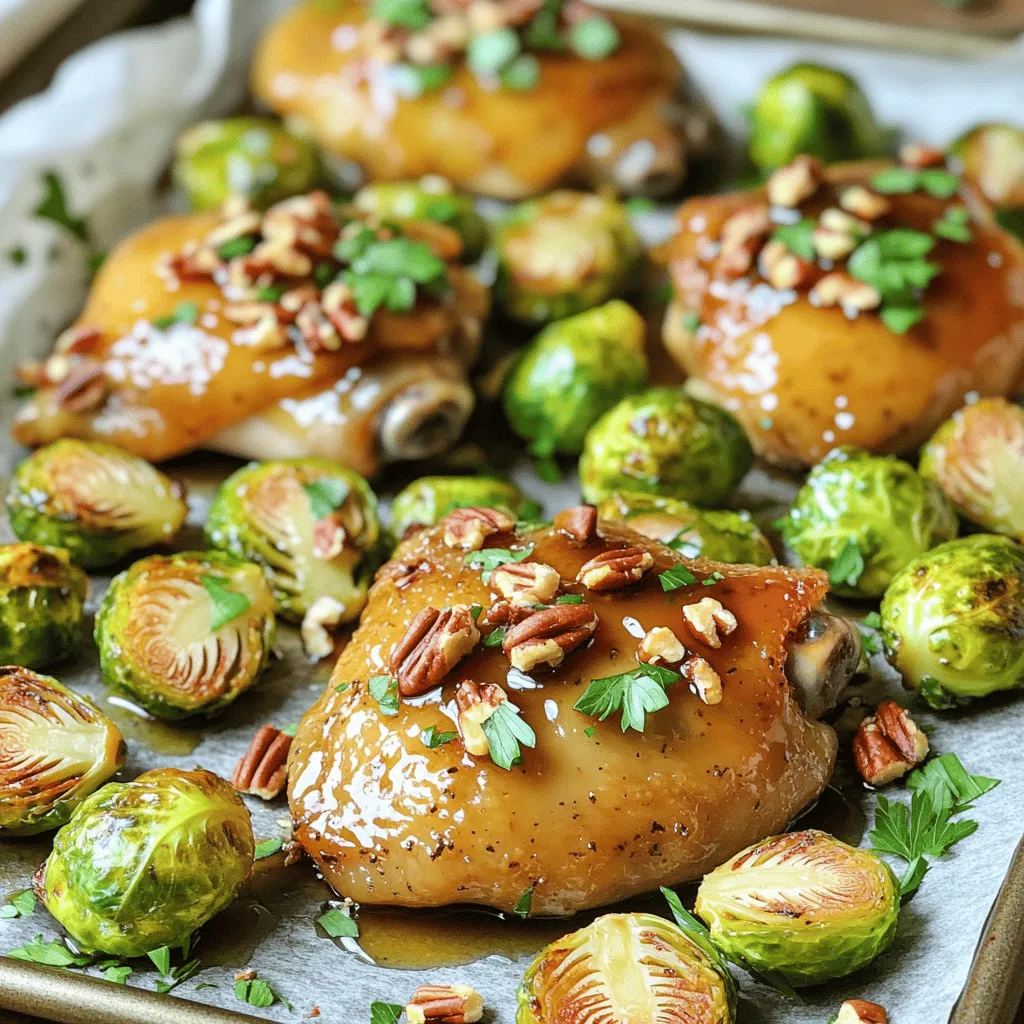 - 4 boneless, skinless chicken thighs - 2 cups Brussels sprouts, halved - 1/4 cup pure maple syrup - 3 tablespoons Dijon mustard - 2 tablespoons olive oil - 2 cloves garlic, minced - 1 teaspoon dried thyme - Salt and pepper to taste - Fresh parsley for garnish - Chopped pecans (optional) The main ingredients in this recipe focus on chicken and Brussels sprouts. The chicken thighs keep the dish juicy and tender. Halved Brussels sprouts add a lovely crunch. The maple syrup brings a sweet touch that balances the savory flavors. For flavor enhancers, Dijon mustard adds depth. Olive oil keeps everything moist, while garlic packs a punch. Together, they create a rich glaze that coats the chicken and Brussels sprouts perfectly. In terms of seasonings, thyme gives a nice herb taste. Salt and pepper enhance all the flavors. Fresh parsley adds color when serving. If you like a little crunch, sprinkle on chopped pecans. They add a delightful texture to each bite. - Preheat oven to 400°F (200°C). - Line a baking sheet with parchment paper. Start by preheating your oven. This step ensures even cooking. Next, grab a baking sheet. Lining it with parchment paper makes cleanup easier. It also helps with sticking. - Whisk together maple syrup, Dijon mustard, olive oil, garlic, thyme, salt, and pepper. In a bowl, combine your glaze ingredients. Use pure maple syrup for the best flavor. Add Dijon mustard for a nice tang. Mix in olive oil to give it richness. Minced garlic adds a lovely aroma. Dried thyme brings earthiness. Don’t forget salt and pepper for taste. Whisk until everything blends well. - Coat chicken thighs with half of the glaze. - Toss Brussels sprouts with the remaining glaze. Now, take your chicken thighs. Place them on the lined baking sheet. Pour half of your maple-Dijon glaze over them. Make sure to coat them well. In a separate bowl, take your halved Brussels sprouts. Toss them with the leftover glaze. This will give them great flavor. - Arrange chicken and Brussels sprouts on the baking sheet. - Add pecans if using. - Bake and check for doneness. Spread the Brussels sprouts around the chicken on the baking sheet. This spacing helps them cook evenly. If you like, sprinkle chopped pecans on top for crunch. Now, place the sheet in your preheated oven. Bake for 25-30 minutes. Check that the chicken reaches 165°F (75°C). The Brussels sprouts should be tender and slightly caramelized. - Use high-quality maple syrup for the best taste. - Adjust the amount of Dijon mustard to control the tanginess. Maple syrup brings a rich sweetness that pairs well with the mustard's bite. Choosing pure maple syrup enhances the dish's overall flavor. If you like more tang, add extra Dijon mustard. This small change can really brighten the chicken. - Ensure even spacing on the baking sheet for proper cooking. - Use an instant-read thermometer to check chicken doneness. Spacing the chicken and Brussels sprouts prevents steaming. This helps the veggies caramelize nicely. The instant-read thermometer shows when the chicken reaches 165°F (75°C), ensuring it is safe to eat. - Serve directly from the sheet pan for a casual feel. - Drizzle pan juices over the dish for extra flavor. Serving from the pan is easy and looks great on the table. Pouring the pan juices over the chicken and veggies adds more moisture and taste. You can also garnish with fresh parsley to make it pop! {{image_2}} You can swap out chicken for turkey or tofu. Turkey is leaner and still juicy. Tofu offers a great vegetarian choice. Just press the tofu to remove extra water before cooking. This will help it soak up the glaze better. Feel free to mix in other veggies. Carrots add sweetness, while sweet potatoes bring creaminess. Green beans add a nice crunch, too. You can use any of these as fun ways to change the dish. To change the taste, try different mustards. Honey mustard adds sweetness, while spicy mustard gives a kick. You can also add fresh herbs like rosemary or thyme. This adds freshness and depth to the dish. To store your leftovers, let the dish cool first. Place the chicken and Brussels sprouts in an airtight container. This helps keep them fresh. You can store them in the fridge for up to four days. If you want to enjoy the dish later, don’t forget to label the container with the date. If you want to freeze your meal, use freezer-safe bags or containers. Make sure to remove as much air as possible. This helps prevent freezer burn. You can freeze the chicken and Brussels sprouts for up to three months. When you are ready to eat, thaw in the fridge overnight. Reheat in the oven at 350°F (175°C) until heated through. In the fridge, your leftovers will last about four days. In the freezer, they can stay good for three months. Always check for any off smells or changes in color before eating. If anything looks or smells bad, it's best to throw it away. Yes, you can use chicken breasts. They cook faster than thighs. You should adjust the cooking time to about 20-25 minutes. Always check for doneness to be safe. This dish pairs well with several sides. Try mashed potatoes for creaminess. A light salad adds freshness. You can also serve it with rice for a hearty meal. Use a meat thermometer to check the chicken. It should reach 165°F (75°C). If you don’t have a thermometer, cut into the chicken. It should be white and juices should run clear. This blog post covered a tasty sheet pan meal with chicken thighs and Brussels sprouts. I shared key ingredients, the maple-Dijon glaze, and step-by-step cooking instructions. You also learned helpful tips and variations to make it your own. This dish is easy to prepare and makes for a quick weeknight dinner. Remember, you can use different proteins and veggies to suit your taste. Enjoy this simple yet delicious meal for your next family gathering.