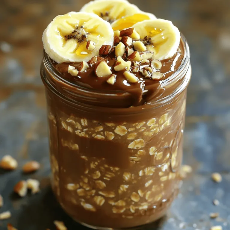 To make Protein Peanut Butter Chocolate Overnight Oats, you'll need: - 1 cup rolled oats - 2 cups unsweetened almond milk (or milk of choice) - 4 tablespoons natural peanut butter - 2 tablespoons cocoa powder - 2 tablespoons honey or maple syrup (adjust to taste) - 1 scoop protein powder (chocolate or vanilla) - 1 teaspoon vanilla extract - A pinch of salt - Optional toppings: banana slices, chopped nuts, chocolate chips, or shredded coconut Each serving of these oats is packed with nutrients. Here’s what you get: - Calories: Approximately 350 - Protein: About 20 grams - Carbohydrates: Around 45 grams - Fiber: Roughly 8 grams - Sugars: About 10 grams This meal provides a good mix of protein and fiber to keep you full. You can add fun toppings to make your oats even better. Here are some ideas: - Banana slices for sweetness - Chopped nuts for crunch - Chocolate chips for a treat - Shredded coconut for a tropical twist Feel free to mix and match these toppings based on what you like best! Start with a large bowl or a mason jar. Add 1 cup of rolled oats. Then pour in 2 cups of unsweetened almond milk. If you prefer, use any milk you like. Next, add 1 scoop of protein powder. I often use chocolate or vanilla for a tasty twist. Mix these base ingredients well. You want everything to blend perfectly. Now it's time for the fun part! Add 4 tablespoons of natural peanut butter to your mix. This gives the oats a rich, nutty flavor. Next, add 2 tablespoons of cocoa powder. This adds that delightful chocolate taste. Don’t forget to include 2 tablespoons of honey or maple syrup. Adjust this amount to match your sweetness preference. Finally, stir in 1 teaspoon of vanilla extract. This enhances all the flavors. Mix until everything is smooth and well combined. After mixing, sprinkle a pinch of salt into the bowl. This brings out all the flavors. Stir again to combine. Cover your bowl or jar and place it in the fridge. Let it chill overnight, or at least for 4 hours. This step allows the oats to soak up the milk and flavors. In the morning, stir the oats well. If they seem too thick, add a splash of almond milk. Serve the oats in a bowl or keep them in jars for a quick breakfast. You can top them with banana slices, chopped nuts, chocolate chips, or shredded coconut for extra flavor and texture. Enjoy! For creamy overnight oats, start with the right ratio of liquid to oats. I use 2 cups of unsweetened almond milk for 1 cup of rolled oats. This balance helps the oats soak up the milk. If you find your oats too thick in the morning, just add a splash of almond milk. Stir it well until you reach the creaminess you like. Sweetness is key in this recipe. I suggest starting with 2 tablespoons of honey or maple syrup. You can always add more if needed. Taste your mix before it chills. If it needs more sweetness, add a little more syrup. Remember, the toppings can also add sweetness, so keep that in mind! Use a mason jar or a bowl with a lid to store your oats. This helps keep them fresh. Make sure to refrigerate them overnight. They can last up to three days in the fridge. If you make a big batch, just stir well before serving. Add your toppings right before you eat to keep them fresh and crunchy. {{image_2}} You can change the milk to fit your taste. Almond milk is great, but so is oat milk. Coconut milk adds a creamy texture. Cow's milk works well too. Each choice gives a unique flavor. You can even try flavored milks, like chocolate almond milk, for a fun twist. Protein powder can change the taste and boost nutrition. Chocolate protein powder enhances the chocolate flavor. Vanilla protein powder adds sweetness without overpowering. You can also use plant-based powders if you prefer. Each option gives you a chance to customize your oats. Want to make your oats more special? Add banana slices or berries for freshness. Chopped nuts add crunch and healthy fats. Chocolate chips bring extra sweetness and fun. Shredded coconut gives a tropical touch. You can also try spices like cinnamon or nutmeg for warmth. Mix and match until you find your perfect blend! You can keep your protein peanut butter chocolate overnight oats in the fridge for up to five days. The oats will stay fresh and tasty if stored properly. I recommend checking for any changes in smell or texture before eating. To store your oats, use a clean, airtight container. Mason jars work great for this! Make sure to cover them well to keep out air. If you plan to eat them later in the week, don’t add toppings until you’re ready to enjoy them. If you want to save your overnight oats for longer, you can freeze them. Use freezer-safe containers or bags to store your oats. They can last up to three months in the freezer. When you’re ready to eat, thaw them in the fridge overnight. Stir well before serving to bring back the creamy texture. Yes, you can easily make these oats vegan. Just swap the honey for maple syrup. Use unsweetened almond milk or any plant-based milk you like. This keeps the recipe tasty and plant-friendly. To boost protein, use a protein powder with your favorite flavor. You can also add Greek yogurt. Chia seeds or hemp seeds work great too. These options make your oats even more filling and nutritious. Toppings can add flavor and texture. I love using banana slices and chopped nuts. You might also enjoy chocolate chips or shredded coconut. These toppings will make your oats even more delicious! You learned how to make delicious Protein Peanut Butter Chocolate Overnight Oats. We explored the needed ingredients, from the base to optional toppings. I shared step-by-step instructions to guide you through mixing and refrigeration. Tips helped you fine-tune sweetness and achieve the perfect texture. We discussed variations and storage info to keep your oats fresh. In the end, these oats are not only tasty but also easy to customize and store. Enjoy your new recipe and the health benefits it brings!
