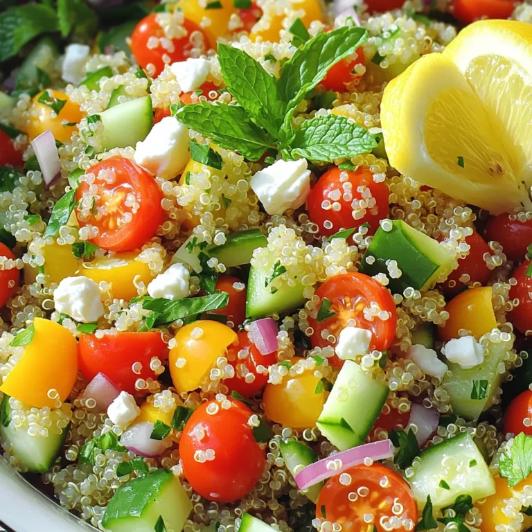 - 1 cup quinoa - 2 cups vegetable broth or water - 1 cup cherry tomatoes - 1 cucumber - 1 bell pepper - 1/4 cup red onion - 1/4 cup fresh parsley - 1/4 cup fresh mint - 1/4 cup feta cheese (optional) - 3 tablespoons olive oil - 2 tablespoons lemon juice - Zest of 1 lemon - Salt and pepper to taste Benefits of quinoa: Quinoa is a complete protein. It has all nine amino acids. This grain is high in fiber. It also helps with digestion and keeps you full. Importance of fresh vegetables: Fresh veggies add color and crunch. They bring vitamins and minerals to your meal. Eating a variety of vegetables boosts your health. Advantages of using olive oil: Olive oil is rich in healthy fats. It can lower bad cholesterol. It also adds a nice flavor to your salad. Plus, it helps your body absorb nutrients from the veggies. 1. Start by bringing 2 cups of vegetable broth or water to a boil in a medium saucepan. 2. Once the liquid boils, add 1 cup of rinsed quinoa. 3. Lower the heat and cover the pan. Let it simmer for about 15 minutes. 4. After 15 minutes, check that all the liquid is absorbed. 5. Fluff the cooked quinoa with a fork and let it cool to room temperature. 1. While the quinoa cools, chop 1 cup of cherry tomatoes in half. 2. Dice 1 cucumber into small pieces. 3. Next, dice 1 bell pepper of any color into small bits. 4. Finely chop 1/4 cup of red onion for a nice kick. 5. Lastly, chop 1/4 cup of fresh parsley and 1/4 cup of fresh mint. 1. In a large mixing bowl, combine all the chopped vegetables: tomatoes, cucumber, bell pepper, red onion, parsley, and mint. 2. In a small bowl, whisk together 3 tablespoons of olive oil, 2 tablespoons of lemon juice, and the zest of 1 lemon. Add salt and pepper to taste. 3. Add the cooled quinoa to the mixing bowl with the vegetables. 4. Pour the dressing over the quinoa and veggies. Gently toss everything to combine. 5. If you want to use feta cheese, sprinkle 1/4 cup of crumbled cheese on top and fold it in gently. 6. Let the salad sit for about 10 minutes to let the flavors mix well before serving. To make the best quinoa, start by rinsing it well. Rinsing removes the bitter coating called saponin. Use a fine mesh strainer to wash the quinoa under cold water. This step is key for a nice flavor. Next, cook the quinoa for the right time. Bring the vegetable broth to a boil, then add the rinsed quinoa. Reduce the heat and cover the pot. Cook it for about 15 minutes. When all the liquid is absorbed, fluff it with a fork. Let it cool at room temperature to keep it from getting mushy. For the best flavor, let the salad sit for about 10 minutes after mixing. This gives the flavors time to blend. Adjust the seasoning as needed. Taste the salad and add more salt or pepper if you like. You can also add more lemon juice for extra zing. Serve the salad in bright bowls to make it pop. Add lemon wedges to each bowl for a fresh touch. Garnish with extra herbs like parsley or mint. This makes your salad look even more inviting. A little color goes a long way in making it appealing! {{image_2}} You can change the vegetables based on what is fresh. In summer, you might add zucchini or bell peppers. In the fall, consider roasted squash or kale. These swaps keep the salad vibrant and exciting. If you need a gluten-free option, quinoa is a perfect choice. It is naturally gluten-free and packed with protein. Want to make your salad heartier? Adding beans or chickpeas can boost protein. They add texture and flavor. Grilled chicken or shrimp are great options too. Just toss them in right before serving. These proteins make the salad a complete meal. Spice things up by adding cumin or paprika. These spices give a warm, earthy flavor. If you want to change the citrus taste, try lime or orange juice. Each citrus brings a new twist to the salad. Experimenting with flavors keeps it fresh and fun! To keep your lemon herb quinoa salad fresh, store it in the fridge. Use airtight containers to seal in flavor and moisture. This method prevents the salad from drying out. Make sure to let the salad cool completely before sealing it. This step keeps condensation from forming in the container. You can freeze quinoa salad, but it may change texture. If you want to freeze it, store it in a freezer-safe container. Leave some space at the top so the salad can expand. When you're ready to eat, thaw it in the fridge overnight. Serve it cold or gently reheat it. Add a splash of lemon juice to freshen up the flavor before serving. Lemon herb quinoa salad lasts about 3 to 5 days in the fridge. Check for signs of spoilage before eating. If you see mold or notice an off smell, it’s best to discard it. Fresh ingredients like tomatoes and cucumbers can spoil faster, so keep an eye on them. To cook quinoa, start by rinsing it well. This removes the bitter coating called saponin. Then, use two cups of broth or water for every cup of quinoa. Bring the liquid to a boil, then add the quinoa. Lower the heat and cover it. Let it simmer for about 15 minutes. After that, fluff it with a fork. If you see liquid left, it may need more time. Common mistakes include not rinsing quinoa and using too much heat. Rinsing is key for taste. Cooking at a high temperature can make it mushy. Always check the package for specific cooking times, as they may vary. Yes, you can make this salad in advance. Prep the quinoa and veggies ahead of time. Store them separately until you are ready to serve. This keeps everything fresh. Mix the salad just before serving. This way, the veggies stay crispy. Best practices include storing the salad in an airtight container. You can keep it in the fridge for up to three days. If you add feta cheese, do so right before serving to keep it fresh. Definitely! Lemon Herb Quinoa Salad is great for meal prep. You can portion it out into individual servings. This makes it easy to grab and go. Use small containers for each serving. Tips for portioning include using a cup or scale to measure. This helps you keep track of servings. You can also mix and match it with other meals throughout the week. Lemon Herb Quinoa Salad goes well with many dishes. You can serve it alongside grilled chicken, fish, or shrimp. It also pairs nicely with roasted vegetables. For a vegetarian option, serve it with hummus or stuffed peppers. The bright flavors of the salad complement rich dishes well. Don't forget to add a slice of lemon for extra zest! This blog post shows you how to make a tasty Lemon Herb Quinoa Salad. You learned about key ingredients and their health benefits. I shared steps to cook quinoa and prepare vegetables easily. Tips like marinating for flavor make a big difference. You can also swap ingredients for variety. In my view, this salad is refreshing and healthy. It’s easy to make, perfect for any meal. Enjoy experimenting with flavors and ingredients to make it your own.