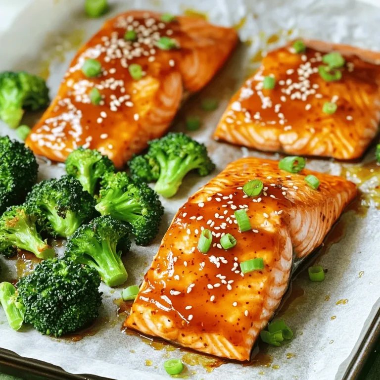 - 4 salmon fillets (about 6 oz each) - 2 cups broccoli florets - 1/4 cup sweet chili sauce - 2 tablespoons soy sauce - 1 tablespoon honey - 1 tablespoon olive oil - 3 cloves garlic, minced - 1 teaspoon ginger, grated - Salt and pepper to taste - Sesame seeds for garnish - Sliced green onions for garnish The star of this dish is the salmon. You need four fillets, each about six ounces. Salmon cooks well in the oven. It is rich in flavor and healthy too. Next is the broccoli. You need two cups of broccoli florets. Broccoli adds crunch and color to the meal. The sweet chili sauce gives this dish its name. You will need a quarter cup of it. It brings a nice sweetness. The soy sauce adds depth to the flavor. You will use two tablespoons of it. Honey is next. One tablespoon of honey helps balance the heat from the chili sauce. Olive oil is important for the broccoli. Just one tablespoon will do. You will also need garlic, three cloves minced, and a teaspoon of grated ginger for an extra kick. Don't forget salt and pepper to taste. Finally, sesame seeds and sliced green onions make great garnishes. They add a nice touch of flavor and color to your dish. With these ingredients, you will create a delightful meal that is both tasty and easy to make! Start by preheating your oven to 400°F (200°C). This step is key for perfect cooking. Grab a large baking sheet and line it with parchment paper. If you don't have parchment, lightly grease the sheet with some cooking spray or olive oil. This will help the food not stick. In a small bowl, mix the sweet chili sauce, soy sauce, honey, minced garlic, and grated ginger. Use a whisk to blend everything well. This sauce adds a sweet and spicy kick to the salmon. Taste it and adjust if you want more sweetness or spice. Place the salmon fillets on one side of the prepared baking sheet. Make sure to leave space for the broccoli. Season the salmon with salt and pepper. Then, brush the sweet chili sauce mixture generously over the salmon. On the other side, arrange the broccoli florets. Drizzle olive oil over them and season with salt and pepper. Toss the broccoli to coat it well in the oil. Now, it's time to roast the salmon and broccoli. Place the sheet pan in the preheated oven. Roast for about 15 to 20 minutes. The salmon should flake easily with a fork, and the broccoli should be bright green and tender. Keep an eye on it to avoid overcooking. After roasting, take the sheet pan out of the oven. Gently sprinkle sesame seeds and sliced green onions over the salmon and broccoli. This adds a nice crunch and fresh flavor. Serve the dish hot right from the pan for a beautiful meal. Enjoy your Sweet Chili Salmon and Broccoli! To make sure your salmon is perfect, start with fresh fillets. Use a fork to check if it flakes easily; this means it’s done. The sweet chili glaze adds flavor and moisture, keeping the fish juicy. I love to brush it on before cooking. This method helps the salmon absorb all the tasty goodness. If you prefer a crispier top, broil the salmon for the last 2-3 minutes. Just watch it closely to avoid burning. For crisp-baked broccoli, choose small florets. They cook evenly and get that nice crunch. Toss the florets in olive oil, salt, and pepper to coat them well. Lay them in a single layer on the baking sheet. This helps them roast instead of steam. Cooking them alongside the salmon saves time and adds great flavor from the drippings. Check them halfway through, and give them a gentle stir to ensure even cooking. Sweet chili sauce is a star in this dish. You can adjust its flavor by adding more soy sauce for saltiness or honey for extra sweetness. If you want heat, add a dash of sriracha or red pepper flakes. Mixing in lime juice can also brighten the dish. Feel free to experiment until you find your perfect balance. This flexibility lets you customize the dish to suit your taste. {{image_2}} You can swap broccoli for other veggies. Cauliflower works great and adds a nice crunch. Carrots bring a sweet taste and vibrant color. Green beans are also a good choice; they cook quickly and stay crisp. Feel free to mix different vegetables for a colorful meal. Salmon is the star here, but you can try other proteins. Chicken breasts are a great swap; just adjust the cooking time. Shrimp cooks fast and adds a lovely touch. Tofu is perfect for a plant-based option. Just press and marinate it with the sauce. You can customize the sauce to fit your taste. Add more honey for extra sweetness or a splash of lime juice for tang. Try using garlic powder instead of fresh garlic if you're in a pinch. Adding a dash of sesame oil gives a nice depth of flavor. After enjoying your meal, store any leftovers in an airtight container. This keeps the salmon and broccoli fresh. Place the container in the fridge. Enjoy your leftovers within two days for the best taste. To reheat, preheat your oven to 350°F (175°C). Place the salmon and broccoli on a baking sheet. Cover with foil to keep moisture in. Heat for about 10-15 minutes, or until warm. You can also use a microwave. Just heat in short bursts, checking often. If you want to freeze your dish, let it cool first. Wrap each piece of salmon and broccoli tightly in plastic wrap. Place them in a freezer-safe bag. This helps prevent freezer burn. Your meal can last for up to three months in the freezer. Thaw it in the fridge overnight before reheating. Yes, you can use frozen salmon. Just thaw it first. Place it in the fridge overnight or use cold water. After thawing, pat it dry and follow the recipe as usual. Cooking time may vary slightly, so check for doneness. If you don’t have sweet chili sauce, try mixing honey and sriracha. Combine equal parts for a sweet and spicy kick. You can also use teriyaki sauce for a different flavor. Adjust the amounts to suit your taste. Cook salmon for 15-20 minutes at 400°F (200°C). It should flake easily with a fork when done. Salmon is safe to eat when it reaches an internal temperature of 145°F (63°C). Use a meat thermometer for accuracy. Absolutely! This dish works well for meal prep. After cooking, store the salmon and broccoli in airtight containers. Keep them in the fridge for up to four days. Reheat in the microwave or oven for a quick meal. This blog post covered a tasty salmon and broccoli recipe. You learned the key ingredients, step-by-step cooking tips, and variations to customize it. Proper storage methods help you keep leftovers fresh, too. Remember, cooking can be simple and fun. Use this recipe as a base to explore your creativity. Enjoy making this dish and share it with family or friends!