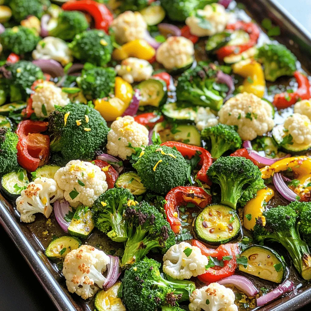 - 2 cups broccoli florets - 2 cups cauliflower florets - 1 red bell pepper, sliced - 1 yellow bell pepper, sliced - 1 zucchini, sliced - 1 small red onion, sliced When choosing vegetables, I love a mix of colors and textures. Broccoli and cauliflower add crunch. Bell peppers bring sweetness, and zucchini adds softness. Red onion gives a nice bite. This blend makes each bite exciting. - 4 cloves garlic, minced - 3 tablespoons olive oil - Zest of 1 lemon - 2 tablespoons lemon juice - 1 teaspoon dried oregano - 1 teaspoon dried thyme - Salt and pepper to taste For seasoning, garlic is a must. It gives a warm, rich flavor. Olive oil helps the veggies roast nicely. Lemon zest and juice add brightness, making everything fresh. Oregano and thyme bring depth. Don't forget salt and pepper to enhance all those flavors! - Fresh parsley Garnishing with fresh parsley makes the dish pop. It adds a lovely green color and a fresh taste. Just chop it finely and sprinkle it on top before serving. This small step makes your meal look and taste gourmet! - Preheating the oven Start by preheating your oven to 425°F (220°C). This high heat helps the veggies roast nicely. - Preparing the vegetables In a large bowl, add 2 cups of broccoli florets, 2 cups of cauliflower florets, and your sliced bell peppers. Chop 1 zucchini and slice 1 small red onion. Mix all these veggies together well. - Mixing the seasoning In a small bowl, combine 4 minced garlic cloves, 3 tablespoons of olive oil, the zest of 1 lemon, and 2 tablespoons of lemon juice. Then, add 1 teaspoon each of dried oregano and thyme. Season with salt and pepper. Whisk it together until it’s smooth. - Coating the veggies Pour your garlic-lemon mixture over the veggies in the large bowl. Toss everything together until the veggies are fully coated. This step is key for great flavor. - Spreading on the sheet pan Take a large sheet pan and spread the coated vegetables evenly. Make sure they are in a single layer. This helps them roast better. - Roasting process Place the sheet pan in your preheated oven. Roast for 20-25 minutes. Stir the veggies halfway through. This way, they cook evenly and get that nice char. - Garnishing tips After roasting, remove the pan from the oven. Let the veggies cool for a few minutes. Garnish them with fresh parsley before serving for a pop of color. - Cooling time before serving Allow the veggies to cool slightly. This helps the flavors settle and makes them easier to eat. Enjoy your fresh and tasty meal! To get the best roast, spread the veggies out on the sheet pan. If they touch, they steam instead of roast. This means they won’t brown well. Stir the veggies halfway through cooking. This helps them cook evenly and get that nice char. Add your favorite spices or herbs for more taste. Try paprika or fresh basil for a twist. You can also marinate the veggies. Mix them with olive oil, garlic, and lemon juice. Let them sit for 30 minutes before cooking. This boosts the flavor a lot. Chop your veggies ahead of time. You can do this the night before. Just keep them in the fridge in a sealed bag. You can also use frozen veggies. They cook well and save you time. Just adjust the cooking time, and you’re good to go! {{image_2}} You can mix up your veggies easily. Try adding: - Asparagus for a crunchy bite. - Carrots for sweetness. - Mushrooms for earthy flavor. You can also change your seasoning. Instead of oregano and thyme, use: - Italian seasoning for a bolder taste. - Paprika for a smoky flavor. - Curry powder for a warm spice. For a vegan or gluten-free option, this recipe works great! Just use: - A gluten-free oil instead of regular olive oil. - Ensure your spices are gluten-free. If you're looking for low-carb swaps, focus on: - Zucchini and cauliflower as your main veggies. - Skip the bell peppers for fewer carbs. Want to try cooking these veggies in an air fryer? Here’s how: - Preheat the air fryer to 400°F (200°C). - Toss the veggies with oil and seasonings. - Cook for 10-15 minutes, shaking halfway. Grilling adds a smoky taste. Here’s how you can grill: - Preheat your grill to medium-high. - Place the veggies in a grill basket. - Grill for 10-12 minutes, stirring often for even cooking. After enjoying your sheet pan garlic lemon veggies, store any leftovers in the fridge. Use an airtight container to keep them fresh. You can eat these veggies for up to four days. Check for any signs of spoilage before using them. To freeze roasted vegetables, first let them cool completely. Spread them out on a baking sheet in a single layer. Freeze for about one hour, then transfer to a freezer-safe bag. They can last in the freezer for up to three months. When reheating frozen leftovers, you can bake them at 400°F (200°C) for about 15-20 minutes. This helps keep them tasty. These veggies are great for meal prep. You can toss them in salads or wraps for a quick lunch. Add them to pasta or stir-fries for extra flavor. You can even blend them into soups for a healthy twist. Be creative and enjoy your leftovers in new ways! To make the veggies crispier, space them out well on the sheet pan. Crowding the pan traps steam, making them soggy. You can also roast them at a high temperature, around 425°F (220°C). If you want more crunch, try broiling for a few minutes at the end. This gives a nice char without burning them. Yes, you can swap out vegetables to your liking. Carrots, asparagus, or even Brussels sprouts work well. Just keep in mind that some veggies cook faster than others. Cut them into similar sizes to ensure even cooking. Leftovers can last about 3 to 5 days in the fridge. Store them in an airtight container for best results. If you notice any signs of spoilage, it's best to toss them out. Absolutely! This recipe is great for meal prep. You can make a big batch and store it in the fridge. Just reheat portions throughout the week. It pairs well with grains or proteins for balanced meals. Garlic lemon veggies go well with many dishes. Serve them with grilled chicken, fish, or tofu for protein. You can also pair them with rice, quinoa, or pasta for a complete meal. They add color and flavor to any plate! This blog post shows how to roast vegetables perfectly. We explored key ingredients like fresh veggies, tasty spices, and simple techniques. You learned step-by-step instructions for preparation and cooking, plus tips to enhance flavor. Remember, you can swap ingredients for your favorite ones or adjust for diet needs. With this knowledge, you can create delicious roasted veggies that fit your taste. Whether for meal prep or a side dish, happy roasting!