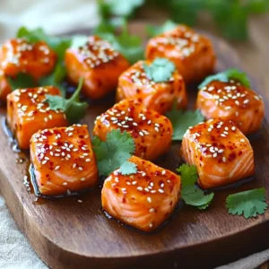 - 1 lb skinless and boneless salmon fillet - 1/4 cup sweet chili sauce - 1 tablespoon soy sauce - 1 tablespoon olive oil - 1 teaspoon garlic powder - 1 teaspoon ginger powder - 1/2 teaspoon black pepper - 1 tablespoon sesame seeds - Fresh cilantro leaves (optional) For this dish, I love using fresh salmon. It tastes great and cooks well. The sweet chili sauce adds a nice touch of sweetness, while the soy sauce gives it depth. Olive oil helps keep the salmon moist and flavorful. The garlic powder and ginger powder add amazing flavor to the salmon. Black pepper gives it a little kick. For garnishing, sesame seeds add crunch and make the dish look nice. Fresh cilantro can brighten up the plate, too. This blend of ingredients makes the sweet chili salmon bites a tasty treat that everyone will enjoy. Remember, using quality ingredients will give you the best results! - Cut the salmon fillet into bite-sized cubes. Aim for about 1-inch pieces. - In a bowl, mix the sweet chili sauce, soy sauce, olive oil, garlic powder, ginger powder, and black pepper. Whisk until blended. - Pour the sauce over the salmon cubes. Toss gently to coat all pieces. - Let the salmon marinate in the fridge for 15-20 minutes. This helps boost the flavor. - Preheat your air fryer to 400°F (200°C) for about 5 minutes. - Once ready, arrange the marinated salmon bites in the air fryer basket. Make sure they are in a single layer to cook evenly. - Cook the salmon bites for 8-10 minutes. Shake the basket halfway through to ensure even cooking. The outside should be crisp. - Carefully take out the salmon bites and place them on a platter. - Sprinkle sesame seeds over them for a nice texture. - If you like, add fresh cilantro leaves as a garnish for extra color and flavor. How do I check for doneness? To check if your salmon bites are done, look for a light pink color. The fish should flake easily with a fork. If it’s still tough or raw, give it a few more minutes in the air fryer. Why is marinating important? Marinating adds great flavor to the salmon. Letting it sit in the sauce for 15-20 minutes helps the spices soak in. This simple step makes a big difference in taste. How can I adjust the sauce ingredients? You can tweak the sauce to suit your taste. Try adding more soy sauce for saltiness or extra sweet chili sauce for a kick. A splash of lime juice can brighten the flavors too. What alternate spices can I use for seasoning? If you want to switch things up, use paprika for smokiness or add cayenne for heat. Experimenting with herbs like dill or parsley can also add a unique twist. How do I avoid overcrowding in the air fryer? Make sure to space out the salmon bites in the air fryer basket. Overcrowding makes it hard for the hot air to circulate. If needed, cook them in batches to ensure even cooking. What are the recommended cooking times based on air fryer models? Most air fryers cook at similar times. For most models, 8-10 minutes at 400°F works well. However, check your air fryer’s manual for specific settings, as some may cook faster or slower than others. {{image_2}} You can change the sauce to fit your taste. Try teriyaki sauce for a sweet twist. You can also use a spicy garlic sauce for extra heat. If you want a different fish, consider using tilapia or cod. These fish have a mild flavor that works well with sweet chili sauce. Just make sure to adjust cooking times as needed. Adding veggies boosts the meal's nutrition. Bell peppers, zucchini, and asparagus pair well with salmon. You can cut them into bite-sized pieces and add them to the air fryer. Cook them for about 5-7 minutes along with the salmon. This way, they will be tender yet crisp. Serve these salmon bites as appetizers at your next gathering. Use toothpicks for easy eating. For a main course, serve them over rice or quinoa. You can also add a side salad for balance. Pair them with a light white wine or sparkling water for a refreshing touch. To store your salmon bites, place them in an airtight container. This keeps them fresh and prevents odors. They will last up to three days in the fridge. Make sure to let them cool before sealing the container. This helps avoid moisture buildup, which can make them soggy. To freeze the salmon bites, let them cool completely. Then, arrange them in a single layer on a baking sheet. Freeze them for about an hour, then transfer them to a zip-top bag. This method helps them keep their shape. You can freeze them for up to three months. When you're ready to eat, thaw them overnight in the fridge. Reheat them in the air fryer at 350°F for about 5-7 minutes. You can make these salmon bites ahead of time. Prepare a big batch and store them in the fridge. They are great for quick meals. Pair them with rice and veggies for a full meal. You can also add them to salads or wraps for tasty lunches. Cook salmon bites in the air fryer for 8 to 10 minutes. Make sure to check them halfway through. Shake the basket to help them cook evenly. The salmon should look firm and have a slight crisp. Yes, you can use frozen salmon. Just make sure to thaw it completely first. This helps the salmon cook evenly. You can thaw salmon in the fridge overnight or in cold water for faster results. Each serving of sweet chili salmon bites has about 250 calories. They are high in protein and healthy fats. The exact values may vary based on the specific ingredients you use. You can cook these salmon bites in a regular oven. Preheat your oven to 400°F (200°C). Place the salmon bites on a baking sheet. Bake for about 12 to 15 minutes or until fully cooked. This blog post covered tasty sweet chili salmon bites made easy. We detailed the main and seasoning ingredients, along with step-by-step cooking instructions. I shared tips for perfect cooking and fun variations to suit your taste. Remember, marinating boosts flavor, and alternate sauces keep things fresh. Store leftovers properly to enjoy later. With these simple steps and ideas, you can create a dish worthy of any meal. Cooking can be fun, and it’s all about experimenting to find your perfect bite. Enjoy your cooking journey!