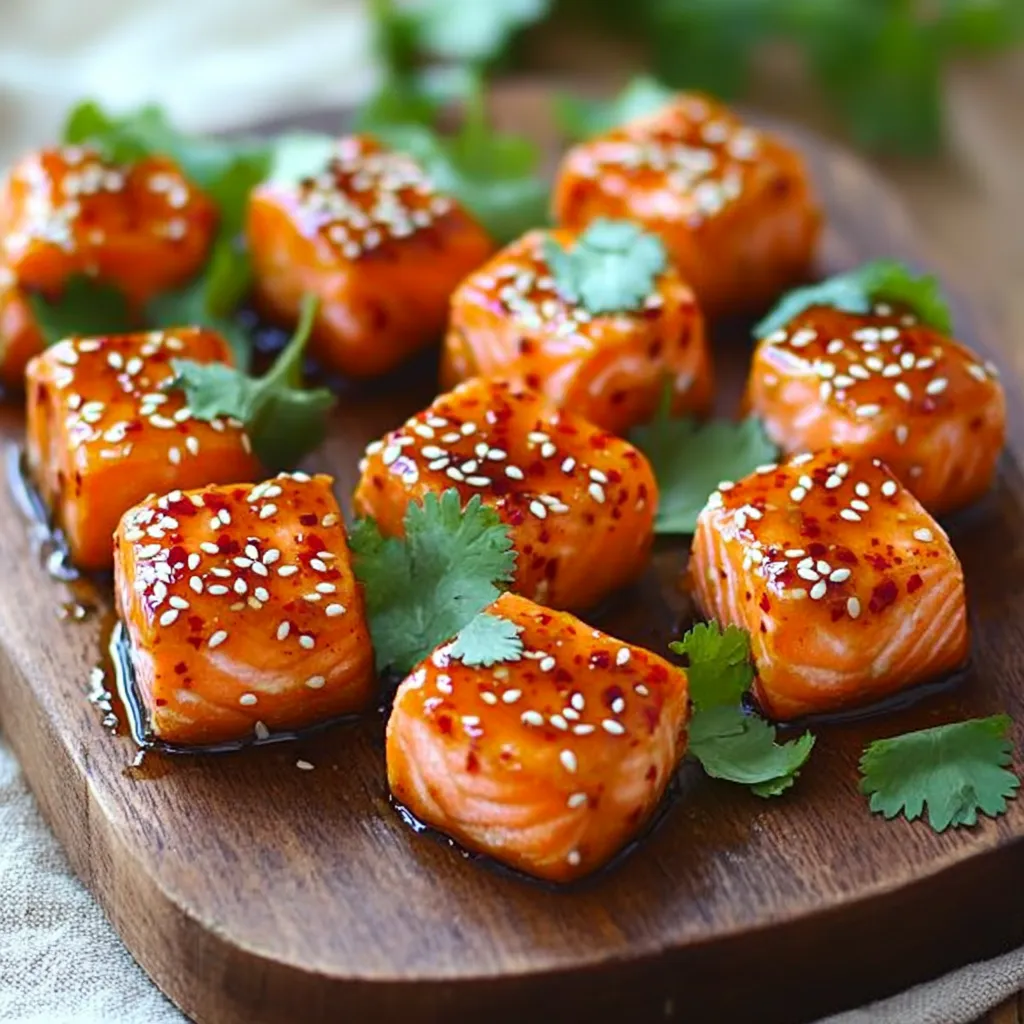 - 1 lb skinless and boneless salmon fillet - 1/4 cup sweet chili sauce - 1 tablespoon soy sauce - 1 tablespoon olive oil - 1 teaspoon garlic powder - 1 teaspoon ginger powder - 1/2 teaspoon black pepper - 1 tablespoon sesame seeds - Fresh cilantro leaves (optional) For this dish, I love using fresh salmon. It tastes great and cooks well. The sweet chili sauce adds a nice touch of sweetness, while the soy sauce gives it depth. Olive oil helps keep the salmon moist and flavorful. The garlic powder and ginger powder add amazing flavor to the salmon. Black pepper gives it a little kick. For garnishing, sesame seeds add crunch and make the dish look nice. Fresh cilantro can brighten up the plate, too. This blend of ingredients makes the sweet chili salmon bites a tasty treat that everyone will enjoy. Remember, using quality ingredients will give you the best results! - Cut the salmon fillet into bite-sized cubes. Aim for about 1-inch pieces. - In a bowl, mix the sweet chili sauce, soy sauce, olive oil, garlic powder, ginger powder, and black pepper. Whisk until blended. - Pour the sauce over the salmon cubes. Toss gently to coat all pieces. - Let the salmon marinate in the fridge for 15-20 minutes. This helps boost the flavor. - Preheat your air fryer to 400°F (200°C) for about 5 minutes. - Once ready, arrange the marinated salmon bites in the air fryer basket. Make sure they are in a single layer to cook evenly. - Cook the salmon bites for 8-10 minutes. Shake the basket halfway through to ensure even cooking. The outside should be crisp. - Carefully take out the salmon bites and place them on a platter. - Sprinkle sesame seeds over them for a nice texture. - If you like, add fresh cilantro leaves as a garnish for extra color and flavor. How do I check for doneness? To check if your salmon bites are done, look for a light pink color. The fish should flake easily with a fork. If it’s still tough or raw, give it a few more minutes in the air fryer. Why is marinating important? Marinating adds great flavor to the salmon. Letting it sit in the sauce for 15-20 minutes helps the spices soak in. This simple step makes a big difference in taste. How can I adjust the sauce ingredients? You can tweak the sauce to suit your taste. Try adding more soy sauce for saltiness or extra sweet chili sauce for a kick. A splash of lime juice can brighten the flavors too. What alternate spices can I use for seasoning? If you want to switch things up, use paprika for smokiness or add cayenne for heat. Experimenting with herbs like dill or parsley can also add a unique twist. How do I avoid overcrowding in the air fryer? Make sure to space out the salmon bites in the air fryer basket. Overcrowding makes it hard for the hot air to circulate. If needed, cook them in batches to ensure even cooking. What are the recommended cooking times based on air fryer models? Most air fryers cook at similar times. For most models, 8-10 minutes at 400°F works well. However, check your air fryer’s manual for specific settings, as some may cook faster or slower than others. {{image_2}} You can change the sauce to fit your taste. Try teriyaki sauce for a sweet twist. You can also use a spicy garlic sauce for extra heat. If you want a different fish, consider using tilapia or cod. These fish have a mild flavor that works well with sweet chili sauce. Just make sure to adjust cooking times as needed. Adding veggies boosts the meal's nutrition. Bell peppers, zucchini, and asparagus pair well with salmon. You can cut them into bite-sized pieces and add them to the air fryer. Cook them for about 5-7 minutes along with the salmon. This way, they will be tender yet crisp. Serve these salmon bites as appetizers at your next gathering. Use toothpicks for easy eating. For a main course, serve them over rice or quinoa. You can also add a side salad for balance. Pair them with a light white wine or sparkling water for a refreshing touch. To store your salmon bites, place them in an airtight container. This keeps them fresh and prevents odors. They will last up to three days in the fridge. Make sure to let them cool before sealing the container. This helps avoid moisture buildup, which can make them soggy. To freeze the salmon bites, let them cool completely. Then, arrange them in a single layer on a baking sheet. Freeze them for about an hour, then transfer them to a zip-top bag. This method helps them keep their shape. You can freeze them for up to three months. When you're ready to eat, thaw them overnight in the fridge. Reheat them in the air fryer at 350°F for about 5-7 minutes. You can make these salmon bites ahead of time. Prepare a big batch and store them in the fridge. They are great for quick meals. Pair them with rice and veggies for a full meal. You can also add them to salads or wraps for tasty lunches. Cook salmon bites in the air fryer for 8 to 10 minutes. Make sure to check them halfway through. Shake the basket to help them cook evenly. The salmon should look firm and have a slight crisp. Yes, you can use frozen salmon. Just make sure to thaw it completely first. This helps the salmon cook evenly. You can thaw salmon in the fridge overnight or in cold water for faster results. Each serving of sweet chili salmon bites has about 250 calories. They are high in protein and healthy fats. The exact values may vary based on the specific ingredients you use. You can cook these salmon bites in a regular oven. Preheat your oven to 400°F (200°C). Place the salmon bites on a baking sheet. Bake for about 12 to 15 minutes or until fully cooked. This blog post covered tasty sweet chili salmon bites made easy. We detailed the main and seasoning ingredients, along with step-by-step cooking instructions. I shared tips for perfect cooking and fun variations to suit your taste. Remember, marinating boosts flavor, and alternate sauces keep things fresh. Store leftovers properly to enjoy later. With these simple steps and ideas, you can create a dish worthy of any meal. Cooking can be fun, and it’s all about experimenting to find your perfect bite. Enjoy your cooking journey!