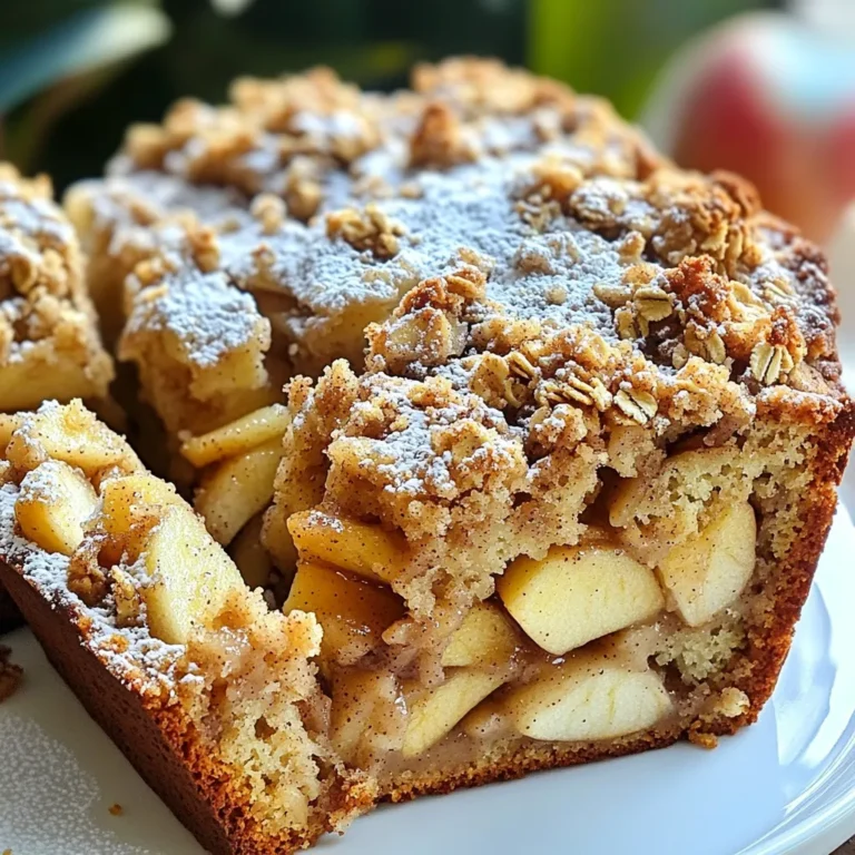 - 2 cups all-purpose flour - 1 cup granulated sugar - 2 teaspoons baking powder - 1 teaspoon baking soda - 1 teaspoon ground cinnamon - ½ teaspoon salt - 2 large eggs - ½ cup vegetable oil The main ingredients come together to create a soft and tasty bread. All-purpose flour gives the bread structure. Granulated sugar adds sweetness. Baking powder and baking soda help the bread rise. Ground cinnamon gives that warm, cozy flavor. Salt balances the sweetness. Eggs provide moisture and richness, while vegetable oil ensures a tender crumb. - 1 cup plain yogurt - 1 teaspoon vanilla extract - 2 cups apples, peeled and diced Plain yogurt keeps the bread moist and adds a hint of tang. Vanilla extract enhances the flavor profile. Diced apples bring sweetness and texture. I recommend using tart apples for a nice contrast in flavor. - ½ cup rolled oats - ½ cup brown sugar - ¼ cup all-purpose flour - 1 teaspoon ground cinnamon - ¼ cup cold butter, cubed The crumble topping adds a crunchy layer to the bread. Rolled oats give it a hearty feel. Brown sugar provides deep sweetness. All-purpose flour helps bind the topping. Ground cinnamon makes it fragrant, while cold butter creates that crumbly texture we love. 1. Preheat your oven to 350°F (175°C). Grease a 9x5-inch loaf pan or line it with parchment paper. 2. In a large bowl, mix together 2 cups of all-purpose flour, 1 cup of granulated sugar, 2 teaspoons of baking powder, 1 teaspoon of baking soda, 1 teaspoon of ground cinnamon, and ½ teaspoon of salt. 3. In another bowl, whisk 2 large eggs. Add ½ cup of vegetable oil, 1 cup of plain yogurt, and 1 teaspoon of vanilla extract. Mix until smooth. 1. Pour the wet ingredients into the dry ingredients. Stir gently until just combined. Be careful not to overmix! 2. Fold in 2 cups of peeled and diced apples until they are evenly mixed into the batter. 1. In a small bowl, combine ½ cup of rolled oats, ½ cup of brown sugar, ¼ cup of all-purpose flour, 1 teaspoon of ground cinnamon, and ¼ cup of cubed cold butter. 2. Use your fingers or a pastry cutter to mix until the mixture looks like coarse crumbs. Once you have prepared everything, pour the batter into the loaf pan. Sprinkle the crumble topping on top and get ready to bake! To get the best apple cinnamon quick bread, avoid overmixing the batter. Mix just until the dry and wet ingredients combine. This helps keep the bread light and fluffy. When choosing apples, go for tart varieties like Granny Smith or Honeycrisp. They add the perfect sweet-tart flavor and hold their shape well when baked. You can boost the flavor by adding spices like nutmeg or cloves. These spices complement the cinnamon and add warmth. If you have dietary needs, consider using unsweetened applesauce instead of oil. You can also swap yogurt for a dairy-free option like almond yogurt, making it suitable for various diets. Presentation is key! Slice the bread and serve it warm. A light dusting of powdered sugar makes it look special. Drizzling honey or maple syrup adds a sweet touch. Pair it with fresh apple slices or a scoop of vanilla ice cream for a delightful contrast. Enjoy this treat with a warm cup of tea or coffee for a cozy experience. {{image_2}} You can switch up the apples for other fruits. Pears work great in this bread. They add a soft texture and a sweet flavor. Try using seasonal fruits like peaches or berries, too. You can also mix fruits for fun new tastes. Adding nuts brings a nice crunch. Walnuts or pecans add a rich flavor. Chop them up and fold them into the batter. Just keep an eye on the total fruit amount. Too much moisture can make the bread dense. Want to kick up the flavor? Try adding caramel or nutmeg. A little caramel sauce swirled in can make it sweet and rich. Nutmeg pairs well with cinnamon and gives depth. You can also experiment with yogurt flavors. Using vanilla, coconut, or even peach yogurt changes the taste. Each choice adds a unique twist. Don't be afraid to get creative! If you need a gluten-free option, swap all-purpose flour for almond or coconut flour. These flours change the bread's texture and flavor. Almond flour gives a nutty taste, while coconut flour adds sweetness. You may need to adjust the liquid in the recipe. Start with less yogurt and add more as needed. It helps keep the bread moist and fluffy. Always check the texture while mixing to get it right. You can store your apple cinnamon quick bread at room temperature or in the fridge. If you plan to eat it in a few days, keep it on the counter. Just wrap it in plastic wrap or foil. This keeps it fresh and moist. If you want to store it longer, put it in the fridge. The cool air helps it last up to a week. Freezing is a great way to keep your bread for later. To freeze, let the bread cool completely. Then, wrap it tightly in plastic wrap, followed by aluminum foil. This double wrapping prevents freezer burn. You can freeze it for up to three months. When you're ready to eat it, take it out and let it thaw in the fridge overnight. For a warm slice, reheat it in the oven at 350°F for about 10-15 minutes. When stored properly, your apple cinnamon quick bread can last about 5 days at room temperature or up to a week in the fridge. If you freeze it, aim to eat it within 3 months for the best flavor. Watch for signs of spoilage, like mold or an off smell. If you notice these, it’s best to toss the bread to stay safe. How to know when the bread is fully baked? You can check if the bread is done by inserting a toothpick into the center. If it comes out clean, the bread is ready. If it has batter on it, bake for a few more minutes and check again. This method is quick and easy. Can I use whole wheat flour instead? Yes, you can use whole wheat flour. It will change the texture and flavor a bit. The bread may be denser, but it will still taste great. Just remember to adjust the liquid if needed, as whole wheat flour absorbs more moisture. What can I substitute for yogurt? If you don’t have yogurt, you can use sour cream or buttermilk. Both will add moisture and a nice tang. You can also use applesauce for a lighter option. Just keep the same amount as the yogurt in your recipe. How do I keep the crumble from sinking? To keep the crumble on top, sprinkle it evenly over the batter before baking. Make sure the batter is thick enough to hold it up. You can also chill the crumble for a bit before using it. This helps it stay on top during baking. Can I serve this bread with a dessert topping? Yes! This bread pairs well with whipped cream or ice cream. You can also add a drizzle of caramel or chocolate sauce for a sweet touch. Fresh fruit or berries on the side will make it even better. What beverages pair well with apple cinnamon bread? Apple cinnamon bread goes well with hot tea or coffee. You can also serve it with apple cider for a cozy touch. Milk is a great option too, especially for kids. This blog post explored how to make delicious apple cinnamon bread. We covered the main and additional ingredients, plus the crumble topping. I shared step-by-step instructions for baking and tips to perfect it. You can also try different fruit options and store your bread properly. In the end, enjoy your warm loaf with coffee or tea. Bread brings comfort, and this recipe makes it easy. Happy baking!