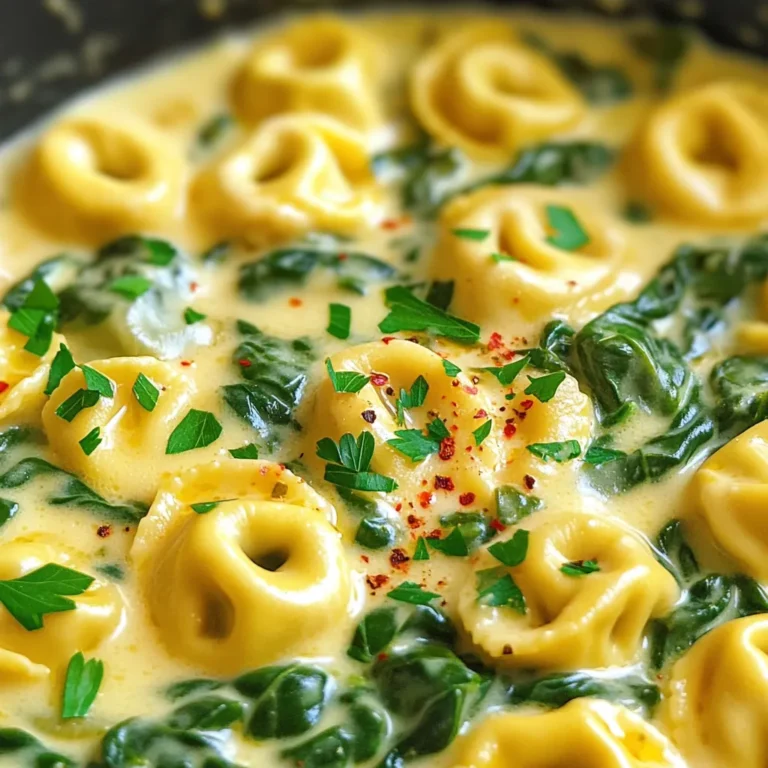 - 10 oz cheese tortellini (fresh or frozen) - 2 tablespoons olive oil - 3 cloves garlic, minced - 4 cups fresh spinach, packed - 1 cup heavy cream - 1 cup vegetable broth - 1 cup grated Parmesan cheese - 1 teaspoon garlic powder - 1/2 teaspoon nutmeg - Salt and pepper to taste - Fresh parsley, chopped (for garnish) - Optional: Red pepper flakes for heat To make this creamy dish, you will need: - A large pot or Dutch oven - A cutting board and knife - A wooden spoon or spatula - Measuring cups and spoons Using good quality ingredients makes a big difference. Fresh spinach tastes bright and adds color. Choose a cheese tortellini that you love. Fresh tortellini can be softer and more flavorful. For the cream, use heavy cream for the best richness. Freshly grated Parmesan cheese melts better than pre-grated cheese. If you like spice, keep red pepper flakes on hand. This will add a nice kick if you want it. 1. Gather your ingredients first. You need cheese tortellini, spinach, and garlic. 2. Chop the garlic finely. Fresh garlic gives the best flavor. 3. Wash the spinach leaves. Make sure to remove any dirt. 4. Measure out the heavy cream and vegetable broth. 5. Grate your Parmesan cheese if not pre-grated. 1. Heat the olive oil in a large pot over medium heat. Look for a shimmering surface. 2. Add the minced garlic and stir for about one minute. You want it fragrant, not burnt. 3. Toss in the fresh spinach. Cook it until it wilts, which takes about 2-3 minutes. 4. Pour in the heavy cream and vegetable broth. Stir to mix everything well. 5. Bring the mix to a gentle simmer, which is when small bubbles form. 6. Add the tortellini, garlic powder, nutmeg, salt, and pepper. Stir until combined. 7. Cover the pot and cook for 5-7 minutes. Stir occasionally so it cooks evenly. 8. Check if the tortellini is tender and the sauce thickens. 9. Remove the pot from heat. Stir in the grated Parmesan until it melts. 10. If you like spice, sprinkle some red pepper flakes on top. 11. Serve the dish hot, and garnish with fresh parsley. - Set a timer for 5 minutes once you cover the pot. - Stir the tortellini every couple of minutes to prevent sticking. - Taste a piece to check for doneness; it should be soft but not mushy. - If the sauce seems too thick, add a splash more broth or cream. - Keep an eye on the heat; adjust it if the sauce simmers too hard. To make a creamy sauce, start with fresh ingredients. Using heavy cream gives the best texture. Cook garlic until it smells good, but don’t let it burn. The spinach should wilt but stay bright green. Stir in the cream and broth slowly for the best mix. When you add Parmesan, do it off the heat to keep it smooth. Want to boost the flavor? Add a pinch of nutmeg; it really wakes up the creaminess. If you like heat, sprinkle in some red pepper flakes. Fresh parsley on top adds color and flavor. You can also toss in more garlic powder for a richer taste. Each of these small changes makes a big difference. Don’t rush the garlic; let it cook gently. If you burn it, the sauce will taste bitter. Avoid overcooking the tortellini; it can turn mushy. Check the seasoning before serving; a little extra salt can bring out all the flavors. Lastly, don’t skip the garnish; it makes your dish pop and look inviting. {{image_2}} You can easily boost this dish by adding protein. Cooked chicken or shrimp works well here. Simply sauté your meat in the pot before adding the garlic. This adds flavor and makes the meal heartier. If using chicken, I recommend diced grilled chicken for best results. For shrimp, add them when the tortellini cooks. They only need a few minutes to get juicy and tender. Feel free to mix in other veggies for added nutrition. Broccoli, peas, or bell peppers add great color and taste. You can also use frozen spinach if fresh isn’t available. Just make sure to thaw and drain it first. Adding different vegetables keeps the dish fun and healthy. Try combining a few for extra flavor! Switching up the sauce or cheese can change the whole dish. Instead of heavy cream, you could use a light cream or even a dairy-free option. For cheese, try mozzarella for a milder taste or goat cheese for a tangy twist. You can also add Alfredo sauce for extra creaminess. Don’t be afraid to get creative! To keep your creamy one-pot spinach Alfredo tortellini fresh, store it in an airtight container. I recommend refrigerating it within two hours of cooking. It will stay good for about three to four days. If you have more leftovers, you can place them in smaller portions. This makes it easy to grab a quick meal later. When you're ready to enjoy your leftovers, heat them gently. You can use the microwave or a saucepan. If using the microwave, warm it in short bursts. Stir in between to ensure even heating. If you use a saucepan, add a splash of vegetable broth or cream. This helps bring back the creamy texture. If you want to freeze your tortellini, do it before adding the cheese. Place it in a freezer-safe container or bag. It will keep for up to two months. When you’re ready to eat it, thaw it in the fridge overnight. Then, heat it up in a pot, adding cream and cheese to restore the sauce's creaminess. Enjoy! Yes, you can use frozen tortellini. It works well in this recipe. Just add it directly to the pot without thawing. The cooking time may be a minute longer, so keep an eye on it. The frozen tortellini will still soak up all the creamy flavor. To make this dish lighter, you can use half-and-half instead of heavy cream. You can also replace some of the cheese with a low-fat version. Adding more spinach and other veggies can help too. This keeps the taste great while cutting down on calories. You can use a mix of milk and yogurt as a substitute for heavy cream. This blend gives you creaminess with fewer calories. Another option is to use coconut milk for a dairy-free twist. Each choice will change the flavor a bit, but it will still taste good. Yes, you can make this dish ahead of time. Just cook it and let it cool. Store it in the fridge for up to three days. When you’re ready to eat, reheat it on the stove. You may need to add a splash of milk or broth to thin the sauce back out. This blog post shared key steps for a tasty tortellini dish. We covered essential ingredients, equipment, and tips for cooking. You learned how to avoid common mistakes and add your favorite protein or veggies. Remember to store leftovers properly and use the reheating tips to enjoy meals later. With the right ingredients and techniques, you can make this dish your own. Cooking should be fun and creative, so don’t hesitate to experiment! Enjoy your delicious creations!