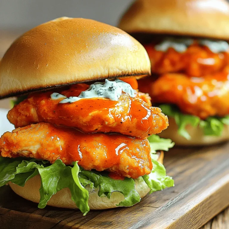 - 1 lb chicken breast, cut into fillets - 1 cup buttermilk The chicken breast is key for a tasty sandwich. I use fresh fillets for best results. Soaking the chicken in buttermilk makes it tender and flavorful. For best taste, let it marinate for at least one hour, or overnight if you have time. - 1 cup all-purpose flour - 1 cup breadcrumbs (Panko for extra crunch) - 1 teaspoon garlic powder - 1 teaspoon onion powder - 1 teaspoon smoked paprika - 1 teaspoon cayenne pepper (adjust to taste) - Salt and pepper to taste The breading gives the chicken that crunchy bite we love. I mix flour with garlic powder, onion powder, smoked paprika, and cayenne for a spicy kick. Use Panko breadcrumbs for extra texture. Dip each chicken piece in this mix for the perfect coat. - 4 sandwich rolls (brioche or whole wheat) - Lettuce leaves - Tomato slices - Blue cheese or ranch dressing (optional) Toppings add freshness and flavor. I prefer brioche rolls for their softness. Crisp lettuce and juicy tomatoes balance the spicy chicken. You can add blue cheese or ranch dressing for extra creaminess. These choices make each bite better! First, take 1 pound of chicken breast and cut it into fillets. Place these fillets in a bowl. Pour in 1 cup of buttermilk. Make sure all the chicken is fully soaked. Let it sit for at least 1 hour or overnight. This step makes the chicken tender and full of flavor. Next, grab two shallow dishes. In the first dish, whisk together: - 1 cup all-purpose flour - 1 teaspoon garlic powder - 1 teaspoon onion powder - 1 teaspoon smoked paprika - 1 teaspoon cayenne pepper (you can adjust this to your spice level) - Salt and pepper to taste In the second dish, place 1 cup of breadcrumbs. I recommend using Panko for that extra crunch! Now, it’s time to bread the chicken. Take each fillet out of the buttermilk. Let the excess buttermilk drip off. Dredge the chicken in the flour mix first. Then, coat it in the breadcrumbs. Make sure each piece is well-covered. Preheat your air fryer to 375°F (190°C) for about 5 minutes. Lightly spray the basket with cooking spray. Place the chicken fillets in a single layer. Cook for 12-15 minutes, flipping them halfway. They should be golden brown and reach an internal temperature of 165°F (74°C). Once the chicken is cooked, take it out of the air fryer. Toss the fillets in ½ cup of buffalo sauce until they are fully coated. Slice your sandwich rolls open. Start layering with lettuce leaves, a buffalo chicken fillet, and tomato slices. If you want, drizzle some blue cheese or ranch dressing on top. Place the other half of the roll on top. Enjoy your crunchy, spicy delight! To cook chicken well in an air fryer, start with good quality chicken breast. Cut it into even fillets. This helps them cook at the same rate. Marinate the chicken in buttermilk for at least one hour. This makes the chicken tender and juicy. Always preheat your air fryer before adding the chicken. This step helps achieve that crispy texture we all love. To get that perfect crunch, use Panko breadcrumbs. They are light and airy, which adds extra crunch. Make sure to coat the chicken fillets fully with the breading. Press the breadcrumbs onto the chicken for a thicker crust. Lightly spray the air fryer basket with cooking spray before adding the chicken. This prevents sticking and enhances crispiness. Flip the chicken halfway through cooking to ensure both sides get that golden brown color. Cooking times can vary based on model and size. Always check the internal temperature of the chicken. It should reach 165°F (74°C). If your air fryer cooks faster, reduce the time to about 10-12 minutes. If it’s slower, you may need 15-18 minutes. Adjust based on your air fryer’s performance to get the best results. {{image_2}} If you want more heat, add more cayenne pepper. Start with one teaspoon. Taste the chicken after adding the buffalo sauce. If you crave more spice, sprinkle in more cayenne. Be careful! It can get hot fast. For a milder flavor, use less cayenne. You can also try smoked paprika for a different kick. Adjust the heat to fit your taste. To make your sandwich healthier, switch to whole wheat bread. It adds fiber and nutrients. You can also choose low-calorie buffalo sauce. Many brands offer great taste with fewer calories. Greek yogurt makes a tasty substitute for ranch or blue cheese dressing. This option cuts fat while still adding creaminess. If you want a veggie option, use cauliflower instead of chicken. Cut the cauliflower into bite-sized pieces. Marinate them in buttermilk like you did with the chicken. Then coat them with the same breading mixture. Air fry them at the same temperature until crispy. Toss them in buffalo sauce for a great meat-free meal. These bites are just as fun and tasty. To store leftover sandwiches, wrap each one tightly in plastic wrap or foil. Place them in an airtight container. This keeps them fresh and prevents them from drying out. Store them in the fridge for up to three days. If you want to enjoy them later, do not add toppings right away. Keep toppings separate to maintain texture. To reheat your sandwiches, use the air fryer for the best results. Set it to 350°F (175°C) for about 5-7 minutes. This keeps the bread crispy and warms the chicken nicely. If you prefer using a microwave, heat them for 30 seconds to 1 minute. However, the bread may get soft. You can add a sprinkle of buffalo sauce to refresh the flavor. For meal prep, you can freeze the chicken fillets before assembling the sandwiches. Lay them flat in a single layer on a baking sheet. Freeze until solid, then transfer them to a freezer bag. They can last up to three months. When ready to eat, thaw in the fridge overnight. After thawing, bread and cook them as usual. Assemble your sandwich fresh for the best taste. You should marinate the chicken for at least 1 hour. This helps the chicken soak up the buttermilk's flavor. For best results, marinate overnight. The longer the chicken sits, the more tender it becomes. You can use frozen chicken, but I recommend thawing it first. Thawing allows the buttermilk to penetrate the meat better. Make sure to pat the chicken dry before marinating. This step ensures a nice coating. These sandwiches pair well with several sides. Here are some ideas: - Sweet potato fries - Coleslaw - Pickles - Fresh fruit salad - Potato chips Each option complements the spicy flavor of the sandwiches. Choose your favorite to complete the meal. To make gluten-free sandwiches, swap all-purpose flour and breadcrumbs for gluten-free versions. Use gluten-free bread for the rolls. Check labels on sauces too. Ensure they are gluten-free to keep the meal safe. This blog post covered making Air Fryer Buffalo Chicken Sandwiches. We explored the key ingredients like chicken, breading, and tasty toppings. I walked you through marinating, preparing, cooking, and assembling your delicious sandwiches. We shared tips for perfect crunch and alternative cooking times. In the end, you can put your own spin on these recipes. Try the spicy version or a healthy option. Storage tips will keep your leftovers fresh. Enjoy creating, and happy cooking!