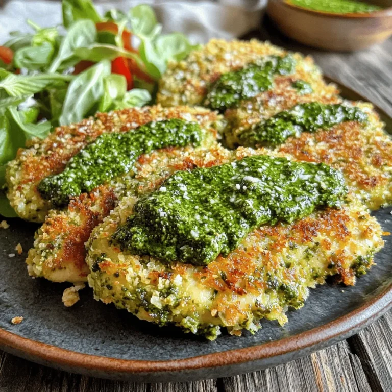 - 2 boneless, skinless chicken breasts - 1/2 cup basil pesto - 1 cup breadcrumbs (preferably panko for extra crunch) - 1/4 cup grated Parmesan cheese - 1/2 teaspoon garlic powder - 1/2 teaspoon onion powder - Salt and pepper to taste - Olive oil spray - Fresh herbs for garnish - Lemon wedges for serving Gathering the right ingredients sets the stage for crispy pesto chicken cutlets. Start with two boneless, skinless chicken breasts. These will be your canvas. Use 1/2 cup of basil pesto to give the chicken bold flavor. The pesto also helps keep the chicken moist. You’ll need 1 cup of breadcrumbs, and I recommend panko. Panko gives a light, crispy texture that regular breadcrumbs can’t match. Add in 1/4 cup of grated Parmesan cheese for a cheesy touch. This will help create a golden crust. Next, mix in 1/2 teaspoon each of garlic and onion powder for depth. Don’t forget the salt and pepper for seasoning. Finally, grab your olive oil spray to help the cutlets crisp up in the air fryer. If you want to add a bit more flair, consider fresh herbs for garnish. Lemon wedges serve well on the side, adding a zesty kick to each bite. This simple list of ingredients will lead you to a delicious meal that’s easy to prepare. How to pound chicken to an even thickness To start, place the chicken breasts in a zip-lock bag or between two sheets of plastic wrap. Use a meat mallet or rolling pin to pound the chicken to about 1/2 inch thick. This step helps the chicken cook evenly. Marinating the chicken with pesto Next, take the pounded chicken and coat it with basil pesto. Make sure every part of the chicken is covered. Let it sit in the fridge for at least 15 to 30 minutes. This marinating time lets the flavors soak in nicely. Preparing the breadcrumb mixture In a shallow dish, mix together breadcrumbs, grated Parmesan cheese, garlic powder, onion powder, salt, and pepper. Make sure the mixture is uniform. This will create a tasty crust on your chicken. Tips for even coating of the chicken After marinating, take each chicken piece out of the pesto. Let the extra pesto drip off. Dredge the chicken in the breadcrumb mixture, pressing gently to ensure it sticks well. Coat both sides thoroughly for a crunchy texture. Preheating the air fryer Preheat your air fryer to 380°F (190°C). This step is important to ensure even cooking. While it heats, spray the basket lightly with olive oil to prevent sticking. Cooking time and temperature details Place the breaded chicken cutlets in a single layer in the air fryer basket. You may need to cook in batches. Spray the tops of the cutlets lightly with olive oil for extra crispiness. Cook the chicken for about 10 to 12 minutes, flipping them halfway through for even cooking. Flipping the chicken for even cooking Flipping the chicken halfway through cooking is key. This ensures both sides get that golden brown color. The chicken is done when it reaches an internal temperature of 165°F (74°C). To get that perfect crispy bite, use panko breadcrumbs. They are light and airy, which helps create a nice crunch. Here are some techniques to enhance crispiness: - Spray with olive oil: Lightly spray the cutlets before and during cooking. - Do not overcrowd: Give each cutlet space in the air fryer. This allows hot air to circulate. For more flavor, consider adding spices like paprika or Italian seasoning. Fresh herbs like thyme or parsley can also brighten the dish. When marinating, let the chicken sit in pesto for at least 30 minutes. This gives the flavors time to soak in deeply. Serve your crispy chicken cutlets next to a colorful salad. A side of roasted veggies pairs well too. For a finishing touch, drizzle extra pesto over the top. This adds a pop of color and flavor, making your meal look even more appetizing. {{image_2}} You can switch up the main protein in this recipe. Try using turkey cutlets for a leaner option. Turkey works well and still stays moist in the air fryer. Pork cutlets are another tasty choice. They have a rich flavor that pairs nicely with pesto. For vegetarian options, consider using eggplant or zucchini slices. Cut them into thin pieces and bread them like the chicken. These veggies absorb the pesto flavor well and get crispy in the air fryer. Want to mix things up? Experiment with different pesto flavors. Sun-dried tomato pesto adds a rich, sweet taste. Spinach pesto gives a fresh, green flavor that is also healthy. You can also play with the cheese. Mozzarella gives a gooey texture, while cheddar adds a sharp bite. Mixing different cheeses into the breadcrumb mix can create a fun flavor twist. Not everyone has an air fryer, and that's okay! You can bake these cutlets in the oven. Preheat your oven to 400°F (200°C). Place the breaded cutlets on a baking sheet lined with parchment paper. Bake for about 20-25 minutes, flipping halfway through. They should be golden and crispy. If you prefer stovetop cooking, heat oil in a skillet over medium heat. Cook the breaded cutlets for about 5-6 minutes on each side. Make sure they turn golden brown and reach an internal temperature of 165°F (74°C). After enjoying your crispy pesto chicken cutlets, store any leftovers in the fridge. Place the cutlets in an airtight container. You can use parchment paper to separate layers, so they don’t stick together. These cutlets last about 3 to 4 days in the fridge. If you want to keep the cutlets longer, freezing is a great option. For raw cutlets, wrap each one tightly in plastic wrap, then place them in a freezer bag. This helps prevent freezer burn. Cooked cutlets can also be frozen. Just let them cool completely first. Then, wrap them well and place them in a container or bag. They stay good for about 2 to 3 months in the freezer. When you’re ready to eat frozen cutlets, thaw them overnight in the fridge. To reheat, place them in the air fryer at 350°F (175°C) for about 5 to 7 minutes. This keeps them crispy and delicious. Enjoy your tasty leftovers! You should air fry chicken cutlets for about 10 to 12 minutes. Flip them halfway through for even cooking. This ensures they turn golden brown and stay juicy. If your air fryer is small, you might need to cook in batches. Always check for doneness before serving. Yes, you can use homemade pesto! Homemade pesto often tastes fresher and has better flavor than store-bought. You can control the ingredients and make it to your liking. Fresh basil, garlic, and nuts add depth to your dish. Plus, it's a fun way to use herbs from your garden. The safe internal cooking temperature for chicken is 165°F (74°C). Use a meat thermometer to check the thickest part of the cutlet. This step is crucial to avoid undercooking. Always let the chicken rest for a couple of minutes before serving. It helps keep the juices inside. This article provided a clear guide on making air-fried chicken cutlets. You learned about the key ingredients and how to prepare, bread, and cook the chicken to perfection. Tips for crispy texture and flavor enhancements helped elevate your dish. Variations allowed for protein swaps and different cooking methods too. Finally, I shared storage info to keep your leftovers fresh. Enjoy this easy recipe and make it your own!