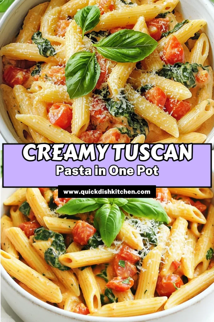 Savor the delightful flavors of One-Pot Creamy Tuscan Tomato Basil Pasta! This simple yet indulgent recipe combines pasta, fresh tomatoes, and creamy goodness that's ready in just 25 minutes. Perfect for busy weeknights or a cozy dinner, you'll love how easy it is to whip up. Don't wait, click through for the full recipe and enjoy a comforting meal tonight! #OnePotPasta #CreamyRecipes #PastaLovers #TuscanCooking