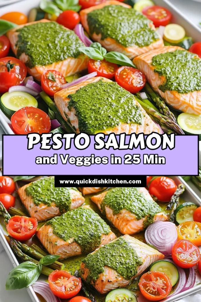 Elevate your dinner game with this Sheet Pan Pesto Salmon & Colorful Veggies recipe! This dish combines juicy salmon fillets with vibrant, roasted vegetables for a nutritious and flavorful meal that’s easy to make in just 25 minutes. Perfect for busy weeknights, it’s a healthy option the entire family will love. Click through for the full recipe and start cooking today! #PestoSalmon #EasyRecipes #HealthyEating #SheetPanDinner