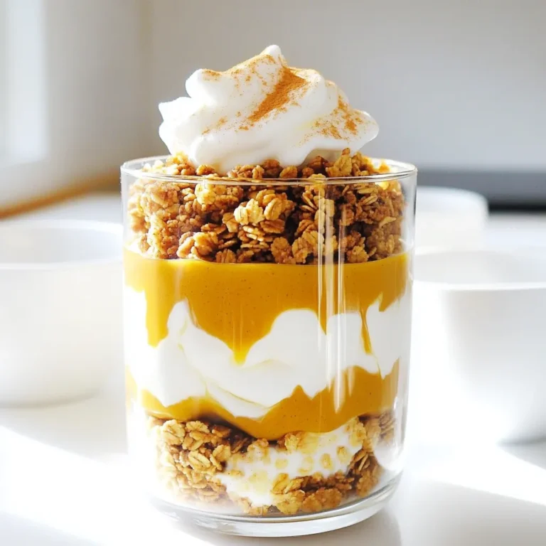 - 1 cup pumpkin puree - 1 cup Greek yogurt - 1/2 cup cold brewed coffee - 2 tablespoons maple syrup - 1 teaspoon vanilla extract - 1 teaspoon pumpkin spice (or mix of cinnamon, nutmeg, and ginger) - 1/2 cup granola - 1/4 cup whipped cream (optional) - Extra pumpkin spice for garnish You need simple ingredients to make this Pumpkin Spice Latte Parfait. Pumpkin puree gives it a rich flavor. Greek yogurt adds creaminess and protein. Cold brewed coffee gives it that classic latte taste. Maple syrup adds sweet notes, while vanilla extract enhances the overall flavor. Pumpkin spice brings warmth with its blend of spices. Granola adds crunch, and whipped cream makes it extra special. If you don't have pumpkin puree, you can use sweet potato puree. If you want a lighter option, swap Greek yogurt with low-fat yogurt. Instead of cold brewed coffee, you can use espresso or regular brewed coffee, but let it cool first. For a vegan version, use coconut yogurt and maple syrup. For the pumpkin puree, I recommend Libby’s, as it's smooth and flavorful. Chobani makes great Greek yogurt that is thick and creamy. Use a cold brew like Starbucks or your favorite local brand for the best coffee flavor. For maple syrup, I love Grade A pure maple syrup for its rich taste. To make the Pumpkin Spice Latte Parfait, start by mixing the pumpkin puree, Greek yogurt, cold brewed coffee, maple syrup, vanilla extract, and pumpkin spice in one bowl. Stir until it feels smooth and creamy. This mix is the base of your parfait. Next, take serving glasses or bowls. Place half of this pumpkin mixture at the bottom of each glass. Now, add a layer of granola on top of the pumpkin mix. Granola gives a nice crunch and texture. Repeat the layers with the rest of the pumpkin mixture and granola. Finish with a layer of the pumpkin mix on top. If you want, add a dollop of whipped cream on top for extra creaminess. Lastly, sprinkle some extra pumpkin spice for a festive look. You can serve it right away or chill it in the fridge for a bit. To get that perfect creamy texture, make sure to mix the pumpkin puree and Greek yogurt well. If it's too thick, add a splash more cold brewed coffee. This will help it blend better. If you want it sweeter, you can add a bit more maple syrup. Taste as you go! Keep in mind that refrigeration can thicken the parfait slightly. If you want it creamier after chilling, just stir it a little before serving. When serving your parfait, use clear glasses to show off those beautiful layers. You can also use mason jars for a rustic look. Place them on a wooden board or a colorful tablecloth to make it more inviting. For a fun touch, add a cinnamon stick or a small pumpkin on the side. This will make your dish not only tasty but also visually appealing for your guests. To boost the taste of your parfait, use fresh pumpkin puree. It gives a rich and natural flavor. You can also try adding a pinch of salt. Salt brings out the sweetness in the maple syrup. For an extra kick, add a splash of espresso to the coffee. This adds depth and a lovely coffee note to the mix. Layering is key to a great parfait. Start with half of the pumpkin mixture at the bottom of your glass. This helps anchor the parfait. Next, sprinkle a generous layer of granola. This adds crunch and texture. Repeat these layers, ending with the pumpkin mixture. For a nice finish, top with whipped cream if you like. A sprinkle of pumpkin spice on top makes it look pretty. You have options for sweetness. If you want it less sweet, cut back on the maple syrup. You can also use honey or agave nectar. For texture, consider adding chopped nuts or seeds between layers. They give a nice crunch. If you prefer a creamier parfait, mix in more Greek yogurt. Try different flavors of yogurt too, like vanilla or cinnamon, for a fun twist. {{image_2}} You can easily make this parfait dairy-free or vegan. Use coconut yogurt instead of Greek yogurt. For a vegan sweetener, swap maple syrup for agave syrup. You can also use almond milk coffee or any plant-based coffee. This keeps the pumpkin spice latte flavor while meeting your dietary needs. Feel free to play with spices! Instead of pumpkin spice, try adding a mix of nutmeg, allspice, or clove. Each spice gives a new twist. For toppings, use caramel sauce in fall or peppermint for winter. These changes keep your parfait fresh and exciting. Adding extra layers can boost flavor and texture. Chopped pecans or walnuts make a great crunch. You can also mix in fruits like sliced bananas or apples. For a sweet twist, drizzle chocolate sauce on top. These add-ins make your parfait not just tasty, but fun to eat! Store leftover parfait in an airtight container. This keeps it fresh and tasty. Place the parfait in the fridge if you plan to eat it soon. It’s best to eat it within two days. If you have extra whipped cream, store it separately. This keeps it fluffy. For meal prep, make the pumpkin mixture ahead of time. Store it in the fridge for up to three days. When you want to serve, layer with granola. Do not freeze the parfait once layered. Freezing can change the texture of the yogurt and granola. Pumpkin puree lasts about a week in the fridge after opening. Greek yogurt can stay fresh for about two weeks. Cold brewed coffee keeps well for up to a week. Granola can last for several weeks when stored in a cool, dry place. Always check for any signs of spoilage before using. Yes, you can use fresh pumpkin. To do this, roast or steam the pumpkin until soft. Then, blend it until smooth. This can add a fresh taste to your parfait. Just make sure to measure one cup after blending. To make your parfait gluten-free, use gluten-free granola. Many brands offer tasty options. Always check the label to ensure it meets gluten-free standards. You can also layer in nuts or seeds for crunch! For a gathering, serve the parfait in clear cups or jars. This shows off the beautiful layers. You can prepare them ahead of time and refrigerate. Just add the whipped cream and spice right before serving. This keeps them fresh and tasty. Creating a Pumpkin Spice Latte Parfait is fun and tasty. We covered ingredients, step-by-step prep, and tips for the best flavors. You can customize the recipe with variations for special diets or add-ins. Remember to store leftovers properly to keep them fresh. Don’t hesitate to use fresh pumpkin if you prefer. This parfait is perfect for gatherings or as a sweet treat. Now, you can enjoy a delicious dessert that fits your taste and style!