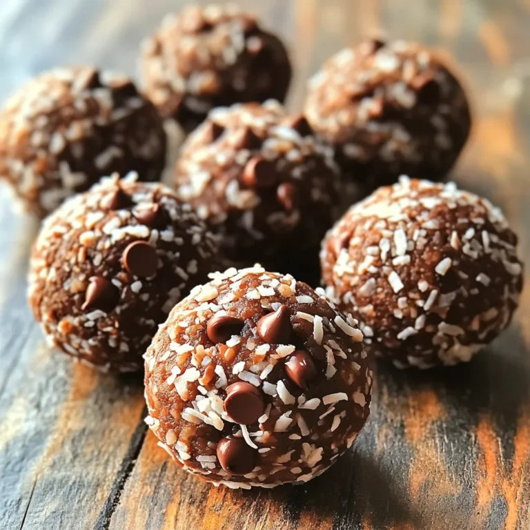 To make No-Bake Chocolate Coconut Energy Balls, you need these simple ingredients: - 1 cup rolled oats - 1/2 cup almond butter (or any nut butter of your choice) - 1/4 cup honey or maple syrup - 1/4 cup unsweetened cocoa powder - 1/2 cup shredded unsweetened coconut - 1/4 cup mini chocolate chips (dark or semi-sweet) - 1 teaspoon vanilla extract - A pinch of salt You can easily swap ingredients if needed. If you want a different nut butter, try peanut or cashew. You can use agave syrup if you avoid honey. For a sweeter touch, use sweetened cocoa powder. If you can't find mini chocolate chips, regular ones work too. Unsweetened coconut can be swapped for sweetened coconut if you like it sweeter. These energy balls are not just tasty; they are good for you too. They are rich in fiber from the oats and healthy fats from the nut butter. The cocoa powder gives you antioxidants, which are great for your health. Each energy ball has a nice mix of carbs and protein, making them a perfect snack. Plus, they are easy to grab when you need a boost! Making no-bake chocolate coconut energy balls is simple and fun. You need just ten minutes to prep. This recipe yields about twelve tasty bites. It’s perfect for a quick snack or energy boost. Gather all your ingredients first to make mixing easier. Start with a large mixing bowl. Add 1 cup of rolled oats to the bowl. Next, scoop in 1/2 cup of almond butter. You can use any nut butter you prefer. Then, pour in 1/4 cup of honey or maple syrup. Don’t forget 1 teaspoon of vanilla extract for flavor. Mix everything well until it’s smooth and sticky. Now, add 1/4 cup of unsweetened cocoa powder and 1/2 cup of shredded coconut. Stir until the mixture is evenly blended. Finally, fold in 1/4 cup of mini chocolate chips and a pinch of salt. This extra touch adds a great taste! Once your mixture is ready, it’s time to shape it. Use your hands to form small balls, about 1 inch wide. Place each ball on a baking sheet lined with parchment paper. Make sure they are spaced out a bit. After shaping all the balls, put the baking sheet in the refrigerator. Let them chill for about 30 minutes. This helps them firm up and makes them easier to eat. Once chilled, they are ready to enjoy! Store any leftovers in an airtight container in the fridge for up to a week. To make the best energy balls, start with good mixing. Use a large bowl to combine the rolled oats, almond butter, honey (or maple syrup), and vanilla extract. Stir them until they mix well. This step is key for flavor. Next, add the cocoa powder and shredded coconut. Mix again until everything is even. Lastly, fold in the mini chocolate chips and a pinch of salt. This adds a nice touch. Form small balls, about one inch wide, and place them on parchment paper. One common mistake is not mixing well. If you skip this, the flavors won’t blend. Another mistake is making the balls too big. Aim for one inch in size. If they are too large, they may not set properly. Ensure you chill them for at least 30 minutes. Skipping this step makes them too soft. Lastly, don't forget the salt. A pinch enhances the chocolate flavor. These energy balls are great for snacks, breakfast, or dessert. Pair them with fresh fruit for a balanced meal. You can also serve them with yogurt for added protein. They make perfect on-the-go snacks. If you have kids, they will love these too. Store any extras in an airtight container in the fridge. They stay fresh and tasty for up to a week. Experiment by adding nuts or dried fruit for variety! {{image_2}} You can change the flavor of your energy balls easily. Add nuts like walnuts or almonds for crunch. Seeds, such as chia or flaxseeds, boost nutrition and texture. Dried fruits, like cranberries or raisins, add sweetness and chewiness. You can even swap in flavored nut butters. Try peanut butter or cashew butter for a twist. Each choice gives your energy balls a new taste. These energy balls fit many diets. To make them vegan, use maple syrup instead of honey. Almond butter is often vegan, but check the label. For gluten-free options, ensure your oats are certified gluten-free. This way, you can enjoy these treats without worry. If you want less sugar, you can use other sweeteners. Agave nectar is a good choice. It has a mild flavor and works well. You might also try stevia or monk fruit sweetener. Both are low-calorie options. Just remember to adjust the amount, as they are sweeter than honey. Enjoy your energy balls guilt-free! I recommend storing your No-Bake Chocolate Coconut Energy Balls in an airtight container. This keeps them fresh and tasty. Place a sheet of parchment paper between layers to avoid sticking. Always keep them in the refrigerator to maintain their texture and flavor. When stored properly, these energy balls last about one week in the fridge. After that, they may start to lose their flavor and texture. If you notice any changes in smell or appearance, it’s best to toss them out. To keep your energy balls longer, freeze them! Place them in a single layer on a baking sheet first. This prevents them from sticking together. Once frozen, transfer them to a freezer-safe bag or container. They can last for up to three months in the freezer. Just thaw them in the fridge before enjoying! Yes, you can use any nut butter you like. Almond butter is tasty, but peanut butter works well too. Sunflower seed butter is a great choice if you need something nut-free. Each nut butter gives a unique flavor to the energy balls. Just make sure it has a similar texture, so your balls hold together. These energy balls can last up to a week. Store them in an airtight container in the fridge. If you want to keep them longer, you can freeze them. Just take out what you need and let them sit for a few minutes before eating. They’ll still taste great! Absolutely! You can skip the nut butter and use sunflower seed butter instead. This makes it safe for those with nut allergies. Just keep the other ingredients the same, and you’ll still enjoy a delicious treat. They will be just as tasty and satisfying! If you prefer a different sweetener, try agave nectar or brown rice syrup. Both options work well and add sweetness. You can also use a sugar substitute if you want a lower sugar option. Just adjust the quantity to taste, as some sweeteners are sweeter than others. Now you have all the tools to make delicious energy balls. We covered the key ingredients, helpful instructions, and smart tips. I shared fun variations and storage tips, too. Remember, you can mix flavors and adjust for your diet. Explore what you like best. By avoiding common mistakes, you can create energy balls that everyone loves. Enjoy this easy snack that fits your needs and tastes!