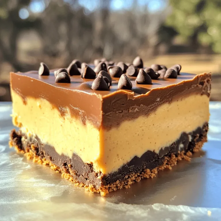 To make these no-bake chocolate peanut butter cheesecake bars, you will need: - 1 cup graham cracker crumbs - 1/4 cup unsweetened cocoa powder - 1/4 cup granulated sugar - 1/2 cup unsalted butter, melted - 1 cup cream cheese, softened - 1 cup creamy peanut butter - 1/2 cup powdered sugar - 1 teaspoon vanilla extract - 1/2 cup heavy whipping cream - 1/4 cup mini chocolate chips (optional) You can swap ingredients easily. Use almond butter instead of peanut butter for a nut-free option. If you want a gluten-free crust, use gluten-free graham crackers. Coconut oil can replace unsalted butter for a dairy-free version. For less sugar, try using a sugar substitute in the filling. Want to jazz it up? Add mini chocolate chips into the filling for extra chocolate flavor. You can also sprinkle crushed peanuts on top for crunch. Drizzling chocolate sauce over the bars makes them even sweeter. Fresh berries can add a nice touch, too. First, gather your ingredients. You need graham cracker crumbs, cocoa powder, granulated sugar, and melted butter. In a medium bowl, mix the crumbs, cocoa, and sugar. Then, add the melted butter. Stir until it looks like wet sand. Now, take a lined 8x8 inch baking dish. Firmly press the crust mixture into the bottom. Make sure it is even. Place the dish in the fridge to set while you prepare the filling. Now, let’s make the filling. In a separate bowl, beat the softened cream cheese until smooth. Next, add the peanut butter, powdered sugar, and vanilla extract. Mix well until it becomes creamy. In another bowl, whip the heavy cream until soft peaks form. Be gentle here. Fold the whipped cream into the peanut butter mixture. This will keep it light and fluffy. Pour the creamy filling over the chilled crust. Use a spatula to smooth it out evenly. Cover the dish with plastic wrap. Chill in the fridge for at least 4 hours. For best results, chill overnight. After chilling, sprinkle mini chocolate chips on top. This adds a nice touch. Finally, use a sharp knife to cut the bars into squares. Serve them cold and enjoy! To get a smooth and creamy filling, use room-temperature cream cheese. Cold cream cheese will not blend well. Beat it until it’s soft and fluffy. When you fold in the whipped cream, do it gently. This keeps the filling light and airy. If you want a firmer texture, let the bars chill longer. They will set up nicely in the fridge. One common mistake is not pressing the crust firmly. If it's loose, the bars may fall apart when you cut them. Another mistake is over-mixing the filling. This can make it dense and heavy. Lastly, don’t skip chilling the bars. If you cut them too early, they will be messy and hard to serve. Chill the bars for at least four hours. This helps them set up properly. If you can, let them chill overnight. This extra time makes the flavors blend well and the texture perfect. When ready, cut with a sharp knife for clean edges. Enjoy every creamy bite! {{image_2}} You can add a chocolate swirl to your cheesecake bars. To do this, melt some chocolate chips. Once your filling is ready, drizzle the melted chocolate on top. Use a knife to swirl it into the filling. This adds a fun look and extra flavor. If you want to switch things up, try different nut butters. Almond butter or cashew butter work great. They give a unique taste while still keeping the creamy texture. Just use the same amount as peanut butter. To make these bars healthier, swap some ingredients. Use Greek yogurt instead of cream cheese for lower fat. You can also replace granulated sugar with honey or maple syrup. This keeps the sweetness while adding nutrients. For the crust, use almond flour instead of graham cracker crumbs. This is a great gluten-free option. To keep your chocolate peanut butter cheesecake bars fresh, store them in the fridge. Place them in an airtight container. Make sure to cover the dish tightly with plastic wrap if you don't have a container. This will help prevent them from drying out or absorbing odors from other foods. Enjoy these treats within a few days for the best taste. You can freeze these cheesecake bars for longer storage. First, cut the bars into squares. Wrap each square in plastic wrap, then place them in a freezer-safe bag. Make sure to remove as much air as possible. They can stay in the freezer for up to two months. When you're ready to eat, let them thaw in the fridge overnight. These cheesecake bars will last in the fridge for about five days. If you freeze them, they maintain their quality for about two months. Always check for any signs of spoilage before eating leftovers. If they look or smell off, it’s best to toss them out. Keeping track of how long they have been stored will help you enjoy them at their best. Yes, you can use crunchy peanut butter. It will add extra texture to your bars. The bites of peanut will make each piece more exciting. Just keep in mind, the filling may change slightly in smoothness. If you love crunch, go for it! To make this recipe gluten-free, use gluten-free graham cracker crumbs. Many brands offer tasty options. You can also use crushed nuts or gluten-free cookies as a base. Just ensure your ingredients are certified gluten-free, so everyone can enjoy these bars. If your filling is too runny, check how you mixed it. Make sure to whip the cream until soft peaks form. If it still seems runny, add a bit more powdered sugar. This will help thicken it up. Chill the bars longer in the fridge to set better. You learned about making cheesecake bars, from ingredients to storage tips. We covered key ingredients, easy swaps, and how to add fun toppings. I shared steps to create the perfect crust and filling, plus how to avoid common mistakes. You also discovered tasty variations and where to store leftovers. Remember, practice helps you get better. Enjoy making these bars and share them with friends.