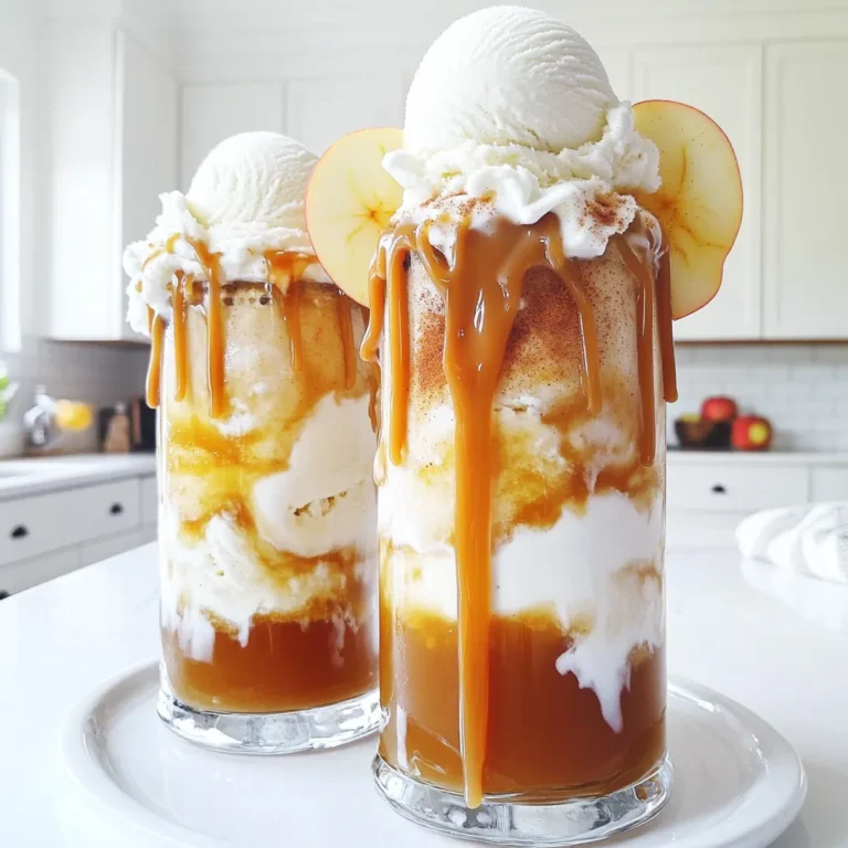 To make a delicious Caramel Apple Cider Float, gather these key ingredients: - 4 cups apple cider - 2 cups vanilla ice cream - ¼ cup caramel sauce, plus extra for drizzling - 1 teaspoon ground cinnamon - 1 teaspoon vanilla extract - Whipped cream (for topping) - Apple slices (for garnish) These ingredients create a warm and cozy drink. The apple cider gives a rich apple flavor. The vanilla ice cream adds creaminess, while the caramel sauce brings sweetness. Cinnamon and vanilla enhance the taste, making it perfect for fall. You can add a few optional ingredients for extra flavor: - Ground nutmeg (optional, for garnish) Nutmeg adds a warm spice note. It pairs well with the cider and caramel. You can sprinkle it on top for a nice touch. If you need swaps, here are some ideas: - Use pear cider instead of apple cider for a twist. - Try caramel syrup if you can’t find the sauce. - Swap vanilla ice cream for dairy-free ice cream to fit dietary needs. These substitutions keep the float tasty while catering to different preferences. Enjoy your Caramel Apple Cider Float, no matter how you make it! To start, take a small saucepan. Pour in 4 cups of apple cider. Heat it over medium heat. Do not let it boil. This will take about 5 to 7 minutes. Stir in 1 teaspoon of ground cinnamon. Add 1 teaspoon of vanilla extract. Mix well to combine. The warm cider will smell amazing! Next, grab four large glasses. Carefully divide the warm apple cider among them. Fill each glass halfway. Now, add ½ cup of vanilla ice cream to each glass. Watch it float on top of the cider. This part is fun! Now for the best part—toppings! Drizzle ¼ cup of caramel sauce over the ice cream. Let it cascade down into the cider. Top each float with a big dollop of whipped cream. Drizzle more caramel sauce over the whipped cream. If you like, sprinkle a pinch of ground nutmeg on top. Finally, garnish with apple slices. You can place them on the rim or let them float in the drink. Enjoy this tasty treat with friends! To get the perfect caramel drizzle, start with a thick sauce. I recommend using a store-bought caramel sauce for ease. Warm it slightly in a microwave for about 10 seconds. This makes it easier to drizzle. Use a spoon to create a beautiful pattern over the ice cream. Let it cascade down into the warm cider for a fun effect. Remember, practice makes perfect! For the best flavor, use fresh ground cinnamon. I like Ceylon cinnamon for its sweet notes. It is lighter and less bitter than Cassia cinnamon. For nutmeg, buy whole nutmeg and grate it yourself. This gives a bright, fresh taste. A pinch of both spices can elevate your float. It adds warmth and depth, making it perfect for fall. Serve your Caramel Apple Cider Float in clear glasses. This shows off the beautiful layers. You can use this float for any gathering, from family dinners to parties. Add a festive touch by garnishing with apple slices. You can also mix in some candy corn for fun. This drink works well as a cozy dessert for chilly nights. {{image_2}} You can change this drink to match the seasons. In fall, use spiced apple cider. You can add cloves and star anise for more warmth. In winter, try using hot apple cider. It warms you up and boosts the cozy vibe. For an adult twist, add some whiskey or spiced rum. This gives the float a rich depth. Mix in one ounce per glass. It will make your gathering more festive. Just remember to drink responsibly! If you want a dairy-free float, choose coconut or almond milk-based ice cream. These options taste great and keep the flavors strong. You can also use oat milk for the cider. It adds a creamy touch without the dairy. To keep your leftover apple cider, store it in an airtight container. Place it in the fridge for up to a week. For the caramel sauce, make sure it’s in a sealed jar. You can keep it at room temperature if it’s not too hot. If you have leftover ice cream, store it in its original tub. Keep it tightly closed to avoid freezer burn. When you want to enjoy leftover cider, pour it into a pot. Heat it over medium heat until warm, not boiling. Stir it gently to mix in any spices that may have settled. For a quick option, you can use the microwave. Heat it in a microwave-safe cup for about 30 seconds. Stir and check the temperature before serving. You should eat pre-made Caramel Apple Cider Floats right away. The ice cream will melt and change the texture. If you need to store them, keep any leftover floats in the fridge for a few hours. The cider will lose its fizz and the ice cream will melt. It’s best to enjoy them fresh for the best taste and texture. Yes, you can prepare parts of this float ahead of time. Heat the apple cider and let it cool. Store it in the fridge until you are ready to serve. You can also scoop the ice cream into bowls and freeze them. Just wait to add the ice cream until you serve the drinks. This keeps it from melting too soon. I recommend using a thick caramel sauce. A store-bought sauce works great. You can also make your own if you want to try something new. Look for caramel that drizzles easily and has a rich flavor. This adds the best taste to your float. The Caramel Apple Cider Float is already non-alcoholic! Just follow the recipe as is. You can enjoy this drink without any changes. If you want extra fun, try adding flavored soda instead of cider. This gives a fizzy twist to the classic flavor. This blog post explored all you need for a perfect Caramel Apple Cider Float. We covered essential and optional ingredients, plus tips for making it just right. I shared step-by-step instructions to guide your preparation. You can try fun variations or find the best ways to store leftovers. In short, this drink is simple, delicious, and perfect for any gathering. Enjoy your crafting and sipping!
