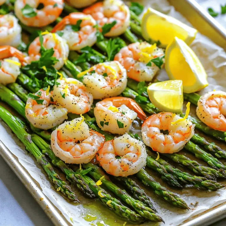 - 1 lb large shrimp, peeled and deveined - 1 bunch asparagus, trimmed - 3 tablespoons olive oil - Zest of 1 lemon - 2 tablespoons fresh lemon juice - 1 teaspoon black pepper - 1 teaspoon garlic powder - 1 teaspoon onion powder - Salt to taste - Fresh parsley, chopped (for garnish) - Sheet pan - Parchment paper - Mixing bowl For this dish, I love using fresh, quality shrimp. They bring a sweet flavor that pairs well with asparagus. The asparagus adds crunch and bright color. Olive oil keeps the shrimp moist and helps the seasonings stick. Zesty lemon zest and juice brighten the entire dish. Black pepper, garlic powder, and onion powder add warmth and depth. Fresh parsley is a lovely touch that brings freshness to the table. You will need a sheet pan for cooking and parchment paper for easy clean-up. A mixing bowl helps combine all the ingredients nicely. This simple setup makes cooking fun and easy. Make sure you have everything ready before you start cooking! First, preheat your oven to 400°F (200°C). This ensures your shrimp and asparagus cook evenly. While the oven heats, you can prepare your ingredients. Next, grab a large bowl. Add 1 pound of peeled and deveined shrimp. Trim the asparagus and toss it in the bowl too. Pour in 3 tablespoons of olive oil. Add the zest of 1 lemon, 2 tablespoons of fresh lemon juice, 1 teaspoon of black pepper, 1 teaspoon of garlic powder, 1 teaspoon of onion powder, and salt to taste. Mix everything well until each piece is coated. Now, take a large sheet pan lined with parchment paper. Spread the shrimp and asparagus evenly across the pan. Make sure they are in a single layer. This helps them cook well and get that nice, roasted flavor. Place the sheet pan in the preheated oven. Bake for 10 to 12 minutes. Keep an eye on them. The shrimp should look opaque, and the asparagus should be tender but still crisp. After baking, take the pan out of the oven. Let it cool for a minute. Finally, garnish the dish with freshly chopped parsley. You can serve it straight from the pan or transfer it to a platter. Add lemon wedges on the side for a pop of color and flavor. Enjoy your meal! - Achieving Perfectly Cooked Shrimp To cook shrimp just right, look for that pink color. Cook them until they turn opaque. This usually takes about 10-12 minutes at 400°F. Overcooking makes shrimp tough, so watch closely. - How to Keep Asparagus Tender-Crisp For asparagus, trim the ends to keep them fresh. When you bake, don’t overcrowd the pan. This allows the heat to reach all sides. You want them bright green and slightly firm for the best bite. - Storing Leftovers If you have leftover shrimp and asparagus, store them in an airtight container. They will stay fresh for 2-3 days in the fridge. Make sure to cool them down first to avoid moisture build-up. - Reheating Instructions To reheat, use the oven for the best taste. Preheat to 350°F and bake for about 5-7 minutes. This helps keep the shrimp tender and the asparagus crisp. - Presentation Tips You can serve this dish right from the sheet pan for a casual vibe. If you want to impress, transfer it to a large platter. Add lemon wedges for color and extra flavor. - Accompaniments for the Meal Pair this meal with a light salad or some crusty bread. A side of rice or quinoa also works well, soaking up the lemony juices. Enjoy! {{image_2}} You can switch out asparagus for other veggies. Broccoli is a great choice. It adds crunch and pairs well with shrimp. Just chop it into bite-sized pieces. Toss it in olive oil, lemon, and spices before baking. Bell peppers are also a fun option. They bring a sweet flavor and bright color. Slice them into strips and mix them in with the shrimp. Both options cook nicely and add more nutrients. Try different flavors to change the dish. Cajun spice mix gives it a kick. It adds heat and depth. Simply replace the black pepper with this mix. Adjust the amount based on your taste. Italian herbs can also work well. Use a blend of dried basil, oregano, and thyme. This adds a nice, fresh taste. Mix it in with the other seasonings for a new twist. Want to switch proteins? Chicken breast is one choice. Cut it into bite-sized pieces and follow the same steps. It cooks in about the same time as shrimp. For a vegetarian option, try tofu. Firm tofu works best. Cut it into cubes and press to remove extra water. Toss it in the same marinade as the shrimp. It will soak up all those great flavors. - Total Calories per Serving: Each serving has about 220 calories. - Macronutrients Overview: This dish has roughly 25 grams of protein, 10 grams of fat, and 6 grams of carbs. - Nutritional Advantages of Shrimp and Asparagus: Shrimp is low in calories and high in protein. Asparagus is rich in vitamins A, C, and K. Together, they create a powerful dish. - Heart-Healthy Ingredients: Olive oil adds healthy fats. It can help lower bad cholesterol. The lemon zest and juice boost flavor without extra calories. - Gluten-Free and Low-Carb Options: This recipe is naturally gluten-free. It fits well into low-carb diets. - Considerations for Allergies: If you have seafood allergies, substitute shrimp with chicken or tofu. Always check for cross-contamination in your kitchen. You can use chicken, tofu, or scallops. Each option brings its own flavor. - Chicken: Cut into bite-sized pieces. Cook until no longer pink. - Tofu: Use firm tofu, cut into cubes. Press it before cooking. - Scallops: Use large scallops. They cook fast, just like shrimp. Bake the shrimp for 10 to 12 minutes. They will turn opaque when done. - Check for doneness: Look for a pink color and firm texture. - Asparagus: It should be tender-crisp, not mushy. Yes, you can prepare the shrimp and asparagus in advance. - Marinate: Toss them in the seasoning and store in the fridge. - Timing: Cook within 24 hours for best taste. Reheat in the oven or a skillet for best results. - Oven: Preheat to 350°F. Bake for about 5-7 minutes. - Skillet: Heat on medium for 3-4 minutes, stirring gently. This blog post shared how to make a tasty sheet-pan shrimp dish. We covered key ingredients like shrimp and asparagus, plus the right seasonings. You learned about the needed equipment and the step-by-step cooking guide. Cooking tips ensure your shrimp cook just right, and we discussed swapping proteins and veggies for variety. Lastly, we explored nutritional benefits and answered common questions. Try this recipe today for a healthy meal that's fun to make!