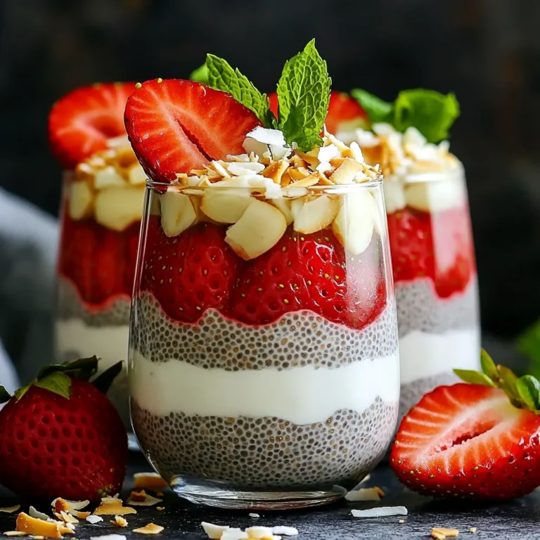 To make a yummy Strawberry Coconut Chia Pudding, gather these key ingredients: - 1 cup coconut milk (canned for creaminess) - 1/2 cup almond milk (or any plant-based milk) - 1/4 cup chia seeds - 2 tablespoons maple syrup (or honey) - 1 teaspoon vanilla extract - 1/2 teaspoon sea salt - 1 cup fresh strawberries, hulled and sliced - Toasted coconut flakes for garnish - Fresh mint leaves for garnish These ingredients work together to create a lovely, creamy pudding with a fruity burst. You can swap some ingredients if you want different flavors or need alternatives. Here are a few ideas: - Use oat milk instead of almond milk for a nut-free option. - Swap maple syrup for agave nectar or brown sugar, if you prefer. - Add other fruits like blueberries or raspberries instead of strawberries. These changes can keep your pudding fresh and exciting every time you make it. Each ingredient in this dish has great health benefits. Here’s a closer look: - Chia seeds: Packed with fiber, protein, and omega-3 fatty acids. They help you feel full longer. - Coconut milk: Provides healthy fats that support brain health and energy levels. - Strawberries: Full of vitamins and antioxidants, they boost your immune system and improve skin health. - Maple syrup: A natural sweetener with minerals like manganese and zinc. Using these ingredients not only makes a tasty dessert but also gives your body some good nutrients. First, gather your ingredients. You need coconut milk, almond milk, chia seeds, maple syrup, vanilla extract, sea salt, and fresh strawberries. In a medium bowl, whisk together the coconut milk and almond milk. Add the maple syrup, vanilla extract, and sea salt. Mix until it is smooth. Now, slowly add the chia seeds. Keep whisking to avoid clumps. This step is key for the best texture. Cover the bowl with plastic wrap. Place it in the fridge for at least four hours. I recommend letting it sit overnight for a creamier texture. During the first hour, remember to stir the mixture once. This helps the chia seeds spread evenly. After chilling, check the pudding. If it feels too thick, add a bit more almond milk to achieve your desired consistency. Now it's time to layer your pudding. Take serving glasses or bowls and start with a layer of chia pudding. Then, add a layer of sliced strawberries. Repeat the layers until you fill the glass. For a great finish, sprinkle toasted coconut flakes on top. Add a few fresh mint leaves for color and flavor. Serve it chilled to highlight the beautiful layers! Chia seeds need water to grow. They absorb liquid and swell up. Always mix them slowly into your liquids. This helps avoid clumps. After mixing, let the mixture sit for a bit. This allows the seeds to soak up the liquid. A good rule is to let it rest for about 4 hours. Overnight is even better for fluffiness. The right texture is key for your pudding. If it feels too thick, add a little almond milk. Stir it in slowly until it feels just right. A good pudding should be creamy, not runny. If it’s too thin, let it chill longer. The chia seeds will absorb more liquid as they sit. Presentation makes your dish pop. Use clear glasses to show the layers. Start with a layer of pudding, then strawberries, and repeat. Top it off with toasted coconut flakes. Fresh mint leaves add a lovely touch. A slice of strawberry on the glass rim looks fancy too. These simple touches make your pudding stand out. {{image_2}} You can change the flavor of your chia pudding easily. Try using other fruits like mango, blueberries, or bananas. Each fruit adds a new taste and color. You can also mix in spices. A bit of cinnamon or nutmeg can give it a warm twist. Consider adding a splash of lemon or lime juice for a fresh zing. Each variation creates a new experience. This recipe is already dairy-free and vegan. You can switch almond milk for any plant-based milk you like. Coconut milk provides a creamy base, but oat or soy milk works well too. Use maple syrup to keep it vegan. If you want a sweeter taste, you can add more syrup or choose agave nectar. These easy swaps keep the dish light and delicious. For chocolate lovers, adding cocoa powder is a great idea. Start with 2 tablespoons of cocoa powder in the mixing bowl for a rich taste. You could also swirl in nut butter. Almond butter or peanut butter adds creaminess and flavor. Mix in a tablespoon or two after the pudding has set. This gives a fun twist and extra nutrients. To keep your strawberry coconut chia pudding fresh, store it in an airtight container. This helps prevent it from absorbing other smells in the fridge. Make sure to seal the lid tightly. If you plan to serve the pudding later, leave out the toppings. Add toasted coconut flakes and mint only when you serve it. When stored properly, this pudding lasts about 4 to 5 days in the fridge. After a few days, you may notice some separation. Just stir it well before serving. If you see any signs of spoilage, like an odd smell or color, toss it out. Yes, you can freeze chia pudding! To freeze, pour the mixture into freezer-safe containers. Leave some space at the top, as it will expand when frozen. The pudding stays good for about 1 to 2 months in the freezer. When you are ready to enjoy it, thaw it in the fridge overnight. Stir well before serving, and consider adding fresh toppings for a burst of flavor. Yes, you can use other types of milk. Almond milk works well, but you could try oat milk or soy milk. Each milk adds a unique flavor. Keep in mind that coconut milk gives a rich, creamy taste. If you want a lighter pudding, stick with almond or oat milk. You know the pudding is ready when it thickens after chilling. After about four hours, check the texture. Give it a stir; it should feel gel-like. If it’s still runny, let it chill longer. Trust me, waiting makes a big difference in taste and texture. If you don’t have maple syrup, honey is a great option. Agave nectar also works well. You can even use regular sugar, but mix it well. Start with less and taste it. Adjust the sweetness to your liking. In summary, we explored how to make delicious strawberry coconut chia pudding. We covered key ingredients, their health benefits, and step-by-step instructions for perfect texture. I shared tips for hydration and presentation, plus fun variations and storage tips. This simple dish offers many ways to enjoy it your way. Whether you want new flavors or dietary changes, chia pudding is a great choice. Now, you can create an amazing treat that is both healthy and tasty.