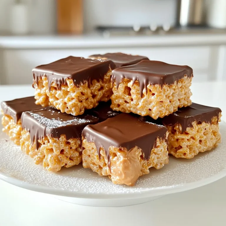 To make Chocolate Peanut Butter Rice Krispies, you need these key ingredients: - 3 cups Rice Krispies cereal - 1 cup creamy peanut butter - 1 cup semi-sweet chocolate chips - 1/2 cup honey or maple syrup - 1 teaspoon vanilla extract - Pinch of salt These ingredients make a tasty treat that is easy to prepare. If you want to add a little more sweetness, consider these options: - 1/4 cup powdered sugar - A dash of sea salt for flavor balance The powdered sugar will enhance the sweetness without overpowering the chocolate and peanut butter. You can swap some ingredients if needed: - For a nut-free version, use sun butter instead of peanut butter. - If you want a healthier touch, replace honey with agave syrup. - Use dark chocolate chips for a richer taste. These substitutions allow you to customize your treat while still enjoying the same delicious flavors! To start, gather your ingredients. You will need creamy peanut butter and honey or maple syrup. In a medium saucepan, combine these two over low heat. Stir the mix gently for 2-3 minutes. This lets the peanut butter melt and blend with the syrup. Once it is smooth, take it off the heat. Next, add a teaspoon of vanilla extract and a pinch of salt for flavor. If you like, you can add powdered sugar now for extra sweetness. Mix well until the sugar is fully dissolved. Now, grab a large mixing bowl. Pour your prepared peanut butter mixture over 3 cups of Rice Krispies cereal. This part is fun! Gently fold the cereal into the peanut butter mix. Keep folding until every piece of cereal is coated evenly. This step is key to ensuring that every bite is delicious. You want to make sure no dry cereal remains. Next, it's time for the chocolate topping. Place 1 cup of semi-sweet chocolate chips in a microwave-safe bowl. Melt them in the microwave in 30-second intervals. Stir the chocolate between each interval to ensure it melts evenly. Once smooth, pour the melted chocolate over the pressed Rice Krispies mixture. Use a spatula to spread the chocolate evenly across the top. This creates a sweet layer that holds it all together. Let the chocolate set at room temperature for about 30 minutes. If you want it faster, pop it in the fridge! Once set, lift the treat out using the parchment paper and cut it into squares. Enjoy your tasty creation! To coat the Rice Krispies well, start with warm peanut butter. Heat it gently with honey in a saucepan. The warmth helps the mix stick better. Once it’s smooth, pour it over the cereal. Use a large bowl for easy mixing. Then, gently fold the cereal into the mix. Keep folding until every piece has a nice coat. If you rush, some pieces may miss out on the goodness. To get a smooth chocolate layer, melt chocolate chips carefully. Use a microwave-safe bowl and microwave in short bursts. Stir after each 30 seconds to avoid burning. Once melted, pour the chocolate over the Rice Krispies. Spread it evenly with a spatula for a nice finish. Make sure to cover all edges. This helps the chocolate layer set nicely and look clean. To keep your treats fresh, store them in an airtight container. Place a layer of parchment paper between layers if stacking. This way, they won’t stick together. You can keep them at room temperature for a few days. For longer freshness, place them in the fridge. If you want to save them for later, consider freezing. Just remember to wrap them tightly to avoid freezer burn. {{image_2}} You can easily add nuts or seeds to your Chocolate Peanut Butter Rice Krispies. Nuts like almonds or walnuts give a nice crunch. Seeds like sunflower or pumpkin add great texture and flavor. Just chop them up a bit and mix them in with the Rice Krispies before you pour the peanut butter mixture over them. This adds healthy fats and protein, making your treat even better! Using different nut butters can change the taste of your treat. Almond butter, cashew butter, or even sunflower seed butter work great. Each option gives its own unique flavor. If you want a nut-free version, sunflower seed butter is a perfect choice. Just swap it in for the peanut butter in your recipe. You’ll still get that creamy texture and delicious taste! To make your Rice Krispies treat dairy-free or vegan, you can use dairy-free chocolate chips. Many brands offer great tasting options. Also, ensure you use maple syrup instead of honey. This keeps your recipe vegan-friendly. These swaps let everyone enjoy this tasty snack without any worries about dietary needs. Everyone can savor this easy treat! To keep your Chocolate Peanut Butter Rice Krispies fresh, store them in an airtight container. This helps keep them from drying out. You can place them at room temperature for up to a week. If you live in a humid area, it’s best to store them in the fridge. This keeps the chocolate layer firm and tasty. Just make sure to let them sit out for a few minutes before enjoying. If you want to keep these treats longer, freezing is a great option. Cut the Rice Krispies into squares first. Then, wrap each piece in plastic wrap. Place the wrapped squares in a freezer-safe bag. You can freeze them for up to three months. When you're ready to enjoy, just take one out and let it thaw at room temperature. If you prefer a warm treat, you can gently reheat them. Place a square in the microwave for about 10 seconds. This will soften the chocolate and make it melty. Check it often to avoid overheating. Enjoy your warm, gooey indulgence! Yes, you can use crunchy peanut butter. It adds a fun texture. The bites will have little peanut bits that give a nice crunch. Just make sure the ratio stays the same. Use 1 cup of crunchy peanut butter for the same rich taste. The chocolate layer is set when it feels firm to the touch. If you gently press your finger on it, it should not leave a mark. You can also check the shine. A dull finish means it’s ready. Let it sit at room temperature for about 30 minutes, or place it in the fridge for faster results. Yes, you can make these treats ahead of time. They last about one week when stored properly. Keep them in an airtight container at room temperature. If you want them to stay fresh longer, refrigerate them. Just remember to let them sit out for a bit before serving, so they soften up! This article covered how to make a yummy treat with peanut butter and cereal. I shared the required ingredients, as well as options for sweetening and substitutions. You learned the step-by-step process for mixing, coating, and adding chocolate. I also gave tips for coating, storing, and making fun variations. Finally, I answered common questions. You now know how to create a delicious snack. Get cooking and enjoy!