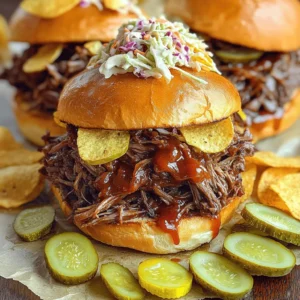 - 2 lbs beef chuck roast - 1 cup beef broth - 1 cup barbecue sauce - 1 medium onion, sliced - 4 cloves garlic, minced - 2 teaspoons smoked paprika - 1 teaspoon cumin - 1 teaspoon chili powder - Salt and pepper to taste - 4 hamburger buns - Optional toppings (Coleslaw) Gather these ingredients before you start. The beef chuck roast is key. It becomes tender and juicy in the slow cooker. The beef broth adds depth, while barbecue sauce brings flavor. Onions and garlic give it that rich taste we all love. For the seasonings, smoked paprika adds a nice smokiness. Cumin and chili powder give warmth. Don't forget to add salt and pepper to enhance all the flavors. When it comes to serving, hamburger buns are perfect. They hold the pulled beef well. If you want extra crunch, top your sandwich with coleslaw. It adds a fresh bite and balances the rich beef. Enjoy the mix of flavors and textures! Start by seasoning the beef chuck roast. Use salt, pepper, smoked paprika, cumin, and chili powder. Make sure to coat the beef evenly. This step adds a lot of flavor to your meat. Next, we sear the roast. Heat a skillet over medium-high heat. Sear the beef on all sides for about 3-4 minutes. This step locks in the juices and gives the beef a nice crust. Now, let's layer the ingredients. Place the sliced onion and minced garlic in the slow cooker. Add the seared beef on top. This helps the flavors mix while cooking. Then, add the liquids. Pour the beef broth and your favorite barbecue sauce over the beef. Make sure the beef is mostly covered. This keeps it moist during cooking. For cooking time, cover the slow cooker. You can cook on low for 8 hours or on high for 4-5 hours. The meat should be tender and fall apart easily when done. When the cooking time is up, it’s time to shred the beef. Transfer the beef to a cutting board. Use two forks to pull the meat apart. This makes it easy to mix with the sauce. Return the shredded beef to the slow cooker. Stir it into the juices for extra flavor. Finally, toast the hamburger buns lightly. Pile on a generous helping of the pulled beef. If you like, add a spoonful of coleslaw on top. Enjoy this comfort food treat! - Achieving the perfect sear: Searing beef adds great flavor. Heat a skillet on medium-high. Add a bit of oil. Place the beef in the skillet. Sear for 3-4 minutes on each side. Look for a nice brown crust. This step makes the dish taste better. - Ensuring tender beef: Use a beef chuck roast. It has enough fat to stay juicy. Cook it low and slow, either for 8 hours on low or 4-5 hours on high. The longer it cooks, the more tender it gets. You will know it’s ready when it shreds easily with a fork. - Classic side dishes: Pulled beef sandwiches go great with pickles and potato chips. You can also serve them with coleslaw for crunch and freshness. Baked beans or corn on the side can add some sweetness. - Garnishing ideas for presentation: For a fun touch, serve the sandwiches wrapped in parchment paper. Add some fresh parsley on top for color. You can also place some coleslaw right on the beef for a nice look. - Customizing barbecue sauce flavors: Use your favorite barbecue sauce. You can mix sauces too. Try a sweet sauce with a spicy one for balance. Or add some honey for sweetness. This lets you create your unique flavor. - Adding heat with spicy ingredients: If you like heat, add some chopped jalapeños or hot sauce to the beef. You can also mix in cayenne pepper with the seasonings. Just a little can give your sandwiches a nice kick. {{image_2}} You can explore many barbecue sauce types for your pulled beef sandwiches. Each one adds a unique flavor. Try a tangy vinegar-based sauce for a sharp bite. A sweet sauce gives a nice contrast to the savory beef. You can even mix sauces for a custom blend. If you want to make your own sauce, combine ketchup, brown sugar, apple cider vinegar, and spices. This mix is simple and delicious. You can use different cuts of beef if you want. Brisket or round roast works well too. These cuts can give a different texture and flavor. For a vegetarian option, use jackfruit or mushrooms. Jackfruit shreds easily and absorbs flavors. Mushrooms add a hearty taste and rich texture. Both options make for a tasty twist on the classic. Pulled beef can reflect different regional styles. In Texas, add chipotle and a bit of beer for a smoky flavor. This twist makes the dish bold and rich. For a Carolina-style version, use a vinegar-based sauce. This sauce is tangy and lighter, perfect for warm days. Both styles bring something special to your table. After making pulled beef sandwiches, store any leftovers in the fridge. Use airtight containers for best results. Place the beef in one container and the buns in another. This helps keep them fresh. Leftovers can last up to three days in the fridge. If you want to save leftovers longer, freezing is a great option. Start by letting the beef cool completely. Then, divide it into portions. Wrap each portion tightly in plastic wrap. Place the wrapped beef in a freezer bag for extra protection. Write the date on the bag. Pulled beef can last up to three months in the freezer. When you are ready to eat, take the beef out of the freezer. Thaw it overnight in the fridge. For quicker thawing, use the microwave's defrost setting. Once thawed, reheat it on the stove or in the microwave. To enjoy your pulled beef again, reheating is key. The best method is on the stove. Place the beef in a pan over low heat. Add a splash of beef broth or barbecue sauce to keep it moist. Stir often until heated through. You can also use the microwave. Place the beef in a microwave-safe bowl. Cover it with a damp paper towel. Heat for 1-2 minutes, checking to avoid overcooking. Enjoy your sandwiches warm and tasty! Cooking pulled beef in a slow cooker takes time. On low, it cooks for about 8 hours. If you choose high, it takes about 4 to 5 hours. The low setting makes the meat more tender. The high setting speeds up cooking but may not be as tender. For pulled beef sandwiches, I recommend using beef chuck roast. This cut has fat that melts during cooking. It keeps the meat juicy and flavorful. You can also use brisket or shoulder. Both will work well for this dish. Yes, you can make pulled beef sandwiches ahead of time. Cook the beef and store it in the fridge. It lasts about 3 to 4 days. You can also freeze it for up to 3 months. Just thaw it in the fridge before reheating. In this blog post, we explored how to make delicious pulled beef sandwiches. You learned about key ingredients, the step-by-step cooking process, and tips for enhancing flavors. We also discussed how to store leftovers and offered variations to try. Remember, the perfect pulled beef sandwich comes down to great beef, seasoning, and love. With practice, you’ll impress your friends and family with your cooking. Enjoy every bite of your tasty creation!