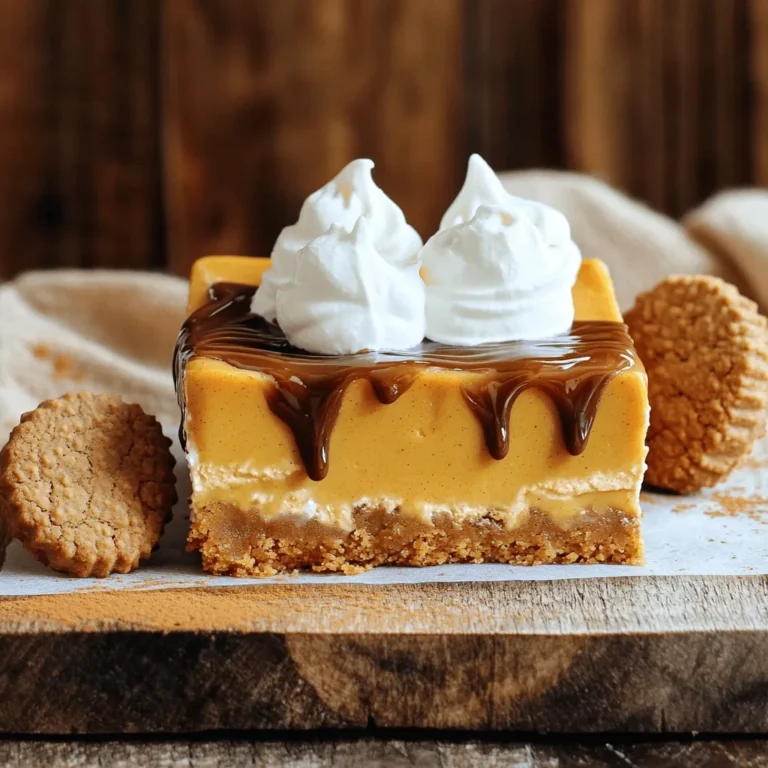 To make these No Bake Biscoff Pumpkin Spice Bars, gather the following: - 1 ½ cups Biscoff cookies, crushed - ½ cup unsweetened pumpkin puree - ½ cup cream cheese, softened - ¼ cup powdered sugar - 1 teaspoon pumpkin pie spice - ½ teaspoon vanilla extract - ½ cup whipped cream (or whipped topping) - ½ cup Biscoff spread - 1 tablespoon melted coconut oil (optional) These bars can fit into many diets, but check the ingredients. If you are avoiding dairy, use a dairy-free cream cheese and whipped topping. For gluten-free options, choose gluten-free Biscoff cookies. Always check labels to ensure they meet your needs. I love using Biscoff cookies for their unique flavor. If you can't find them, any speculoos or gingersnap cookies work well. For the cream cheese, brands like Philadelphia or Kite Hill offer great options. If you prefer a lighter topping, try using a coconut whipped cream instead of regular whipped cream. First, gather your ingredients. You will need 1 ½ cups of crushed Biscoff cookies. If you like, add 1 tablespoon of melted coconut oil. 1. In a mixing bowl, combine the crushed Biscoff cookies and coconut oil (if using). Mix until the cookies are well coated. 2. Take a 9x9-inch square pan lined with parchment paper. Press the cookie mixture firmly into the bottom of the pan. Make sure to create an even layer. 3. Chill the crust in the refrigerator for 10 to 15 minutes. This helps it set properly. Next, it's time to make the delicious pumpkin layer. 1. In another mixing bowl, beat ½ cup of softened cream cheese until smooth. 2. Add ½ cup of unsweetened pumpkin puree, ¼ cup of powdered sugar, 1 teaspoon of pumpkin pie spice, and ½ teaspoon of vanilla extract. Mix until it is creamy and well combined. 3. Now, gently fold in ½ cup of whipped cream or whipped topping. Be careful not to over-mix; you want it to stay airy. Now, we put everything together for these tasty bars. 1. Spread the pumpkin mixture evenly over the chilled Biscoff crust. Use a spatula to smooth it out. 2. Heat ½ cup of Biscoff spread in the microwave for about 15 to 20 seconds. It should be slightly melted and easy to drizzle. 3. Drizzle the melted Biscoff spread over the pumpkin layer. Use a toothpick or knife to create swirls for a pretty marbled effect. 4. Cover the bars with plastic wrap and refrigerate for at least 4 hours, or even overnight. This will firm them up nicely. 5. Once set, lift the bars out of the pan using the parchment paper. Cut them into squares and enjoy! To get the best texture, crush the Biscoff cookies finely. You can use a food processor or a rolling pin. The finer the crumbs, the better the crust. Mix in melted coconut oil for added richness. It helps bind the crust together and adds a nice flavor. Press the mixture firmly into the pan. This will make sure it holds its shape when cut. Chilling is key for these bars. After you press the crust, chill it for 10-15 minutes. This lets the crust set well. After adding the pumpkin layer, cover it and chill for at least 4 hours. For the best results, chill overnight. This allows all the flavors to blend and the bars to firm up perfectly. For a stunning presentation, serve the bars on a wooden board. Dust them lightly with pumpkin pie spice. This adds a nice touch and enhances the look. For extra flair, add a dollop of whipped cream on each bar. Place a whole Biscoff cookie on the side. These small details make your treat feel special and inviting. {{image_2}} You can change the toppings on your No Bake Biscoff Pumpkin Spice Bars. For a nutty touch, add crushed walnuts or pecans on top. You can try drizzling with caramel sauce for extra sweetness. If you want a chocolate twist, use melted dark chocolate instead of Biscoff spread. These changes give your bars a nice flair. You can switch up the flavor of these bars too. Use chocolate Biscoff cookies for a richer taste. If you like a spicier kick, add more pumpkin pie spice. You can also mix in a bit of cinnamon or nutmeg to enhance the fall flavor. For a fruity twist, fold in some chopped apples or pears. Making these bars gluten-free is easy. Just use gluten-free Biscoff cookies. For a vegan version, replace cream cheese with a dairy-free cream cheese. You can also swap whipped cream for coconut whipped cream. These simple swaps keep the bars delicious and suitable for everyone. Enjoy creating your own unique version! To keep your no bake Biscoff pumpkin spice bars fresh, store them in the fridge. Use an airtight container to prevent moisture loss. This helps maintain the creamy texture and flavor. Make sure to place a piece of parchment paper between layers if stacking. This keeps the bars from sticking together. You can freeze these bars for later enjoyment. First, cut them into squares after they set. Then, wrap each square tightly in plastic wrap. Place the wrapped bars in a freezer-safe bag or container. This method helps prevent freezer burn. They can stay frozen for up to three months. Just thaw them in the fridge before serving. When stored properly in the fridge, these bars last about 5-7 days. After that, they may lose their freshness and texture. If you notice any changes in smell or color, it's best to discard them. Enjoy these bars at their best for the tastiest experience! Yes, you can use other cookies for the crust. Try graham crackers or Oreos. Each option adds a unique taste. Keep in mind that the texture may change slightly. If you use a sweeter cookie, reduce the sugar in the filling. Experiment to find your favorite! These bars need to chill for at least four hours. For the best results, let them set overnight. This helps the flavors blend well. The longer they chill, the firmer the texture will be. You want them to slice easily without falling apart. If you don’t have whipped cream, use whipped topping or yogurt. For a dairy-free option, try coconut whipped cream. These options keep the bars creamy and light. Just ensure you fold them in gently to maintain the airy texture of the filling. This post covered how to make delicious pumpkin bars. We explored the key ingredients, giving you smart swaps for dietary needs. I shared step-by-step instructions for the crust and filling. You learned tips to get the perfect texture and ideas to impress with presentation. We also discussed fun ways to change up flavors and toppings to suit your taste. In closing, making these pumpkin bars can be fun and rewarding. With the right ingredients and some care, you can enjoy a tasty treat all year. Happy baking!