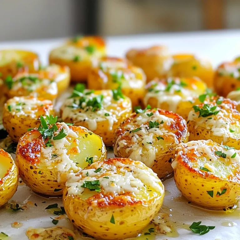 For Roasted Garlic Parmesan Potatoes, you will need: - 2 pounds baby potatoes, halved - 4 tablespoons olive oil - 6 cloves garlic, minced - 1 cup grated Parmesan cheese - 2 teaspoons dried Italian herbs (oregano, thyme, basil) - Salt and pepper to taste - Fresh parsley, chopped (for garnish) Each ingredient adds flavor and texture to this dish. - Baby potatoes are small, tender, and creamy. They cook evenly and crisp nicely. - Olive oil helps the potatoes brown and adds rich flavor. It also keeps them moist. - Garlic gives a warm, savory taste. Roasting it enhances its sweetness. - Parmesan cheese provides a salty kick. It melts beautifully, creating a crispy top layer. - Dried Italian herbs bring a mix of flavors. They enhance the dish with a hint of earthiness. - Salt and pepper are key for balance. They enhance the taste of all ingredients. - Fresh parsley adds color and freshness. It brightens up the final dish. You can adjust this recipe to fit your needs: - If you want a dairy-free version, use nutritional yeast instead of Parmesan. - For a low-carb option, try cauliflower florets instead of potatoes. - If you can't use olive oil, avocado oil works well too. - You can swap dried herbs for fresh ones. Use three times the amount for a burst of flavor. Start by washing 2 pounds of baby potatoes. Halve them to help with cooking. Next, mince 6 cloves of garlic. This adds great flavor. In a large bowl, mix the halved potatoes, 4 tablespoons of olive oil, minced garlic, 2 teaspoons of dried Italian herbs, salt, and pepper. Toss everything well until the potatoes are coated. Preheat your oven to 425°F (220°C). Spread the potatoes in a single layer on a sheet pan. Roast them in the oven for 25 minutes. After 25 minutes, take them out and sprinkle 1 cup of grated Parmesan cheese on top. Return the pan to the oven for another 10 minutes. The cheese should melt and turn golden brown. The potatoes will be tender and full of flavor. To get even roasting, try to spread the potatoes out well. This helps them cook evenly. Stir them halfway through cooking if you want. For the best cheese melt, use fresh Parmesan. It melts better and adds more flavor. Let the potatoes cool for a few minutes before serving. Finish with chopped fresh parsley for a pop of color and taste. To get the perfect crispy potatoes, start with dry potatoes. After washing, dry them well. Cutting them in half helps them cook evenly. Use a high oven temperature, like 425°F (220°C). This helps create a nice crust. Spread the potatoes out on the pan. Make sure they are not touching. This allows hot air to circulate around them. To boost flavor, add fresh herbs like rosemary or thyme. Try adding red pepper flakes for some heat. You can also mix in some paprika for a smoky taste. Lemon zest adds a fresh brightness. Experiment with different cheese types, too. Cheddar or feta can add a nice twist. A common mistake is overcrowding the pan. If the potatoes are too close, they will steam instead of roast. Another mistake is not seasoning enough. Salt and pepper enhance the flavors of the garlic and cheese. Lastly, don’t skip letting the potatoes cool slightly after baking. This helps the cheese firm up a bit before serving. {{image_2}} You can change up the potatoes. Use sweet potatoes for a sweeter taste. You can also add other vegetables. Try carrots or Brussels sprouts. These veggies roast well and taste great with garlic and cheese. For cheese, use cheddar or feta for a different flavor. Each choice adds a unique twist. Want a kick? Add red pepper flakes for spice. You can also mix in fresh herbs. Rosemary and thyme work well. They give a fresh taste. For a more earthy flavor, add smoked paprika. These small changes can make a big difference in taste. Roasted Garlic Parmesan Potatoes go great with many dishes. They pair well with grilled chicken or steak. You can also serve them with a fresh salad. A light vinaigrette adds a nice touch. This dish is flexible and fits many meals. You can even enjoy them as a snack! To store your roasted garlic Parmesan potatoes, let them cool first. Then, place them in an airtight container. Make sure to separate layers with parchment paper. This helps keep them from sticking. You can store them in the fridge for easy access. For the oven, preheat to 350°F (175°C). Spread the potatoes on a baking sheet. Heat them for about 10-15 minutes until warm. This keeps the potatoes crispy. If you prefer the microwave, place a serving on a plate. Heat for about 1-2 minutes. Just ensure they don’t get too hot. Leftovers can last up to three days in the fridge. Be sure to check for any signs of spoilage before eating. If you want to keep them longer, consider freezing them. Frozen potatoes can last up to two months. Yes, you can use other types of potatoes. I suggest Yukon Gold or red potatoes. They have a nice texture and flavor. Just cut them into even pieces for cooking. This helps them roast well. Absolutely! You can prep the potatoes in advance. Just toss them with the oil and seasoning. Store them in the fridge for up to 24 hours. When you are ready, roast them as usual. This makes meal prep easy and fun! These potatoes pair well with many dishes. Try serving them with grilled chicken or steak. They also go great with a fresh salad. The flavors balance nicely, making your meal complete and tasty. In this post, I covered how to make Roasted Garlic Parmesan Potatoes. We explored the important ingredients, like garlic and Parmesan, and suggested swaps for diets. You learned step-by-step how to prepare and cook these tasty potatoes. I shared tips for crispiness and flavor, and even variations to keep it interesting. Remember, proper storage helps keep leftovers fresh. Follow these steps, and you'll enjoy a delicious dish that pairs well with anything. Keep experimenting and enjoy your cooking adventures!