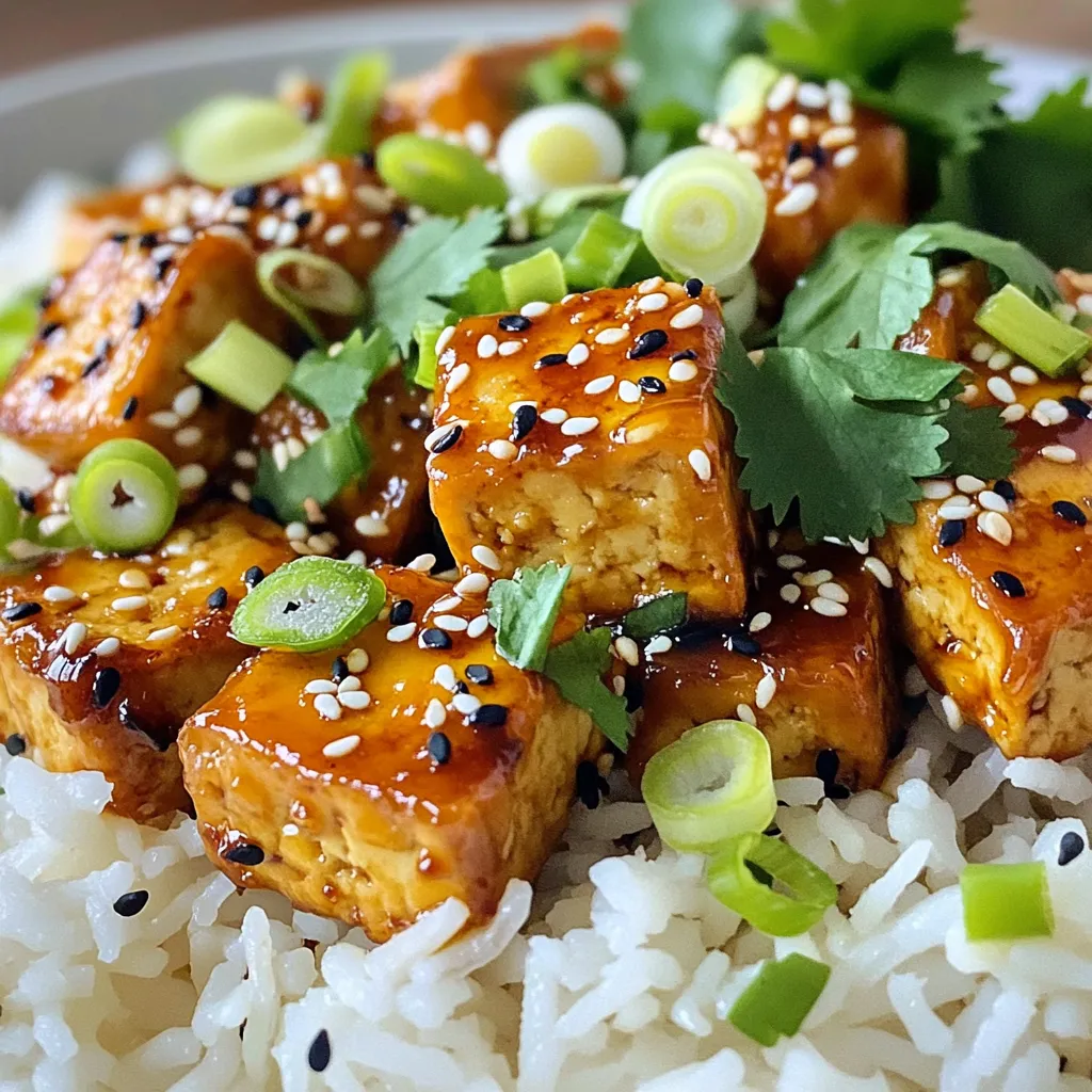 - 1 block (14 oz) firm tofu, drained and pressed - 3 tablespoons cornstarch - 1 tablespoon sesame oil - 2 tablespoons soy sauce (or tamari for a gluten-free option) - 2 tablespoons fresh ginger, minced - 2 cloves garlic, minced - 1 tablespoon maple syrup - 1 tablespoon rice vinegar - 1 tablespoon sesame seeds (white or black) - 2 green onions, sliced (for garnish) - Fresh cilantro, for garnish (optional) Crispy sesame ginger tofu is all about texture and flavor. You start with firm tofu as your base. This tofu holds its shape and absorbs flavors well. Press the tofu to remove extra moisture. This step helps it crisp up perfectly. Next, you coat the tofu cubes with cornstarch. This simple ingredient creates a crunchy crust when you fry the tofu. It’s essential to coat each piece evenly. This ensures that every bite is crispy. For the sauce, use soy sauce or tamari. Tamari is a great gluten-free option. Fresh ginger and garlic add depth and warmth. Maple syrup brings a touch of sweetness. Rice vinegar adds a little tang, balancing the flavors. Garnish the dish with sesame seeds for crunch. Sliced green onions add freshness, while cilantro gives a pop of color and flavor. Each ingredient plays a crucial role in making this dish vibrant and delicious. - Press and cut tofu: Start by pressing your firm tofu. This step removes excess water. It helps the tofu become crispy when cooked. Cut the tofu into bite-sized cubes. You can also slice it if you prefer. - Pat tofu dry: After cutting, use a paper towel to pat the tofu dry. This removes any remaining moisture. Dry tofu absorbs flavors better and gets crispy when cooked. - Toss with cornstarch: Place the dry tofu pieces in a large bowl. Sprinkle cornstarch over the tofu. Toss gently to coat each piece. This coating creates that crunchy texture we all love. - Heat sesame oil: In a large non-stick skillet, heat sesame oil over medium-high heat. Wait until the oil is hot but not smoking. This ensures a perfect fry. - Fry tofu until golden brown: Carefully add the coated tofu to the skillet in a single layer. Fry for about 4-5 minutes on each side. You want them to be golden brown and crispy. Gently turn them to avoid breaking. - Whisk together sauce ingredients: While the tofu cooks, grab a small bowl. Whisk together soy sauce, minced ginger, minced garlic, maple syrup, and rice vinegar. This mixture adds flavor to the tofu. - Combine tofu with sauce: Once the tofu is crispy, pour the sauce over it. Toss gently to coat the tofu evenly. Sprinkle sesame seeds over the tofu. Let it cook for an additional 1-2 minutes. This step helps the sauce thicken a bit. To get that perfect crispy texture, drying the tofu is key. After pressing, cut it into cubes. Use a paper towel to pat each piece dry. This helps remove moisture, which makes the tofu crispy when cooked. Next, you must coat the tofu properly. In a bowl, toss the dried cubes with cornstarch. Ensure each piece is fully covered. This light coating creates a crunchy shell during frying. Want some heat? Add chili flakes to your sauce. A little spice can elevate the flavor and make your dish exciting. You can also play with the sauce. Try adding different flavors like hoisin or sriracha. This way, you can customize the taste to match your mood. Serve your crispy sesame ginger tofu over steamed jasmine rice or fluffy quinoa. These options make a great base for the dish. Add some sautéed veggies around it for a colorful plate. For a fun twist, stack the tofu neatly in a pyramid on the plate. This adds height and makes your meal look fancy. {{image_2}} For a gluten-free version of this dish, use tamari instead of soy sauce. Tamari tastes similar but has no wheat, making it safe for those with gluten allergies. It adds a rich umami flavor to the dish. You won’t lose any taste while enjoying a gluten-free meal. If you want to skip maple syrup, try agave nectar or coconut sugar. These sweeteners blend well with the sauce. They also keep the dish vegan. Both options give a nice sweetness without changing the taste much. You can swap tofu for tempeh or seitan. Tempeh has a firmer texture and a nutty taste. It's packed with protein and works well with the sauce. Seitan offers a chewy texture and is great for those who love a meaty bite. Both options keep the dish plant-based and delicious. To keep your crispy tofu fresh, store it in an airtight container. Place parchment paper between layers to absorb moisture. This helps maintain crispiness. Refrigerate it for up to three days. Before eating, check for any signs of spoilage. If it smells off, throw it away. To reheat the tofu while keeping it crispy, use an oven or an air fryer. Preheat the oven to 375°F (190°C). Spread the tofu on a baking sheet and heat for about 10 minutes. If using an air fryer, set it to 350°F (175°C) for 5-7 minutes. Avoid microwaving, as it makes the tofu soggy. You can prepare the tofu and sauce ahead of time. Cut and coat the tofu, then store in the fridge for up to two days. Make the sauce and keep it in a separate container. When ready to eat, just fry the tofu and mix with the sauce. This saves time and makes meals quick and easy. To achieve crispy tofu, follow these key steps: - Start with firm tofu. Drain and press it to remove extra moisture. - Cut the tofu into bite-sized cubes or slices. - Pat the pieces dry using a paper towel. - Toss the tofu with cornstarch in a bowl until each piece is coated well. - Heat sesame oil in a non-stick skillet over medium-high heat. - Fry the tofu in a single layer for about 4-5 minutes on each side. - Wait until they turn golden brown and crispy. - Finally, pour your sauce over the tofu and let it cook for a minute. Yes, you can freeze crispy sesame ginger tofu. Here’s how: - Let the tofu cool completely after cooking. - Place it in an airtight container or freezer bag. - Remove as much air as possible before sealing. - Freeze for up to three months. When you want to enjoy it, thaw the tofu in the fridge overnight. Reheat it in a skillet to regain its crispiness. Crispy sesame ginger tofu pairs well with many sides. Here are some ideas: - Serve it over steamed jasmine rice or quinoa for a filling meal. - Add sautéed vegetables like bell peppers, broccoli, or snap peas for color. - A simple salad with mixed greens and a light dressing makes a great side. - Consider a side of pickled vegetables for an extra crunch and flavor. This article covered how to make crispy sesame ginger tofu. You learned about the key ingredients, including firm tofu and flavorful sauces. We discussed preparation steps and crucial tips for crispiness. I shared storage tips and variations, such as gluten-free options. In making this meal, you can enjoy a tasty dish while keeping it fresh and exciting. Try adding your favorite sides for a complete meal. Keep practicing, and you’ll be a tofu pro in no time!