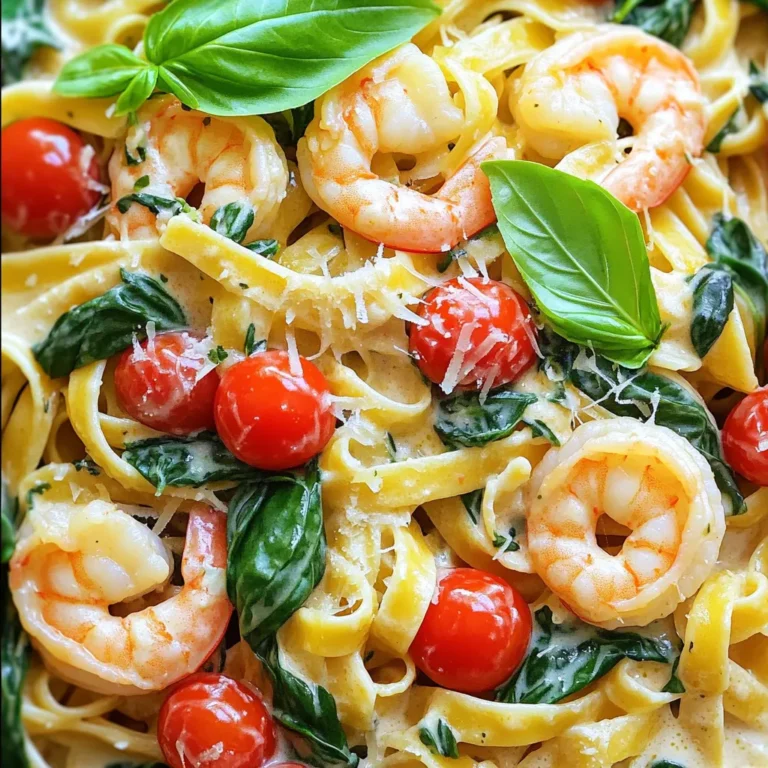 To make Creamy Tuscan Shrimp Pasta, gather these items: - 8 oz fettuccine or spaghetti - 1 lb shrimp, peeled and deveined - 2 tablespoons olive oil - 3 cloves garlic, minced - 1 cup cherry tomatoes, halved - 1 cup spinach leaves - 1 cup heavy cream - ½ cup grated Parmesan cheese - 1 teaspoon Italian seasoning - Salt and pepper to taste - Fresh basil for garnish You will need a few tools for this dish: - A large pot - A wooden spoon - A measuring cup - A cutting board - A chef’s knife This dish serves four people. Each serving has about: - Calories: 450 - Protein: 30g - Fat: 25g - Carbohydrates: 35g - Fiber: 2g - Sugar: 3g This meal is rich and tasty, making it a great choice for dinner. Enjoy the balance of shrimp, cream, and pasta. First, gather all your ingredients. Here’s what you need: - 8 oz fettuccine or spaghetti - 1 lb shrimp, peeled and deveined - 2 tablespoons olive oil - 3 cloves garlic, minced - 1 cup cherry tomatoes, halved - 1 cup spinach leaves - 1 cup heavy cream - ½ cup grated Parmesan cheese - 1 teaspoon Italian seasoning - Salt and pepper to taste - Fresh basil for garnish Next, prepare your cooking space. Have a large pot ready on the stove. Heat the olive oil in the pot over medium heat. Once hot, add the minced garlic. Sauté it for about one minute until you smell its strong aroma. Now, toss in the shrimp. Season them with salt, pepper, and Italian seasoning. Cook the shrimp for about 2-3 minutes on each side until they turn pink. Once cooked, remove the shrimp from the pot and set them aside. In the same pot, add the halved cherry tomatoes. Cook them for about two minutes until they soften. Then, pour in the heavy cream. Bring this mixture to a gentle simmer. Stir in the grated Parmesan cheese. Mix until it melts and creates a smooth sauce. Next, add your fettuccine or spaghetti directly into the pot. Make sure the pasta is fully submerged in the cream sauce. If it looks too thick, add a splash of water or chicken broth. Cover the pot and cook according to the pasta package instructions, about 8-10 minutes. Stir occasionally to prevent sticking. Check your pasta until it’s al dente. Once the pasta is ready, stir in the spinach leaves and the cooked shrimp. Mix well until the spinach wilts and everything heats through. Taste your dish and adjust seasoning with more salt or pepper as needed. To serve, scoop the creamy pasta into bowls. Garnish with fresh basil for a pop of color and flavor. Enjoy your creamy Tuscan shrimp pasta! To cook perfect shrimp, start with fresh or thawed shrimp. Peel and devein them before cooking. Heat olive oil in the pot over medium heat. Add minced garlic and cook for about one minute. Then, add the shrimp. Season with salt, pepper, and Italian seasoning. Cook for 2-3 minutes on each side. When they turn pink, they are done. Remove them from the pot to keep them tender. Use fettuccine or spaghetti for this dish. Add the pasta directly into the pot with the sauce. Make sure it is fully submerged in the creamy mixture. If the sauce is too thick, add a splash of water or broth. Cover the pot and cook according to the package instructions. Stir occasionally to prevent sticking. Aim for al dente pasta, which means firm to the bite. For the best creamy sauce, you need heavy cream. Start by bringing it to a gentle simmer in the pot. Stir in grated Parmesan cheese until it melts smoothly. If the sauce is too thick, add more liquid. You want a nice, pourable consistency. This will coat the pasta well without being runny. Adjust the seasoning with salt and pepper to taste for extra flavor. {{image_2}} You can change some ingredients to fit your taste. Use any pasta you like. Fettuccine or spaghetti work great, but you can try penne or even gluten-free pasta. If you want a lighter dish, swap heavy cream with half-and-half. For a dairy-free version, use coconut cream or a plant-based milk. You can also replace shrimp with chicken or tofu for a different flavor. Adding veggies boosts the dish's health and color. Try bell peppers, zucchini, or mushrooms. Just chop them up and add them with the cherry tomatoes. You can also add broccoli or asparagus for extra crunch. Adding veggies makes the dish more filling and fun. The type of pasta can change the whole dish. You can use whole wheat pasta for a healthier choice. If you're feeling adventurous, try using fresh pasta. It cooks faster and has a lovely texture. For a low-carb option, spiralized zucchini or spaghetti squash works well. Each pasta type brings a new taste and feel to this creamy dish. After you enjoy your creamy Tuscan shrimp pasta, store leftovers in the fridge. Use an airtight container to keep it fresh. You can keep it for up to three days. Make sure to let it cool down before sealing the container. This helps keep flavors intact and prevents sogginess. When you are ready to heat up your pasta, use a skillet. Add a splash of water or broth to keep it moist. Heat it on medium-low. Stir often to ensure even warming. You can also use the microwave. Place the pasta in a microwave-safe bowl. Cover it with a damp paper towel to trap steam. Heat in short bursts, stirring in between, until it's warm. To freeze this dish, let it cool completely first. Then, place it in a freezer-safe container or bag. Try to remove as much air as possible to prevent freezer burn. It can last for up to three months in the freezer. When ready to eat, thaw it overnight in the fridge before reheating. Yes, you can use frozen shrimp. Just be sure to thaw them first. Place the frozen shrimp in a bowl of cold water for 15-20 minutes. This helps speed up the thawing process. Once thawed, peel and devein if needed. Cook them just like fresh shrimp in the recipe. You have a few options to replace heavy cream. You can use half-and-half for a lighter option. Another choice is coconut milk for a dairy-free version. If you want a richer flavor, try sour cream or Greek yogurt. Mix them with a bit of milk for a creamy texture. To make this dish gluten-free, use gluten-free pasta. Many brands offer pasta made from rice or corn. Check the package to ensure it cooks like regular pasta. You can also use zoodles, which are spiralized zucchini, for a fresh twist. Just sauté them lightly before adding to the sauce. In this post, I covered how to make a delicious shrimp pasta dish. We explored ingredients, cooking tools, and nutritional info. Step-by-step, I shared how to prepare, cook, and serve your meal. I added tips for cooking shrimp and pasta perfectly. We also discussed tasty variations and smart storage methods. Remember, cooking should be fun and simple. With these tips, you can enjoy a great meal!