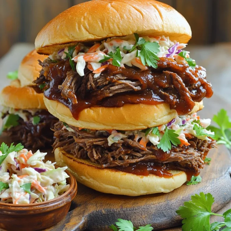 - 3 pounds beef chuck roast - 1 cup beef broth - 1 cup barbecue sauce (choose your favorite) - 1 onion, sliced - 4 cloves garlic, minced - 1 tablespoon Worcestershire sauce - 2 teaspoons smoked paprika - 1 teaspoon black pepper - 1 teaspoon salt - 8 hamburger buns - 1 cup coleslaw (store-bought or homemade) - Pickles for garnish (optional) Each ingredient plays a key role. The beef chuck roast gives great flavor and tenderness. The beef broth adds moisture during cooking. Barbecue sauce is the star, so pick one you love. Onion and garlic build a rich base. Worcestershire sauce adds depth. Smoked paprika gives a nice kick, while salt and pepper enhance the taste. Don’t forget the buns for serving! When it comes to barbecue sauce, I have a few favorites. Look for: - Sweet Baby Ray's: It's sweet and tangy, perfect for most palates. - Stubbs: This sauce has a nice smoky flavor with a hint of spice. - Kraft: A classic choice that balances sweetness and tang. You can pick any sauce you like, but these brands are crowd-pleasers. Garnishes can elevate your BBQ beef sandwich. Here are some extras to consider: - Coleslaw: It adds crunch and creaminess. You can use store-bought or make your own. - Pickles: They add a nice tang and crunch. Place them on the side or on the sandwich. - Fresh Parsley: Sprinkle it on top for a pop of color. These options can make your sandwich even more delicious and fun! Start with the beef. I use a 3-pound beef chuck roast. It is perfect for slow cooking. Place sliced onion at the bottom of the slow cooker. This adds flavor to the meat. Next, season the beef with salt, black pepper, and smoked paprika. Make sure to cover all sides. Now, let's make the sauce. In a bowl, mix beef broth, barbecue sauce, minced garlic, and Worcestershire sauce. Stir it all together until blended. This sauce will keep the beef juicy and tasty. Place the seasoned beef on top of the onions in the slow cooker. Pour the sauce mixture over the beef. Ensure the meat is fully coated. Cover the slow cooker with the lid. Cook on low for eight hours or high for four hours. The beef should be tender and easy to shred. Once the cooking time is up, carefully take out the beef. Let it rest for a few minutes. Use two forks to shred the meat into bite-sized pieces. Return the shredded beef to the slow cooker. Stir it well to mix with the sauce. Now, let’s build the sandwiches. Toast the hamburger buns if you like. Place a generous portion of shredded BBQ beef on the bottom half of each bun. Top with coleslaw and add pickles if you want. Place the top half of the bun on and serve. Enjoy your delicious Slow Cooker BBQ Beef Sandwiches! For BBQ beef sandwiches, I recommend using beef chuck roast. This cut has a good amount of fat, which makes it tender and juicy when cooked. You can also choose brisket or short ribs if you want different flavors. Just remember, the more marbled the meat, the better it will taste after slow cooking. Feel free to play with the seasonings! You can add cayenne pepper for heat or brown sugar for sweetness. If you like a smoky taste, try adding chipotle powder. Experiment with your favorite spices. The key is to balance the flavors to suit your taste buds. To get the best texture, cook the beef low and slow. This method allows the collagen in the meat to break down, resulting in tender shreds. Make sure to let the beef rest for a few minutes before shredding. This helps keep the juices inside. Shred the beef with two forks and mix it back into the sauce. This step ensures every bite is packed with flavor. {{image_2}} You can change the flavor of your BBQ beef sandwiches by using different sauces. Here are some options: - Honey BBQ Sauce: Adds sweetness to the dish. - Chipotle BBQ Sauce: Gives a smoky and spicy kick. - Mustard BBQ Sauce: Offers a tangy taste that brightens the meat. - Teriyaki Sauce: Adds a sweet and savory twist. Try mixing sauces for even more fun flavors. You can blend honey BBQ with chipotle for a sweet and spicy combo. The bun can change the whole sandwich game. Here are some great options: - Classic Hamburger Buns: Soft and perfect for BBQ. - Pretzel Buns: Add a nice chew and salty flavor. - Ciabatta Rolls: Give a rustic feel with great texture. - Whole Wheat Buns: Make your meal healthier while still tasty. Choosing the right bun can make your BBQ beef sandwich even better. You can enjoy BBQ flavors without meat. Here are some tasty options: - Jackfruit: Shredded jackfruit mimics the texture of pulled beef. - Mushrooms: Use portobello or shiitake for a meaty feel. - Lentils: Cooked lentils can soak up BBQ sauce well. - Tofu: Marinated and grilled tofu offers a protein-packed choice. These options let everyone enjoy BBQ beef sandwiches their way. To keep your leftovers fresh, place them in an airtight container. Make sure to store the shredded beef with its sauce. This keeps the beef moist and tasty. Refrigerate the container for up to three days. If you have extra coleslaw, store it in a separate container. This keeps it crunchy. To reheat the BBQ beef, use a saucepan over low heat. Stir the beef and sauce often. This helps the beef heat evenly. You can also use the microwave. Place the beef in a microwave-safe bowl and cover it. Heat in 30-second bursts until hot. If using a bun, toast it lightly before adding the beef. If you want to save some for later, freezing works well. Put the beef and sauce in a freezer-safe bag. Remove as much air as possible before sealing. You can freeze it for up to three months. For the coleslaw, it's best to freeze it without dressing. Add the dressing fresh when you are ready to eat. Yes, you can use other cuts of beef. Brisket or round roast works well. These cuts can also become tender with slow cooking. The key is to choose cuts that have some fat. Fat adds flavor and keeps the meat moist. If you pick a leaner cut, you might need to adjust the cooking time. To spice up your BBQ beef sandwiches, add chopped jalapeños. You can also mix in hot sauce. Another option is to use a spicy barbecue sauce. For a kick, add crushed red pepper flakes to the sauce. If you enjoy heat, consider using chipotle peppers in adobo sauce. Adjust the spice level to your taste. Many sides go well with BBQ beef sandwiches. Classic options include coleslaw and potato salad. Baked beans also add a nice touch. You can serve corn on the cob for a fun addition. If you want something lighter, a green salad works well too. Try sweet potato fries for a delicious twist. You now have all you need to make great BBQ beef sandwiches. We covered ingredients, step-by-step prep, and key tips. Don’t forget to try new sauces or buns to mix things up. Storing and reheating leftovers is simple, so enjoy your meal later, too. With these easy instructions, you can impress anyone with your cooking. Dive in and have fun with your BBQ beef sandwiches, and don’t hesitate to experiment. Happy cooking!