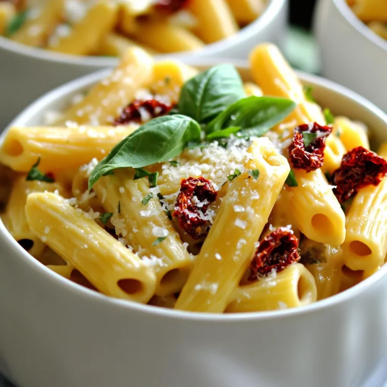 To create the creamy sun-dried tomato pasta, you will need the following ingredients: - 12 oz (340g) pasta (penne or fusilli) - 1 cup sun-dried tomatoes, chopped (in oil, drained) - 1 cup heavy cream - 1 cup vegetable broth - 1 medium onion, finely chopped - 3 cloves garlic, minced - 1 teaspoon dried basil - 1 teaspoon dried oregano - 1/2 cup grated Parmesan cheese - 2 tablespoons olive oil - Salt and pepper to taste - Fresh basil leaves for garnish Each ingredient plays a key role in building flavor. The pasta serves as the base, while the sun-dried tomatoes add a tangy punch. The heavy cream makes the dish rich and smooth. You can use vegetable broth to enhance the taste without meat. Onions and garlic provide a savory foundation, and the herbs add depth. Parmesan cheese gives a salty finish. Feel free to choose between penne and fusilli. Penne holds sauce well with its tube shape, while fusilli captures the creamy goodness in its spirals. Each option works great! 1. Heat the olive oil in a large pot over medium heat. 2. Add the finely chopped onion. Sauté for 3-4 minutes until it turns translucent. 3. Next, add the minced garlic. Cook for 1 minute until you smell its aroma. 4. Stir in the chopped sun-dried tomatoes, dried basil, and dried oregano. Cook for another 2 minutes to blend the flavors. 1. Pour in the vegetable broth and heavy cream. Stir well to mix everything. 2. Bring this mixture to a gentle simmer. 3. Add the pasta directly into the pot. Ensure it is fully submerged in the liquid. 4. Cover the pot and cook according to the pasta package instructions, usually about 10-12 minutes. Stir occasionally to keep it from sticking. 1. Once the pasta is al dente and most liquid is absorbed, remove the pot from heat. 2. Stir in the grated Parmesan cheese. Mix until the sauce becomes creamy and well combined. 3. Season with salt and pepper to taste. If the sauce is too thick, add a bit more broth or water for the right consistency. 4. Let it rest for a few minutes to thicken before serving. To make your creamy sun-dried tomato pasta even better, try adding more ingredients. You can toss in fresh spinach or cooked chicken for extra flavor and nutrition. For a spicy kick, consider adding red pepper flakes. You can also play with herbs. Instead of dried basil and oregano, use fresh herbs for a brighter taste. Thyme and parsley work well too. Don't shy away from mixing in some capers or olives for a salty punch! Avoid sticky pasta by stirring it often while it cooks. This keeps the pasta from clumping together. Make sure to use enough liquid. If the pasta seems dry, add a little broth or water. To achieve that perfect creamy texture, mix in the Parmesan cheese slowly. This helps it melt evenly into the sauce. If the sauce is too thick, add more broth to loosen it up. Letting the pasta sit for a few minutes after cooking allows it to absorb flavors and thicken. Enjoy your creamy masterpiece! {{image_2}} You can make this creamy pasta even better with veggies. Adding spinach brings a fresh taste. Just toss in a few handfuls at the end. Zucchini is another great choice. Chop it up and sauté it with the onion and garlic. For cheese, Parmesan is tasty, but you can switch it up. Try goat cheese for a tangy twist. Feta also adds a nice salty flavor. Use whatever cheese you love! Want to add protein? Chicken is a fantastic choice. Simply cook diced chicken in the pot before adding the onions. Shrimp works well too. Just toss them in during the last few minutes of cooking. If you prefer vegan options, use chickpeas or lentils. They add protein and fiber. Tofu is another great choice. Just sauté it until golden for extra flavor. To keep your creamy sun-dried tomato pasta fresh, store it in an airtight container. Let it cool before sealing. Place it in the fridge for up to three days. This helps to keep the flavor and texture intact. When you reheat, do so gently. Use a saucepan over low heat. Add a splash of broth or cream to keep it creamy. Stir often to prevent sticking. This will help revive its smooth texture. For longer storage, you can freeze the pasta. Use freezer-safe containers or bags. Make sure to leave some space for expansion. It can last up to two months in the freezer. To thaw, move it to the fridge overnight. For quick thawing, use the microwave on a low setting. Once thawed, reheat in a pot over low heat. Again, add a little broth or cream to maintain creaminess. Stir well to ensure even heating. Yes, you can use fresh sun-dried tomatoes, but they differ from store-bought ones. Fresh tomatoes have more moisture and a different flavor. Store-bought sun-dried tomatoes are drier and more intense in taste. If you use fresh ones, be sure to adjust the liquids in your dish. You might need to cook them longer to bring out their flavor. I recommend using penne or fusilli for this dish. Both shapes hold the creamy sauce well. Penne has a tubular shape that traps sauce inside, making each bite flavorful. Fusilli, with its spirals, clings to the sauce. If you want to try other options, consider bowtie or rotini. They work well too! To make this dish dairy-free, swap out the heavy cream and cheese. Use a plant-based cream, like coconut cream or cashew cream. For cheese, you can try nutritional yeast for a cheesy flavor or a dairy-free cheese option. These substitutes keep the dish rich and creamy without dairy. This blog post covers a delightful pasta dish that’s simple to make. We discussed key ingredients, from pasta types to sun-dried tomatoes, and shared step-by-step cooking instructions. You learned tips for enhancing flavor and avoiding sticky pasta. There are also variations to suit your taste, as well as effective storage and reheating tips. In conclusion, this dish is versatile and easy. With a few tweaks, you can make it your own. Enjoy cooking and experimenting with flavors!