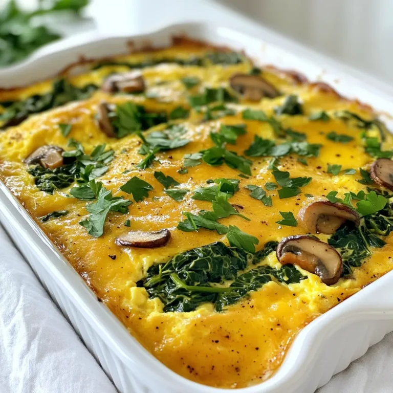 - 2 cups fresh spinach, chopped - 1 cup mushrooms, sliced - 6 large eggs - 1 cup milk (dairy or plant-based) - 1 cup shredded cheddar cheese - 1/2 cup diced onion - 2 cloves garlic, minced - 1 teaspoon dried oregano - 1 teaspoon salt - 1/2 teaspoon black pepper - 1 tablespoon olive oil - Optional: Fresh herbs for garnish The main ingredients create a rich and tasty base for the egg bake. Spinach adds color and nutrition. Mushrooms bring a nice earthy flavor. The eggs form the heart of the dish. Milk gives the bake a creamy texture. You can choose dairy or plant-based milk. This lets you adjust the dish for your needs. The cheddar cheese adds a delightful creaminess and a hint of sharpness. For seasonings, onion and garlic enhance the flavor. Oregano adds a touch of warmth. Salt and black pepper balance the dish. Olive oil helps cook the veggies and brings everything together. Using fresh herbs for garnish adds a vibrant touch. Parsley or chives work great. These ingredients make your Savory Spinach Mushroom Egg Bake both simple and tasty. - Preheat your oven to 375°F (190°C). - In a large skillet, heat 1 tablespoon of olive oil over medium heat. - Add 1/2 cup of diced onion and sauté for about 3-4 minutes until translucent. - Then, add 2 cloves of minced garlic and stir until fragrant. - Next, add 1 cup of sliced mushrooms to the skillet. Cook for about 5 minutes until they are tender. - Stir in 2 cups of chopped fresh spinach. Cook until the spinach wilts, around 2-3 minutes. - Remove the skillet from heat and let the mixture cool slightly. - In a large bowl, whisk together 6 large eggs, 1 cup of milk, 1 teaspoon of dried oregano, 1 teaspoon of salt, and 1/2 teaspoon of black pepper until well blended. - Once the vegetable mix has cooled, fold it into the egg mixture along with 1 cup of shredded cheddar cheese. - Grease a 9x13 inch baking dish, then pour the egg mixture evenly into the dish. - Bake in the preheated oven for 30-35 minutes. It’s done when the top is golden and a knife inserted in the center comes out clean. - Use fresh ingredients for best flavor. Fresh spinach and mushrooms shine in this dish. - Ensure the vegetable mix cools before adding to egg mixture. This step helps keep the eggs from cooking too fast. - Serve warm with fresh herbs on top. Parsley or chives add a nice touch. - Pair with a side of mixed greens for a complete meal. This adds crunch and freshness. - Store leftovers in an airtight container in the refrigerator. This keeps them fresh for a few days. - Reheat easily in the oven or microwave. Just warm until hot throughout, and enjoy again! {{image_2}} You can change the cheese to fit your taste. Instead of cheddar, try feta for a tangy bite. Mozzarella adds a creamy texture and melts well. For a dairy-free choice, use a plant-based cheese. This is great for those who want to enjoy the dish without dairy. Adding more veggies can boost flavor and nutrition. Bell peppers bring a sweet crunch. Zucchini adds moisture and a mild taste. Chopped tomatoes can brighten the dish with their juicy goodness. Feel free to mix and match your favorite vegetables for a unique twist! If you want a vegan version, use egg substitutes like tofu or chickpea flour. This keeps the dish plant-based yet still tasty. For those with lactose intolerance, swap regular milk with almond or oat milk. These changes make the dish friendly for everyone. Each serving of the Savory Spinach Mushroom Egg Bake has about: - Calories: 250 - Protein: 18 grams - Fats: 15 grams - Carbohydrates: 10 grams - Fiber: 2 grams These numbers may vary based on the specific ingredients you choose. You can make this dish gluten-free. Just swap any bread or pasta with gluten-free options. This recipe is high in protein, thanks to the eggs and cheese. The spinach and mushrooms add a lot of nutrients, making this dish healthy and filling. This egg bake is rich in vitamins A, C, and K from the spinach. Eggs provide protein and essential fats. Mushrooms are a great source of B vitamins and minerals. Together, they create a dish that is not only tasty but also good for your body. Enjoying this dish is a smart choice for your health! Yes, you can prepare it the night before and bake it in the morning. This saves time and makes breakfast easy. Just cover the dish with plastic wrap and keep it in the fridge. When you are ready, take it out, remove the wrap, and bake as directed. This way, you get a warm meal with no fuss. The top should be golden, and a knife inserted in the center should come out clean. If the knife has egg on it, bake a bit longer. This tells you the eggs are not set yet. You want a nice, firm texture all around. Keep an eye on the time, but use the knife test for the best results. Yes, it freezes well for up to 2 months; reheat thoroughly before serving. To freeze, let it cool completely first. Then, wrap it tightly in foil or place it in a freezer-safe bag. When you want to eat it, thaw it in the fridge overnight. Bake it again until hot all the way through. Enjoy a tasty breakfast anytime! This Savory Spinach Mushroom Egg Bake is simple and full of flavor. You start with fresh ingredients like spinach, mushrooms, and eggs, then bake them to perfection. Remember, using fresh veggies really enhances the taste. You can easily customize this dish by changing the cheese or adding more vegetables. It’s a healthy option packed with nutrients. Enjoy it warm or save leftovers for later. No matter how you serve it, this dish offers a great, tasty meal for everyone. Follow these steps and enjoy your cooking!