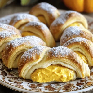 - 1 can (8 oz) refrigerated crescent roll dough - 8 oz cream cheese, softened - 1/2 cup pumpkin puree - 1/4 cup granulated sugar - 1/4 cup packed brown sugar - 1 teaspoon vanilla extract - 1 teaspoon pumpkin pie spice - 1/2 teaspoon ground cinnamon These main ingredients create a rich and creamy filling. The cream cheese gives the cheesecake a smooth texture. Pumpkin puree adds a warm flavor and nutrition. The sugars balance the taste, making it sweet and delightful. Vanilla extract enhances the flavor, while the spices give it that cozy, fall vibe. - Whipped cream for serving - Cinnamon and powdered sugar for garnish Whipped cream adds a light and fluffy touch when serving. A sprinkle of cinnamon or powdered sugar makes the rolls look pretty. These optional ingredients can take your treats to the next level, making them even more enjoyable. 1. Preheat your oven to 375°F (190°C). This ensures even baking. 2. Line a baking sheet with parchment paper. This helps prevent sticking. 3. In a medium bowl, beat the softened cream cheese until smooth. This is key for a creamy filling. 4. Add the pumpkin puree, granulated sugar, brown sugar, vanilla extract, pumpkin pie spice, and ground cinnamon. Mix until fully combined. You want a tasty, creamy mixture. 1. Unroll the crescent roll dough on a clean, lightly floured surface. 2. Divide the dough into triangles, as shown on the package. This makes it easy to fill. 3. Spoon about 1-2 tablespoons of the pumpkin cheesecake mixture onto the wider end of each triangle. 4. Roll up each triangle starting from the wide end. Tuck in the filling as you go. 5. Place the rolled crescent on the prepared baking sheet. Make sure they are spaced apart. 1. In a small bowl, beat the egg. Brush it over the tops of each crescent roll. This gives them a nice color. 2. Sprinkle with granulated sugar for an extra touch of sweetness. 3. Bake in the preheated oven for 12-15 minutes or until golden brown. Keep an eye on them as they bake. 4. Remove from the oven and let cool slightly before serving. For an extra touch, drizzle with whipped cream if you like. Enjoy the process and the delicious smell as these bake! To soften cream cheese quickly, cut it into small cubes. Place it in a microwave-safe bowl. Heat it in the microwave for about 10-15 seconds. This will make mixing easier. For a smooth mixture, beat the cream cheese first. Use a hand mixer or a fork. Add the pumpkin puree and sugars afterward. Mix until everything is creamy and well combined. To tell when the rolls are done, watch for a golden brown color. The edges should look crisp, and the filling should be warm. To avoid overcooking, set a timer for 12 minutes. Check the rolls after this time. If they need more time, bake for another 1-3 minutes. For creative serving, arrange the rolls on a nice plate. Dust them lightly with powdered sugar. You can also sprinkle some cinnamon for extra flair. Garnish with a dollop of whipped cream on each roll. This adds a nice touch and makes them look inviting. Enjoy your delightful treat! {{image_2}} You can make these pumpkin spice cheesecake crescent rolls even more fun! Adding chocolate chips gives a sweet touch. Just mix in 1/2 cup of mini chocolate chips with the cream cheese filling. You get a creamy and sweet flavor in every bite. If you want a nutty crunch, try adding chopped nuts. Pecans or walnuts work great. Just 1/4 cup will do. You can also play with spices. If you like a bit of heat, add a pinch of ground ginger. This adds a nice kick to the filling. Another option is to swap out pumpkin pie spice with apple pie spice. This will give a fresh twist to the taste. Want to try something different with the dough? You can use puff pastry instead of crescent dough. Puff pastry makes the rolls flaky and light. Just roll it out, cut it into triangles, and fill them like you would with the crescent dough. If you need a gluten-free option, there are gluten-free crescent roll brands available. They work just as well and keep the same yummy taste. Always check the package for baking instructions, as they may vary. Enjoy these fun twists on a classic treat! To keep your pumpkin spice cheesecake crescent rolls fresh, store them properly. - Refrigeration tips: Place the rolls in an airtight container. They last about 3 to 5 days in the fridge. If you want to keep them longer, you can freeze them. - Freezing instructions: Wrap each roll in plastic wrap. Then, place them in a freezer-safe bag. They can stay frozen for up to 2 months. When you’re ready to eat them, thaw in the fridge overnight. You want these rolls warm and tasty when you eat them again. - Best methods for reheating leftover rolls: The oven works best. Preheat it to 350°F (175°C). Place the rolls on a baking sheet and heat for about 10 minutes. This keeps the outside crisp and the inside warm. You can also use the microwave for a quick option. Heat each roll for about 15-20 seconds. Just be careful, as the microwave can make them a bit soft. Can I make these rolls ahead of time? Yes, you can prep these rolls ahead. Make the filling and fill the dough. Then, wrap them tightly and store in the fridge. Bake them later when you want a fresh treat. What can I substitute for cream cheese? You can use mascarpone cheese or Greek yogurt. These options give a similar creamy texture. However, the taste will change a bit. How to make homemade pumpkin puree? To make pumpkin puree, start with a small sugar pumpkin. Cut it in half and scoop out the seeds. Roast the halves cut-side down at 400°F until soft. Blend the flesh until smooth. Can I use other types of pie spice? Yes, you can use other spices like cinnamon or nutmeg. You may also mix your own blend to suit your taste. Just keep the total amount similar to the recipe's spice amount. You learned how to make tasty pumpkin cheesecake crescent rolls. With ingredients like crescent dough, cream cheese, and spices, it’s simple and fun. You can also add your favorite garnishes, like whipped cream or cinnamon. I shared tips for the best filling and baking, so your rolls come out perfect. Try different flavors or dough types to keep things interesting. Remember, these rolls store well and reheat nicely. Enjoy making these treats for yourself or to impress others!