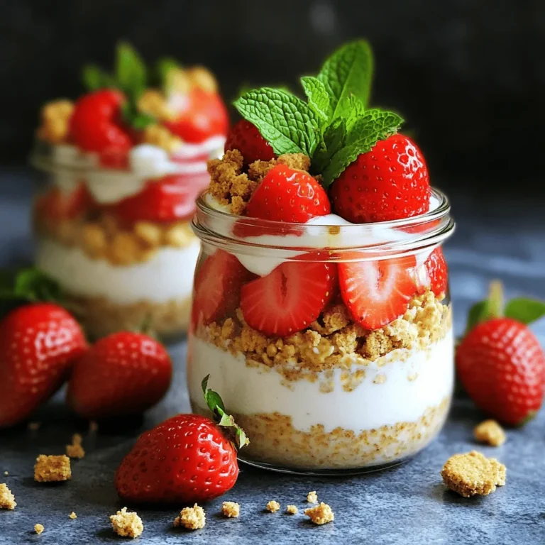 Here are the ingredients you need for strawberry cheesecake overnight oats: - 1 cup rolled oats - 1 ½ cups almond milk (or any milk of choice) - 1 cup Greek yogurt (plain or vanilla) - 2 tablespoons maple syrup (or honey) - ½ teaspoon vanilla extract - ¼ teaspoon ground cinnamon - 1 cup fresh strawberries, hulled and sliced - 2 tablespoons cream cheese, softened - 1 tablespoon crushed graham crackers (for topping) - Fresh mint leaves (for garnish) Each ingredient plays a role in making this meal creamy and sweet. The oats give you a good base, while the yogurt adds protein. The cream cheese brings that cheesecake flavor, and strawberries add freshness. You can easily swap some ingredients if needed: - Use any milk you like instead of almond milk. - Try coconut yogurt for a dairy-free option. - Agave syrup can replace maple syrup or honey. - Use any other fruit, like blueberries or bananas, in place of strawberries. - Omit the cream cheese for a lighter version. These swaps can change the taste a bit, but they still work great! Here’s a quick look at the nutritional facts per serving: - Calories: About 350 - Protein: 15g - Carbs: 50g - Fat: 10g - Fiber: 6g - Sugar: 10g This meal is filling and packed with good nutrients. The high protein from Greek yogurt helps keep you full. The oats provide fiber, which is great for digestion. Enjoy knowing that you are eating something tasty and healthy! Start with a large mixing bowl. Add 1 cup of rolled oats. Pour in 1 ½ cups of almond milk. You may use any milk you like. Next, add 1 cup of Greek yogurt. You can use plain or vanilla yogurt. Then, add 2 tablespoons of maple syrup for sweetness. If you prefer, use honey instead. Add ½ teaspoon of vanilla extract and ¼ teaspoon of ground cinnamon. Stir all the ingredients well. Make sure the oats are fully coated. In a small bowl, mix 2 tablespoons of softened cream cheese. Take a tablespoon of the oat mixture and blend it with the cream cheese. This step gives the oats a creamy cheesecake flavor. Once smooth, fold this back into the large bowl. Mix gently to combine everything together. Now, slice 1 cup of fresh strawberries. Add the sliced strawberries to the bowl, but save some for later. Gently stir them into the oat mixture. Next, divide the oat mixture into two jars or airtight containers. Seal them tightly. Place the jars in the refrigerator overnight. If you are short on time, let them soak for at least 4 hours. When morning comes, the oats will be soft and ready. Top each jar with the reserved strawberries. Add a sprinkle of crushed graham crackers for crunch. Finally, garnish with fresh mint leaves for a pop of color. Enjoy your delicious Strawberry Cheesecake Overnight Oats! To get the best flavor in your Strawberry Cheesecake Overnight Oats, use ripe strawberries. Fresh, sweet berries make a big difference. I recommend using plain Greek yogurt for a tangy kick. This yogurt adds creaminess and enhances the cheesecake taste. Don't skip the maple syrup or honey; they sweeten the oats perfectly. Mixing in cream cheese gives that cheesecake flavor, so be sure to blend it well with the oats. One common mistake is not mixing the ingredients well. You want everything to blend, especially the cream cheese. If you leave lumps, the texture won't be smooth. Another mistake is using too much milk. Stick to the 1 ½ cups specified in the recipe. If the oats are too runny, they won't set properly. Lastly, remember to reserve some strawberries for topping. This makes your oats look more appealing and adds fresh flavor. When choosing jars, look for airtight containers. Glass jars work best as they don't hold odors. They keep your oats fresh and are easy to clean. I like 16-ounce jars; they give you enough room for oats and toppings. Make sure the jars are wide enough for easy scooping. If you want to take your oats on the go, look for jars with secure lids. This way, you can enjoy your tasty breakfast anywhere! {{image_2}} You can play with different fruits in your overnight oats. Berries like blueberries and raspberries add a nice touch. You can also use sliced bananas for a sweet twist. If you like tropical flavors, try adding diced mango or pineapple. Each fruit adds its own flavor and color, making your oats more fun. You can easily make this recipe gluten-free. Just use gluten-free oats. For a dairy-free option, swap Greek yogurt for coconut yogurt. Almond milk works great, but you can choose any plant-based milk you enjoy. These changes keep the taste tasty and satisfying without gluten or dairy. Want to make your oats even better? Try adding a scoop of protein powder for extra nutrition. You can also mix in a tablespoon of nut butter for creaminess. If you like spices, a pinch of nutmeg or cardamom can add warmth. A splash of lemon juice brightens the flavor too. Each add-in creates a unique taste! To keep your strawberry cheesecake overnight oats fresh, use airtight containers. Glass jars work great. Make sure to seal them tightly. This prevents the oats from absorbing smells in your fridge. Always store your oats in the fridge. Do not leave them at room temperature for long. When stored properly, these oats last for about 3 to 5 days in the fridge. After this time, the oats may become too soft and lose their texture. If you notice any off smells or changes in color, it’s best to toss them. You can freeze strawberry cheesecake overnight oats too! Place them in freezer-safe containers. Leave a little space at the top for expansion. These oats can stay in the freezer for about 1 to 2 months. When you’re ready to eat, thaw them in the fridge overnight. Enjoy them cold or heat them up. Yes, you can make these oats ahead of time. I often prepare them the night before. Just mix all the ingredients and store them in jars. They will stay fresh in the fridge for up to three days. This makes mornings easier and faster! If you don't have Greek yogurt, you can use regular yogurt. You can also try non-dairy options like coconut yogurt or almond yogurt. These will still give the oats a creamy texture. Just make sure to choose a plain or vanilla flavor for best results. To lower the sugar in your oats, cut back on maple syrup or honey. You can also use unsweetened almond milk instead of sweetened. Adding fresh fruit, like strawberries, adds natural sweetness without extra sugar. This keeps your oats tasty and healthy! In this blog post, we explored the world of overnight oats. We covered ingredients, substitutions, and nutritional facts. You learned step-by-step instructions for preparation and soaking. I shared tips to enhance flavor and avoid mistakes. We also discussed fun variations, storage tips, and answered common questions. Now, you have all the tools to make delicious overnight oats. Enjoy your tasty creations and feel good about what you eat!