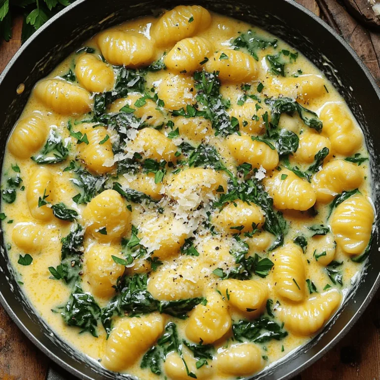 - 1 package (16 oz) gnocchi (fresh or frozen) - 4 tablespoons unsalted butter - 4 cloves garlic, minced - 1 cup heavy cream - 1 cup freshly grated Parmesan cheese - 1 cup baby spinach - 1 teaspoon Italian seasoning - Salt and pepper to taste - Fresh parsley for garnish (optional) You need good ingredients for this dish. Gnocchi is the star here. Fresh or frozen works great. For the sauce, I use unsalted butter for rich flavor. Minced garlic adds a punch, making every bite tasty. The heavy cream gives the sauce a creamy texture. Then comes the fun part. Parmesan cheese makes it even richer. Baby spinach brightens up the dish with color and nutrition. Italian seasoning adds that extra zing. Always taste and adjust salt and pepper to suit your liking. If you want, fresh parsley makes a lovely garnish. Gather these ingredients to make your creamy garlic butter gnocchi skillet. The right mix will set you up for a delicious meal. First, take a large pot and fill it with salted water. Bring it to a boil. Once the water is boiling, add the gnocchi. Cook them according to the package instructions. This usually takes about 2-3 minutes. You know they are done when they float to the surface. That’s your cue! Drain the gnocchi and set them aside for now. Next, grab a large skillet and place it over medium heat. Add 4 tablespoons of unsalted butter to the skillet. Let it melt completely. Then, add 4 cloves of minced garlic. Sauté the garlic for about 1-2 minutes. You want it to smell great but not brown. Now it’s time to make it creamy! Pour in 1 cup of heavy cream and stir to mix. Let it simmer gently for about 2-3 minutes. Then, take 1 cup of freshly grated Parmesan cheese and whisk it in. Keep stirring until the cheese melts and the sauce is smooth. After that, add the cooked gnocchi back into the skillet. Toss in 1 cup of baby spinach and 1 teaspoon of Italian seasoning. Gently stir everything together. Cook until the spinach wilts and the gnocchi is coated in the creamy sauce. Finally, taste the dish. Adjust the seasoning with salt and pepper as needed. Your creamy garlic butter gnocchi is ready to serve! To make the best creamy sauce, I always use fresh ingredients. Fresh garlic and cream really boost the flavor. You can adjust the amount of cream and cheese based on how creamy you want it. If you like your sauce thicker, add more cheese. For a lighter feel, use less cream. This way, you control the taste and texture. Serve the gnocchi right in the skillet. It looks great and keeps everything warm. I love to garnish with fresh parsley and a sprinkle of Parmesan. This adds a nice touch. Pair this dish with crusty bread for a complete meal. The bread is perfect for soaking up that creamy sauce. Enjoy every bite! {{image_2}} You can make this dish heartier by adding protein. Cooked chicken works great. Simply cut it into bite-sized pieces and toss it in when you add the spinach. Shrimp is another tasty option. Sauté the shrimp until it turns pink, then mix it in. For plant-based eaters, try adding chickpeas or tofu. Both options add protein and flavor. Adding veggies boosts the nutrition and taste. Mushrooms bring a lovely earthiness. Sauté them in the butter before adding garlic. Sun-dried tomatoes add a sweet and tangy kick. Toss them in with the gnocchi for a burst of flavor. If you want greens, consider using kale or arugula. These greens wilt nicely and add a fresh touch. Mix them in with the gnocchi and watch them shrink down. To keep your creamy garlic butter gnocchi fresh, store leftovers in an airtight container. This helps keep the dish from drying out. It tastes best when eaten within 2-3 days. After that, the gnocchi may lose its creamy texture. When you are ready to enjoy your leftovers, you can use a microwave or a skillet to reheat. If you use a skillet, heat it over medium-low heat for even warming. To keep the gnocchi creamy, add a splash of cream while reheating. This simple step brings back its rich flavor and smooth texture. Enjoy your meal! This recipe is quick and easy! It takes about 10 minutes to prep and 20 minutes to cook. In total, you can have this delicious dish ready in just 30 minutes. Perfect for a weeknight dinner! Yes, you can use gluten-free gnocchi! Many brands offer gluten-free options made from potatoes or rice. Just check the package to ensure they work well with this recipe. They cook the same way as regular gnocchi, so you can enjoy this meal without any worries. Absolutely! This creamy garlic butter gnocchi is great for meal prep. You can store leftovers in an airtight container in the fridge for up to 2-3 days. When you're ready to eat, just reheat in a skillet. Add a splash of cream to keep it creamy and delicious. Enjoy it for lunch or dinner throughout the week! This blog post covered how to make creamy garlic butter gnocchi from start to finish. We looked at the key ingredients, the step-by-step cooking method, and some useful tips. You can easily change the dish with proteins or veggies too. Enjoying this meal fresh or as leftovers is simple. Remember, using fresh items makes a big difference in taste. Now, you have all you need to create this delicious dish and impress anyone at your table.