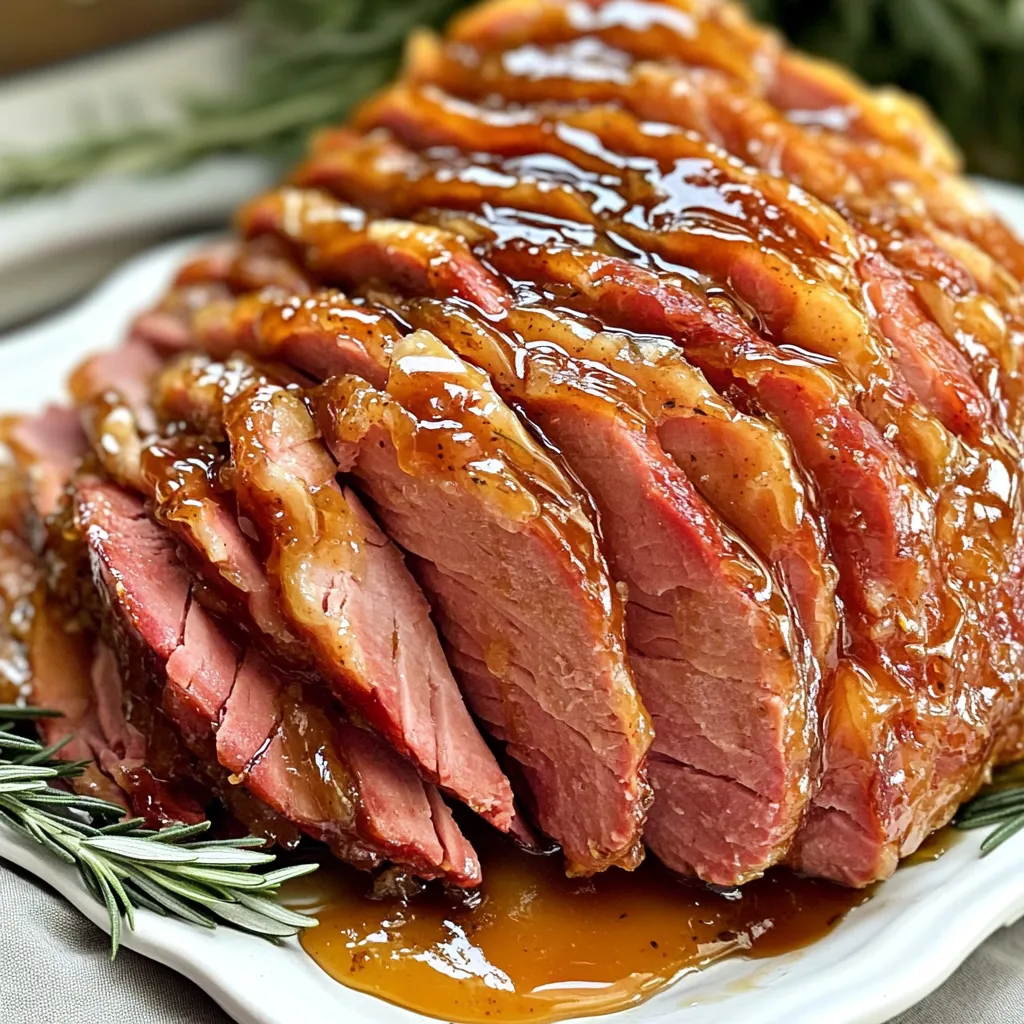 - Fully cooked ham - 5-7 pounds - Pure maple syrup - Brown sugar - packed - Dijon mustard - Apple cider vinegar - Ground cinnamon - Ground ginger - Nutmeg - Black pepper - Water Using pure maple syrup is key for this dish. It adds a sweet, rich flavor. Avoid imitation syrup, as it lacks depth. The type of ham also matters. Bone-in ham gives more flavor and moisture. Boneless ham is easier to slice but may dry out faster. Choose what fits your meal best. To start, mix the following in a medium bowl: - 1 cup pure maple syrup - 1/2 cup packed brown sugar - 1/4 cup Dijon mustard - 1/4 cup apple cider vinegar - 1 teaspoon ground cinnamon - 1/2 teaspoon ground ginger - 1/4 teaspoon nutmeg - 1/4 teaspoon black pepper This blend creates a sweet and tangy glaze. Stir until it combines well. To get the perfect consistency, the glaze should be smooth but not too runny. If it’s too thick, add a bit of water. If it’s too thin, a little extra brown sugar can help. Now, let’s move to the slow cooker. Place your fully cooked ham (about 5-7 pounds) in the slow cooker, fat side up. This helps the flavor soak in nicely. Next, pour half of the maple glaze over the ham. Be sure to cover it evenly for the best taste. Add 1/2 cup of water around the ham. This keeps it moist while it cooks. Cover the slow cooker with a lid and set it to low heat. Let the ham cook for 6-8 hours. If your ham is larger, go for the longer cooking time to ensure it heats through. Check your cooking time based on the ham size. A smaller ham may only need 6 hours, while a larger one may need up to 8 hours. You want the internal temperature to reach at least 140°F (60°C). Every couple of hours, brush the ham with the remaining glaze. This adds layers of flavor and keeps it juicy. You’ll enjoy the beautiful caramelized crust that forms when you do this. To get the best flavor from your ham, time and temperature matter. Cooking on low heat lets the flavors blend well. For most hams, you should cook it for about 6-8 hours. If your ham is larger, lean toward the longer cooking time. During cooking, use a meat thermometer. The ham needs to reach 140°F (60°C) for safety. You can add extra spices for more depth. Try adding a pinch of cloves or a splash of orange juice to the glaze. These flavors pair nicely with the sweet maple and give your ham a unique twist. Experiment with spices like allspice or cardamom for more warmth. Use your taste buds to guide you! For serving, presentation is key. Slice the ham and arrange it on a large platter. Add fresh herbs like rosemary or thyme for color. These herbs not only look good but also bring a fresh flavor. Serve it with seasonal veggies like roasted carrots or green beans. This way, you create a balanced plate. When it comes to drinks, consider pairing the ham with a light white wine. A crisp Sauvignon Blanc works nicely. If you prefer non-alcoholic options, serve sparkling apple cider. Its sweetness complements the ham well. Enjoy your meal with friends and family! {{image_2}} You can switch up the glaze to suit your taste. If you want a different sweetness, consider using honey or brown sugar. Honey adds a floral note, while brown sugar gives a rich caramel flavor. Both work well with the maple syrup base. You can also add other flavors to your glaze. A splash of orange juice adds a zesty twist. Cloves bring warmth and depth. Try adding some to the mixture for a unique touch. Mix and match until you find your favorite! Not all hams are the same, and you can adapt this recipe for different cuts. If you have a smaller ham, reduce the cooking time. A 3-4 pound ham may only need 4-6 hours on low heat. For a larger ham, like 8-10 pounds, extend the cooking time to about 8-10 hours. When cooking with different cuts, consider the shape of the ham. Bone-in hams take longer than boneless ones. Always check the internal temperature. It should reach 140°F (60°C) for safety and taste. Adjust your cooking time based on these factors to get the best results! To keep your maple glazed ham tasty, follow these tips: - Refrigerate Leftovers: Let the ham cool first. Then wrap it tightly in plastic wrap or foil. Store it in an airtight container. This keeps it fresh for up to three days. - Freezing Ham: If you want to keep it longer, slice the ham. Wrap each slice in plastic wrap and then foil. Place the slices in a freezer bag. This method keeps the ham good for up to three months. Reheat your ham carefully to keep it juicy. Here are some methods: - Oven Method: Preheat the oven to 325°F (163°C). Place the ham in a baking dish. Add a bit of water to the dish and cover it with foil. Heat for about 20 minutes per pound. - Microwave Method: Place slices on a microwave-safe plate. Add a damp paper towel on top to keep moisture. Heat in short bursts, checking every minute. You can also get creative with leftovers. Try these ideas: - Ham Sandwiches: Layer the ham with cheese and fresh veggies on bread. - Ham and Eggs: Dice the ham and mix it into scrambled eggs for breakfast. - Soup or Stew: Add leftover ham to your favorite soup for extra flavor. Cooking a ham in a slow cooker takes about 6 to 8 hours on low heat. The exact time depends on the size of the ham. A larger ham will need more time. Always check for doneness by measuring the internal temperature. The ham should reach at least 140°F (60°C) when it’s fully cooked. Use a meat thermometer to check the temperature. This ensures it’s safe to eat and still juicy. Yes, you can prep the glaze and ham a day ahead. Store the glaze in the fridge. When you are ready, place the ham in the slow cooker and pour the glaze over it. This saves time on the day you serve it. It’s best to use a fully cooked ham that is thawed. Cooking from frozen may not cook evenly. If you do use a frozen ham, increase the cooking time and check the temperature often. Maple glazed ham pairs well with many sides. Here are some ideas: - Roasted vegetables - Mashed potatoes - Green beans - Macaroni and cheese - Sweet potato casserole These sides complement the sweet and savory flavors of the ham. This article covered everything you need for a tasty maple-glazed ham. We explored ingredients, from pure maple syrup to different ham cuts. You learned step-by-step instructions for preparing the glaze and slow cooking. I shared tips for flavor and serving ideas, plus variations and storage tips. Enjoy making this dish and impress loved ones. A well-cooked ham brings everyone together with great taste and special moments. Dive into this recipe and enjoy every bite!