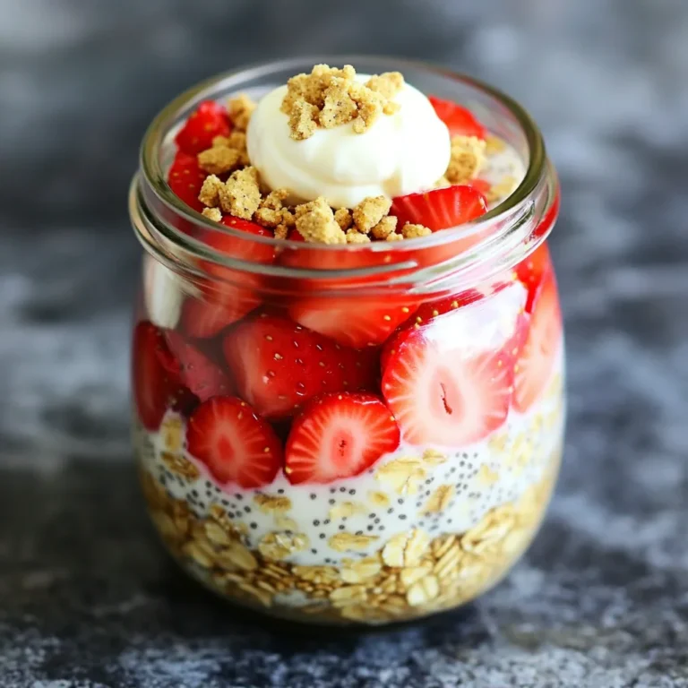 - 1 cup rolled oats - 1 cup almond milk (or any milk of choice) - 1/2 cup Greek yogurt, plain - 1 tablespoon chia seeds - 1 tablespoon protein powder (vanilla flavor) - 1 tablespoon honey or maple syrup (adjust to taste) - 1 teaspoon vanilla extract - 1 cup fresh strawberries, hulled and sliced - 2 tablespoons cream cheese, softened - Optional: crushed graham crackers for topping These ingredients come together to create a delicious high-protein strawberry cheesecake overnight oats. The rolled oats serve as a hearty base, while the almond milk adds creaminess. Greek yogurt boosts the protein content and gives a nice tang. Chia seeds help thicken the mixture and add fiber. For flavor, I love adding protein powder, which gives a sweet vanilla taste. Honey or maple syrup offers a touch of sweetness, while vanilla extract enhances the overall flavor. Fresh strawberries add a burst of freshness, and the cream cheese gives that cheesecake vibe. If you want a fun crunch, sprinkle some crushed graham crackers on top. This recipe is easy to prepare and perfect for breakfast or a snack. Just gather these ingredients, and you're ready to make a treat that tastes great and fills you up! - In a medium bowl, combine 1 cup rolled oats, 1 cup almond milk, 1/2 cup Greek yogurt, 1 tablespoon chia seeds, 1 tablespoon protein powder, 1 tablespoon honey (or maple syrup), and 1 teaspoon vanilla extract. - Stir well until all ingredients mix together completely. - Gently fold in 1 cup of sliced strawberries. - Reserve a few slices for garnishing later. - In a separate small bowl, mix 2 tablespoons of softened cream cheese with 1 teaspoon of honey. - Blend until it is smooth and creamy. - Layer the oats mixture in a jar or container. - Add dollops of the cream cheese mixture between the oat layers for that cheesecake effect. - Cover the container with a lid. - Refrigerate overnight or for at least 4 hours to let the oats soak and flavors blend. - When ready to serve, give the oats a good stir. - Garnish with the remaining strawberry slices. - Optionally, sprinkle crushed graham crackers on top for added crunch. To get the best texture, soak the oats overnight. This gives them time to absorb the liquid. If you want them creamier, add a bit more milk. You can also mix in a splash of cream or yogurt for a richer taste. You can change the sweetness to fit your taste. Start with one tablespoon of honey. If you want it sweeter, add more. For those on different diets, try using stevia or agave nectar. These options can help you cut back on sugar while still enjoying flavor. Layer the oats and cream cheese in a clear jar. This makes it look beautiful and tasty. You can use mason jars or small clear containers. Top with fresh strawberries and a sprinkle of crushed graham crackers for a fun look. This way, your overnight oats are not just good to eat but pretty to see too! {{image_2}} You can mix in other fruits to change the taste. Blueberries and raspberries work well. They add color and flavor that brightens your oats. You can also use flavored protein powders. Chocolate or strawberry protein makes it fun and tasty. Just remember to adjust the sweetness if you change flavors. If you want a dairy-free option, use coconut yogurt instead of Greek yogurt. This keeps it creamy and tasty. You can swap almond milk for any plant-based milk you like. For a vegan twist, skip the honey and use maple syrup. To make it gluten-free, choose certified gluten-free oats. This way, everyone can enjoy this delightful breakfast. Toppings can take your overnight oats to the next level. Try adding nuts like almonds or walnuts for crunch. Seeds like chia or flax can boost nutrition. You can also use different granola types for extra texture. Consider adding dark chocolate chips or coconut flakes for a sweet touch. The more toppings, the more fun! Store your High-Protein Strawberry Cheesecake Overnight Oats in the fridge. Use a glass or plastic container with a tight lid. This keeps the oats fresh and prevents them from drying out. If you have extra layers, consider using jars. Mason jars work great for this. They also let you see the pretty layers! These oats stay fresh for up to four days in the fridge. After that, the oats might get mushy or lose flavor. If you notice a sour smell or an off taste, it's best not to eat them. Always trust your senses! Yes, you can freeze these oats! To freeze, portion them into freezer-safe containers. Leave a little space at the top, as oats may expand. When you're ready to eat, take them out and thaw in the fridge overnight. You can also warm them up in the microwave. Stir well before serving to mix in any separated ingredients. Enjoy your oats just like fresh! Yes, you can use quick oats. Quick oats absorb water faster and become softer. They will give your dish a smoother texture. However, they may not hold their shape as well as rolled oats. If you use quick oats, reduce the soaking time to about 2-3 hours. Absolutely! This recipe is perfect for meal prep. You can make several servings at once. Just layer the oats in jars and store them in the fridge. They will stay fresh all week. This helps you save time on busy mornings. To make your oats creamier, try these tips: - Use more Greek yogurt or almond milk. - Blend the yogurt with the milk before mixing. - Soak the oats longer, up to 8 hours, for better absorption. Yes, you can replace Greek yogurt. If you're allergic to dairy, use coconut yogurt or almond yogurt. These options provide a similar creamy texture. They may change the flavor slightly but will still be delicious. Overnight oats last about 4-5 days in the fridge. Store them in an airtight container. Always check for any off smells or changes in texture. If they look or smell strange, it’s best to toss them out. This recipe for overnight oats mixes convenience and taste. You start with rolled oats, almond milk, and Greek yogurt for a healthy base. Adding strawberries and cream cheese gives it a creamy twist. Adjust sweetness and toppings to fit your taste. These oats are perfect for breakfast or a snack. Experiment with fruits and flavors to keep it exciting. Proper storage is key for freshness. Try this easy recipe, and enjoy a delicious, nutritious meal anytime!