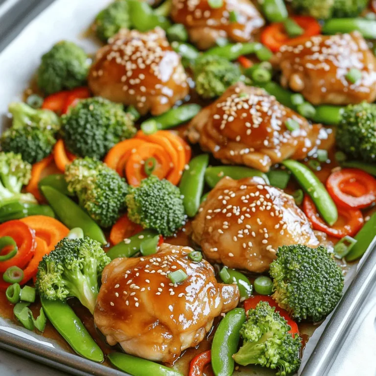 - 4 boneless, skinless chicken thighs - 2 cups broccoli florets - 1 red bell pepper, sliced - 1 cup snap peas - 1 medium carrot, thinly sliced - 1/4 cup low-sodium soy sauce - 2 tablespoons honey - 1 tablespoon rice vinegar - 2 cloves garlic, minced - 1 teaspoon fresh ginger, grated - 1 tablespoon sesame oil - 1 tablespoon cornstarch - Salt and pepper to taste - Sesame seeds and green onions for garnish To make the best teriyaki chicken, choose high-quality chicken. Look for thighs that are plump and pink. Fresh chicken should be firm and have no off smells. For veggies, pick bright broccoli and crisp peppers. Fresh snap peas should snap when you bend them. Always select seasonal produce for more flavor. You can switch soy sauce for tamari if you need it gluten-free. Use maple syrup instead of honey for a vegan option. If you prefer different veggies, try bell peppers, zucchini, or green beans. Feel free to mix up the ingredients to suit your taste or dietary needs. Start by preheating your oven to 425°F (220°C). This high heat helps cook the chicken and veggies quickly, keeping them tender. Line your sheet pan with parchment paper. This makes cleanup a breeze and helps prevent sticking. In a small bowl, mix together the marinade. Combine the low-sodium soy sauce, honey, rice vinegar, minced garlic, grated ginger, sesame oil, and cornstarch. Use a whisk to blend everything well. This creates a thick and flavorful sauce that will coat your chicken and veggies. Place the chicken thighs in a zip-top bag or a bowl. Pour half of the marinade over the chicken. Seal the bag or cover the bowl. Let the chicken marinate in the fridge for at least 30 minutes. For a stronger flavor, marinate it for up to 2 hours. The longer it sits, the better the taste. While the chicken marinates, chop your veggies. Cut the broccoli into florets, slice the red bell pepper, and thinly slice the carrot. Add the snap peas too. In a large bowl, drizzle a little olive oil over the veggies. Season with salt and pepper, then toss to coat evenly. This helps them cook well and adds flavor. Take the chicken out of the fridge. Place the thighs in the center of the sheet pan. Arrange the veggies around the chicken. Pour the remaining marinade over everything. Bake in the preheated oven for about 25-30 minutes. Check that the chicken reaches an internal temperature of 165°F (75°C). If you want a crispy top, broil for an extra 2-3 minutes. Once done, remove the sheet pan from the oven. Let it rest for a few minutes. If you like, slice the chicken for serving. Sprinkle sesame seeds and chopped green onions on top for a nice touch. Serve the dish hot on a large platter for a beautiful presentation. To know when chicken is done, check the color and temperature. The meat should be white and juices should run clear. Use a meat thermometer to ensure it reaches 165°F (75°C). If you cut into the chicken and see pink, it needs more time. This method helps you avoid dry chicken, keeping it juicy and tender. To boost the taste of your dish, consider adding a few extra spices. Red pepper flakes bring heat, while five-spice powder adds depth. You can also toss in some sliced green onions or fresh cilantro for a fresh taste. If you love garlic, try adding more minced cloves or even roasted garlic. These small changes make a big impact. Keeping your sheet pan clean is key for its longevity. After cooking, let the pan cool before cleaning. Use warm, soapy water and a non-abrasive sponge to scrub it. For tough stains, soak the pan in hot water for a bit. Avoid using metal utensils that can scratch the surface. A well-kept pan helps you cook better meals in the future. {{image_2}} You can switch chicken for other proteins. Pork works great with this dish. Use pork tenderloin for a tender bite. Tofu is a great choice, too. Press and cube the tofu before marinating. Shrimp adds a nice touch as well. Just reduce marinating time to 15 minutes. Each protein brings its own flavor and texture. Feel free to mix and match based on what you love. Using different veggies keeps your dish fresh. Seasonal vegetables like zucchini or asparagus add great taste. Leftover veggies can work too. Think of bell peppers, carrots, or even green beans. Cut them up to match similar cooking times. This keeps everything cooked evenly. The more colorful your sheet pan, the better it looks! To make this dish gluten-free, swap soy sauce for tamari. Tamari has a similar taste with no wheat. You can also use coconut aminos for a sweeter flavor. Both options work well in the marinade. Just follow the same steps as before. This way, everyone can enjoy a tasty meal! After you enjoy your teriyaki chicken and veggies, store leftovers in an airtight container. This keeps the dish fresh. Place the container in the fridge if you plan to eat it soon. If you want to save it longer, freeze the leftovers. Make sure to use freezer-safe bags or containers. This way, you can enjoy it later! When you reheat the dish, aim to keep it moist. The microwave is quick but may dry out the chicken. Instead, use the oven for the best results. Preheat your oven to 350°F (175°C). Place the chicken and veggies on a baking sheet. Cover it with foil to lock in moisture. Heat for about 15-20 minutes or until warmed through. You can also sauté them in a pan on low heat with a splash of water for extra steam. In the fridge, your teriyaki chicken and veggies will last about 3-4 days. In the freezer, they can stay good for up to 3 months. Always label your containers with the date. This helps you track how long they’ve been stored. If you notice any strange smells or colors, it's best to toss them. Yes, you can use frozen chicken. Just make sure to thaw it first. You can do this in the fridge overnight or use the microwave for quick thawing. Frozen chicken may need a longer cooking time. Always check that it reaches 165°F (75°C) for safety. To add heat, try these options: - Add red pepper flakes to the marinade. - Use sriracha sauce or chili paste. - Toss in sliced jalapeños with the veggies. Start with a small amount and adjust to your taste. Marinating the chicken is not a must, but it helps a lot. It makes the chicken more flavorful and tender. If you have time, marinate for 30 minutes to 2 hours. If you’re short on time, you can skip it, but the taste won’t be as rich. This dish pairs well with: - Steamed rice or jasmine rice - Quinoa for a healthy twist - A simple green salad to balance flavors Feel free to mix and match based on your taste! This blog post explored how to create a delicious sheet pan teriyaki chicken and veggies. We discussed ingredient selection, preparation steps, and cooking methods. Quality ingredients make a big difference, and marinating adds flavor. You can easily adapt the recipe with substitutions or variations. Remember, practice is key to mastering this dish. Enjoy experimenting with different proteins and veggies. Soon, you'll make a meal that impresses everyone. Happy cooking!