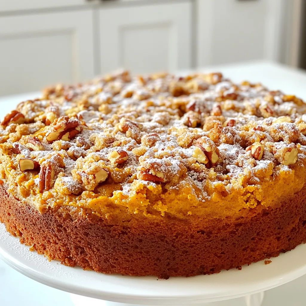 - 2 cups all-purpose flour - 1 cup granulated sugar - 1 teaspoon baking powder - 1 teaspoon baking soda - ½ teaspoon salt - 1 teaspoon ground cinnamon - ½ teaspoon ground nutmeg - ½ cup unsalted butter, softened - 1 cup pure pumpkin puree - 2 large eggs - 1 teaspoon vanilla extract - ½ cup buttermilk - ½ cup all-purpose flour - ½ cup brown sugar, packed - ½ teaspoon ground cinnamon - ¼ teaspoon salt - ¼ cup unsalted butter, melted - ½ cup chopped pecans (or walnuts) This recipe creates a warm and cozy treat. The dry ingredients blend well to form a solid base. The flour and sugar mix with baking powder, baking soda, and spices. These spices bring rich flavors to the cake. In the wet ingredients, butter and pumpkin puree add moisture. Eggs help the cake rise and bind the mix. Vanilla brings a delightful scent. Buttermilk adds tang and makes the cake tender. For the streusel, we mix flour and brown sugar. Adding melted butter creates that crumbly texture. The nuts add a nice crunch. You can swap pecans for walnuts if you prefer. All these ingredients come together to create an amazing coffee cake. - Preheat your oven to 350°F (175°C). - Grease and flour a 9x13-inch baking pan or line it with parchment paper. - In a large bowl, mix together 2 cups of flour, 1 cup of sugar, 1 teaspoon of baking powder, 1 teaspoon of baking soda, ½ teaspoon of salt, 1 teaspoon of cinnamon, and ½ teaspoon of nutmeg. - In another bowl, stir together ½ cup of softened butter, 1 cup of pumpkin puree, 2 eggs, 1 teaspoon of vanilla extract, and ½ cup of buttermilk. - Pour the wet mix into the dry mix. Stir until just blended. Small lumps are fine. - In a medium bowl, mix ½ cup of flour, ½ cup of brown sugar, ½ teaspoon of cinnamon, and ¼ teaspoon of salt. - Drizzle ¼ cup of melted butter over this mix. Stir until it feels crumbly. - Add ½ cup of chopped pecans (or walnuts) and mix well. - Pour half of the pumpkin batter into the prepared pan. Spread it evenly. - Sprinkle half of the streusel topping over the batter. - Pour the rest of the pumpkin batter on top, then sprinkle the remaining streusel topping over it. - Place the pan in the oven. Bake for 35-40 minutes. - Check if it is done by inserting a toothpick into the center. It should come out clean. - Let the cake cool in the pan for 10 minutes. - Carefully transfer it to a wire rack to cool completely. - Once cooled, slice the cake. Enjoy it with a hot cup of coffee or tea. To get the best texture for your cake, avoid overmixing the batter. This keeps the cake light and fluffy. Mix just until the ingredients combine. Small lumps in the batter are fine and will bake out. Also, use room temperature ingredients. This helps them blend easier and creates a smoother batter. To make your coffee cake even tastier, you can add extra spices. A touch more cinnamon or nutmeg brings warmth. Adding a splash of vanilla also boosts the flavor. If you want a fun twist, consider adding chocolate chips. They melt and mix well with the pumpkin, making each bite a treat. Presentation matters! Dust the top of your cooled coffee cake with powdered sugar. This adds a fancy touch. Serve slices on decorative plates for a nice look. Pair it with whipped cream for added flavor and a beautiful presentation. This makes your coffee cake not just tasty but also a feast for the eyes. {{image_2}} If you're avoiding nuts, simply leave them out. Replace them with extra spices like cloves or ginger. You could also add chocolate chips for a sweet twist. This keeps the cake rich and tasty without the crunch of nuts. For a gluten-free option, swap out the all-purpose flour. Use a gluten-free flour blend instead. Make sure the blend has a good mix of starch and protein. This will help keep the cake light and fluffy. Want to add a little more sweetness? Toss in cranberries or raisins into the batter. These fruits bring a nice contrast to the pumpkin flavor. They also add a fun chewy texture that everyone will love. Store your pumpkin streusel coffee cake in an airtight container. Keep it at room temperature. This keeps the cake fresh for a few days. The flavors will blend nicely as it sits. If you have leftovers you won’t eat soon, freeze them. Wrap each slice in plastic wrap, then in foil. This helps keep them from getting freezer burn. You can enjoy your cake later by thawing it overnight in the fridge. For a warm treat, reheat your coffee cake. Use the oven for a crispy top. Set it at 350°F and heat for about 10 minutes. You can also use the microwave for quick reheating. Just heat for about 20 seconds. Enjoy that fresh-baked taste! Yes, canned pumpkin puree works great for this recipe. It saves time and gives good flavor. I often use it in my baking. Make sure you choose pure pumpkin, not pumpkin pie filling. This keeps the taste balanced and rich. A toothpick inserted into the center should come out clean. If it has wet batter on it, bake for a few more minutes. Keep checking every 2-3 minutes. This helps avoid overbaking, which can dry out the cake. Yes, the cake can be made ahead and stored or frozen for later use. Bake the cake, then let it cool completely. Wrap it well in plastic wrap. Store it in the fridge for up to five days. For longer storage, freeze it for up to three months. It pairs well with coffee, tea, or as a dessert with whipped cream. The warm spices in the cake complement hot drinks well. Serve it at breakfast or as a sweet treat in the evening. It’s a crowd-pleaser for any occasion. This blog shared a simple, delicious pumpkin streusel coffee cake recipe. You learned about the dry and wet ingredients, and how to layer and bake them. I provided tips for texture, flavor, and presentation, plus fun variations for special diets. Remember, the secret to a perfect cake lies in the mixing and baking times. With this recipe, you can create a cozy treat, ideal for sharing. Enjoy making it and impressing your friends and family with your baking skills!
