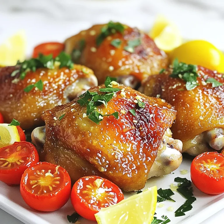 - 4 bone-in, skin-on chicken thighs - 3 tablespoons olive oil - 4 cloves garlic, minced - Zest and juice of 2 lemons - 1 teaspoon dried oregano - 1 teaspoon smoked paprika - Salt and pepper to taste - 1 cup cherry tomatoes, halved - 1 bell pepper, sliced (any color) - Fresh parsley, chopped for garnish Gather these ingredients to make a tasty Lemon Garlic Chicken Thighs dish. The chicken thighs have rich flavor because of the bone and skin. Olive oil adds a lovely, smooth texture. Garlic gives a strong, savory taste. The lemons bring bright zest and juice that brighten the whole meal. The oregano and smoked paprika add depth. Salt and pepper bring out all the flavors. Cherry tomatoes and bell peppers add sweetness and color. Fresh parsley makes it look bright and fresh. This mix of ingredients turns a simple meal into a feast. Enjoy cooking! - Preheat the oven to 425°F (220°C). - In a large mixing bowl, whisk together: - 3 tablespoons olive oil - 4 cloves garlic, minced - Zest and juice of 2 lemons - 1 teaspoon dried oregano - 1 teaspoon smoked paprika - Salt and pepper to taste This mix will be your marinade. It smells fresh and bright. - Add 4 bone-in, skin-on chicken thighs to the bowl. - Make sure the chicken is coated well. - Let it marinate for at least 30 minutes. For deeper flavor, marinate overnight in the fridge. The longer you marinate, the better the flavor. - On a large sheet pan, place the marinated chicken thighs skin side up. - Scatter 1 cup cherry tomatoes, halved, and 1 sliced bell pepper around the chicken. - Drizzle any leftover marinade over the veggies. This step adds color and flavor to the dish. - Place the sheet pan in your preheated oven. - Roast it for 35 to 40 minutes. - Check that the chicken's skin is golden brown. - Ensure the internal temperature reaches 165°F (75°C). Use a meat thermometer for best results. Let it rest for 5 minutes before serving. Marinating chicken adds great flavor. Start by mixing olive oil, garlic, lemon zest, lemon juice, oregano, smoked paprika, salt, and pepper. Make sure all the chicken thighs get coated well. Let them sit for at least 30 minutes. For even better taste, marinate overnight. This makes the meat juicy and full of flavor. To get crispy skin, place the chicken skin-side up on the sheet pan. The high heat of 425°F helps to render the fat and crisp the skin. Keep an eye on the chicken as it cooks. Check if the skin is golden brown and crisp. For the veggies, add them to the pan but make sure not to overcook them. Roasting for just 35-40 minutes works well. You want them tender but still bright and fresh. For a beautiful dish, serve right from the sheet pan. This gives it a cozy, family-style feel. If you want something more polished, transfer the chicken and veggies to a serving platter. Add fresh lemon wedges for a pop of color. For sides, consider serving with rice or a simple salad. This helps balance the meal and adds freshness to the plate. {{image_2}} You can change the taste of your dish easily. Adding herbs or spices can boost flavor. Try fresh rosemary or thyme. These herbs pair well with lemon and garlic. You can also add a pinch of red pepper flakes for heat. If you like sweet, try adding a touch of honey. If you want to switch proteins, chicken thighs are great, but other meats work well too. Pork chops or bone-in chicken breasts can be used instead. Just adjust the cooking time. Feel free to mix up your veggies! You can use zucchini or asparagus instead of bell peppers. Broccoli or green beans also fit well in this dish. Seasonal vegetables add freshness. In summer, use squash or eggplant. In fall, consider pumpkin or Brussels sprouts. Always choose what looks best at the market. This dish can fit many diets. To make it gluten-free, always check your spices. Most are safe, but some may contain gluten. For low-carb meals, skip starchy veggies. Focus on leafy greens or cauliflower. If you have nut allergies, this recipe is already safe. It does not include nuts. Always check your olive oil brand to ensure it is nut-free. To store your Lemon Garlic Chicken Thighs, let them cool first. Place leftovers in a shallow container. Use an airtight container to keep the flavors fresh. Glass or plastic containers work well. Make sure to seal tightly to avoid leaks. This helps keep the chicken juicy and tasty. Yes, you can freeze cooked Lemon Garlic Chicken Thighs! To do this, let them cool completely first. Wrap each thigh in plastic wrap or foil. Then, place them in a freezer-safe bag. Squeeze out any air before sealing. For reheating, thaw in the fridge overnight. Reheat in the oven at 350°F (175°C) for about 20 minutes. Leftovers can last in the fridge for about three to four days. In the freezer, they can stay good for up to three months. Always check for any signs of spoilage before eating. If it smells off or looks strange, it’s best to toss it. The safe cooking temperature for chicken thighs is 165°F (75°C). You can check this with a meat thermometer. Insert it into the thickest part of the thigh, without touching the bone. This ensures your chicken is safe to eat and juicy. Yes, you can use boneless chicken thighs. They cook faster than bone-in thighs. Reduce the cooking time by about 10 minutes. Keep an eye on them to avoid drying out. Boneless thighs will also be more tender and easier to eat. To reheat leftovers, use the oven or a skillet. For the oven, set it to 350°F (175°C). Place the chicken on a baking sheet and heat for about 15 minutes. You can also use a skillet. Heat it over low heat, adding a splash of broth. This helps keep the chicken moist without drying it out. This blog post covered how to make a simple and tasty Lemon Garlic Chicken Thighs dish. We talked about key ingredients, easy steps, and helpful tips. You learned how to marinate chicken, roast it perfectly, and select great sides. Those variations and storage tips ensure this dish fits your needs. Cooking can be fun. With this recipe, you can impress yourself and others. Enjoy your meal and keep experimenting!