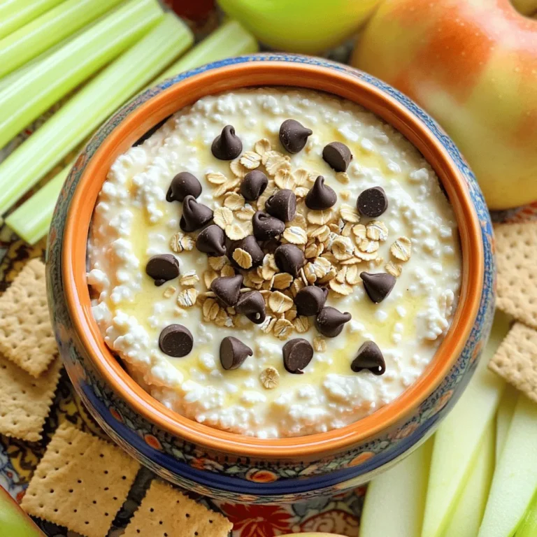 To make the High-Protein Cottage Cheese Cookie Dough Dip, you need: - 1 cup cottage cheese (preferably low-fat) - 1/3 cup natural almond or peanut butter - 2 tablespoons honey or maple syrup - 1 teaspoon vanilla extract - 1/2 cup rolled oats - 1/3 cup chocolate chips (dark or semi-sweet) - 1/4 teaspoon salt You can boost the dip’s nutrition by adding: - 1 tablespoon chia seeds - 1 tablespoon ground flaxseed These options add fiber and healthy fats without altering the taste much. When selecting your ingredients, focus on quality: - Choose low-fat cottage cheese for a creamy texture and protein. - Use natural nut butter with no added sugar or oils for a cleaner taste. - Opt for raw honey or pure maple syrup for natural sweetness. - Select dark chocolate chips for richer flavor and antioxidants. These choices will enhance the dip's flavor while keeping it healthy! To make this dip, start by gathering your ingredients. In a mixing bowl, add the cottage cheese, almond butter, honey, and vanilla extract. Mix these together with a hand mixer or a food processor. Blend until the mixture is smooth and creamy. This step is key for a nice texture. Next, add the rolled oats to the creamy mix. Stir gently by hand until the oats are evenly mixed in. This adds a delightful chewiness to the dip. Now, fold in the chocolate chips and salt. If you're using chia seeds or ground flaxseed, add them here too. This will boost the nutrition while keeping the taste great. Once everything is mixed, taste the dip. If you want it sweeter, add more honey or maple syrup. Adjusting the sweetness is fun and personal. For the best consistency, start slow. Blend the cottage cheese and nut butter first. This helps create a creamy base. If you blend too fast, you might get lumps. A hand mixer works well, but a food processor gives a smoother dip. When adding oats, stir gently. Over-mixing can make the oats mushy. You want them to stay whole for texture. If the dip feels too thick, add a splash of milk. This helps reach your desired creaminess. After mixing, transfer your dip to a serving bowl. Cover it and refrigerate for at least 30 minutes. Chilling lets the flavors blend and the dip thicken. When it's time to serve, take it out of the fridge. For a great look, serve it in a colorful bowl. You can sprinkle some chocolate chips and oats on top. Pair the dip with your favorite dippers. Apple slices, celery sticks, graham crackers, or pretzels work well. This dip is fun and tasty, perfect for sharing! To make your dip sweeter, try adding more honey or maple syrup. Start with just a little. Taste it after each addition. If you want a richer flavor, use brown sugar instead. For a low-calorie option, consider using a sugar substitute like stevia. This helps keep the sweetness without extra calories. Store your dip in an airtight container in the fridge. It stays fresh for up to three days. Always serve it cold for the best taste. Before serving, give it a quick stir. This helps mix any ingredients that may settle. For a fun touch, serve with colorful dippers like fresh fruit or graham crackers. You can add different flavors to your dip for fun. Try mixing in cinnamon or cocoa powder for a chocolate twist. Swap the almond butter for cashew or sunflower butter based on your taste. For crunch, add chopped nuts or seeds. Dried fruit, like raisins or cranberries, can also bring extra sweetness and texture. {{image_2}} You can switch up this dip with different nut butters. Try cashew or sunflower seed butter for a new taste. You could also use chocolate or vanilla extract instead of plain vanilla. Each choice adds unique flavor. This dip works well for many themes. For a party, add colorful sprinkles or festive toppings. You can make a cozy fall version by adding pumpkin spice. For a summer vibe, mix in fresh fruit or coconut. To lower calories, use lower-fat cottage cheese or skip the chocolate chips. You can also blend in more oats for a thicker dip. If you want it creamier, add a little yogurt. These changes keep it tasty and healthy. After enjoying your dip, store leftovers in an airtight container. This keeps the dip fresh and tasty. Make sure the lid seals tightly. You can use glass or plastic containers. Glass is great because it does not hold odors. This dip stays good in the fridge for about 3 to 5 days. If you notice any change in smell or color, it’s best to toss it. Always check before eating. Keeping it in the fridge helps the flavors blend well too. You can freeze this dip for up to 2 months. Use a freezer-safe container or a heavy-duty freezer bag. Leave some space at the top, as the dip will expand when frozen. To thaw, move it to the fridge for a few hours before serving. You may need to stir it to get the right texture again. Enjoy your high-protein treat later! Yes, you can use Greek yogurt in place of cottage cheese. Greek yogurt gives a creamy texture and a slight tang. However, it may change the flavor a bit. If you prefer a thicker dip, Greek yogurt is a good choice. You have many tasty options for dippers. Here are some healthy choices: - Apple slices - Celery sticks - Carrot sticks - Graham crackers - Whole-grain pretzels These dippers add crunch and flavor to your dip. They also boost the nutrition of your snack. To make this dip vegan, swap cottage cheese for a plant-based yogurt. Use almond or peanut butter that is free of added sugar. Replace honey with maple syrup or agave nectar. These swaps keep the taste great while making it vegan. This blog post explored how to make a tasty High-Protein Cottage Cheese Cookie Dough Dip. You learned the key ingredients and how to blend them for the ideal texture. I shared tips for adjusting sweetness and great storage ideas. You can easily customize flavors or make it healthier with simple swaps. This dip offers fun and healthy snacking options. Enjoy your creations, and don’t hesitate to experiment!